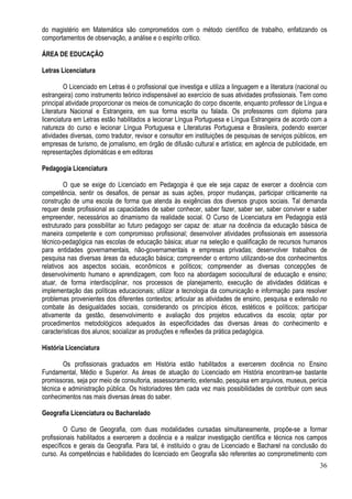 36
do magistério em Matemática são comprometidos com o método científico de trabalho, enfatizando os
comportamentos de observação, a análise e o espírito crítico.
ÁREA DE EDUCAÇÃO
Letras Licenciatura
O Licenciado em Letras é o profissional que investiga e utiliza a linguagem e a literatura (nacional ou
estrangeira) como instrumento teórico indispensável ao exercício de suas atividades profissionais. Tem como
principal atividade proporcionar os meios de comunicação do corpo discente, enquanto professor de Língua e
Literatura Nacional e Estrangeira, em sua forma escrita ou falada. Os professores com diploma para
licenciatura em Letras estão habilitados a lecionar Língua Portuguesa e Língua Estrangeira de acordo com a
natureza do curso e lecionar Língua Portuguesa e Literaturas Portuguesa e Brasileira, podendo exercer
atividades diversas, como tradutor, revisor e consultor em instituições de pesquisas de serviços públicos, em
empresas de turismo, de jornalismo, em órgão de difusão cultural e artística; em agência de publicidade, em
representações diplomáticas e em editoras
Pedagogia Licenciatura
O que se exige do Licenciado em Pedagogia é que ele seja capaz de exercer a docência com
competência, sentir os desafios, de pensar as suas ações, propor mudanças, participar criticamente na
construção de uma escola de forma que atenda às exigências dos diversos grupos sociais. Tal demanda
requer deste profissional as capacidades de saber conhecer, saber fazer, saber ser, saber conviver e saber
empreender, necessários ao dinamismo da realidade social. O Curso de Licenciatura em Pedagogia está
estruturado para possibilitar ao futuro pedagogo ser capaz de: atuar na docência da educação básica de
maneira competente e com compromisso profissional; desenvolver atividades profissionais em assessoria
técnico-pedagógica nas escolas de educação básica; atuar na seleção e qualificação de recursos humanos
para entidades governamentais, não-governamentais e empresas privadas; desenvolver trabalhos de
pesquisa nas diversas áreas da educação básica; compreender o entorno utilizando-se dos conhecimentos
relativos aos aspectos sociais, econômicos e políticos; compreender as diversas concepções de
desenvolvimento humano e aprendizagem, com foco na abordagem sociocultural de educação e ensino;
atuar, de forma interdisciplinar, nos processos de planejamento, execução de atividades didáticas e
implementação das políticas educacionais; utilizar a tecnologia da comunicação e informação para resolver
problemas provenientes dos diferentes contextos; articular as atividades de ensino, pesquisa e extensão no
combate às desigualdades sociais, considerando os princípios éticos, estéticos e políticos; participar
ativamente da gestão, desenvolvimento e avaliação dos projetos educativos da escola; optar por
procedimentos metodológicos adequados às especificidades das diversas áreas do conhecimento e
características dos alunos; socializar as produções e reflexões da prática pedagógica.
História Licenciatura
Os profissionais graduados em História estão habilitados a exercerem docência no Ensino
Fundamental, Médio e Superior. As áreas de atuação do Licenciado em História encontram-se bastante
promissoras, seja por meio de consultoria, assessoramento, extensão, pesquisa em arquivos, museus, perícia
técnica e administração pública. Os historiadores têm cada vez mais possibilidades de contribuir com seus
conhecimentos nas mais diversas áreas do saber.
Geografia Licenciatura ou Bacharelado
O Curso de Geografia, com duas modalidades cursadas simultaneamente, propõe-se a formar
profissionais habilitados a exercerem a docência e a realizar investigação científica e técnica nos campos
específicos e gerais da Geografia. Para tal, é instituído o grau de Licenciado e Bacharel na conclusão do
curso. As competências e habilidades do licenciado em Geografia são referentes ao comprometimento com
 