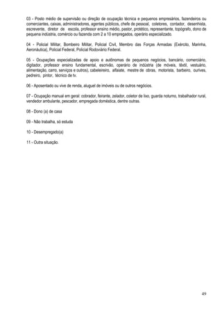 49
03 - Posto médio de supervisão ou direção de ocupação técnica e pequenos empresários, fazendeiros ou
comerciantes, caixas, administradores, agentes públicos, chefe de pessoal, coletores, contador, desenhista,
escrevente, diretor de escola, professor ensino médio, pastor, protético, representante, topógrafo, dono de
pequena indústria, comércio ou fazenda com 2 a 10 empregados, operário especializado.
04 - Policial Militar, Bombeiro Militar, Policial Civil, Membro das Forças Armadas (Exército, Marinha,
Aeronáutica), Policial Federal, Policial Rodoviário Federal.
05 - Ocupações especializadas de apoio e autônomas de pequenos negócios, bancário, comerciário,
digitador, professor ensino fundamental, escrivão, operário de indústria (de móveis, têxtil, vestuário,
alimentação, carro, serviços e outros), cabeleireiro, alfaiate, mestre de obras, motorista, barbeiro, ourives,
pedreiro, pintor, técnico de tv.
06 - Aposentado ou vive de renda, aluguel de imóveis ou de outros negócios.
07 - Ocupação manual em geral: cobrador, feirante, zelador, coletor de lixo, guarda noturno, trabalhador rural,
vendedor ambulante, pescador, empregada doméstica, dentre outras.
08 - Dono (a) de casa
09 - Não trabalha, só estuda
10 - Desempregado(a)
11 - Outra situação.
 