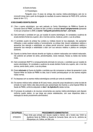 57
d) Exame de fezes:
(1) Parasitológico.
Parágrafo único: O prazo de entrega dos exames médico-odontológicos será de no
mínimo30 (trinta) dias a partir da divulgação do resultado do exame intelectual do PAES 2016, conforme
tabela do item 13.1).
8 DOS EXAMES ODONTOLÓGICOS
8.1. Para o exame odontológico, que será realizado no Centro Odontológico da PMMA,no Quartel do
Comando Geral da PMMA, na cidade de São Luís-MA,o candidato deverá obrigatoriamente apresentar
no dia que comparecer à JEMS, o exame “radiografia panorâmica da face”, com laudo.
8.2. Será eliminado o candidato em que, por ocasião do exame odontológico, for constatada a ausência de
arcada dentária frontal e/ou superior, até o nível dos caninos. Aceita-se, porém, o uso de prótese.
8.3. O candidato usuário de prótese fixa (unitária ou múltipla) deverá ter boa adaptação, não apresentar
infiltrações e estar aceitável estética e funcionalmente; se prótese total, deverá restabelecer estética e
apresentar boa retenção e estabilidade; se prótese parcial removível, deverá restabelecer estética e
apresentar boa retenção e estabilidade e estar com sua estrutura metálica e plástica em condições
aceitáveis.
8.4. Quando os dentes forem naturais deverão ser hígidos ou estarem restaurados com material restaurador,
não podendo ser portador de cáries, periodontopatias, raízes residuais, fístulas ou lesões dos tecidos
moles.
8.5. Será considerado INAPTO e consequentemente eliminado do concurso, o candidato que por ocasião do
exame odontológico, for constatada a ausência da arcada dentária frontal e/ou superior, até o nível dos
caninos, sendo aceito, porém, o uso de prótese.
8.6. Estará eliminado do Exame de Aptidão o candidato que não comparecer ou deixar de apresentar à Junta
Especial Militar de Saúde da PMMA na data, local e horário previstoqualquer um dos exames exigidos
nestas normas.
8.7. As despesas com os exames médico-odontológicos correrão por conta do candidato.
8.8. Os exames médicos terão validade de 06 (seis) meses, possuindo prazo decadencial a contar da data de
emissão do laudo médico atéa data prevista para apresentação dos Exames a Junta Especial Militar de
Saúde da PMMA, conforme estipulado no item 1 do Apêndice B, destas normas.
8.9. O processo de avaliação e de recursos concernentes aos exames médico-odontológicos será disposto
conforme quadro abaixo, no que tange aos prazos estabelecidos, com suas respectivas datas a
realização do devido procedimento administrativo:
DATA/PRAZO PROCEDIMENTO ADMINISTRATIVO
07/03/2016
Prazo limite para entrada com recurso (capital e interior), até o horário das 13h30 na
Ajudância Geral da PMMA no Quartel do Comando Geral, sito na Av. Jerônimo de
Albuquerque, s/n, Calhau, em São Luís.
 