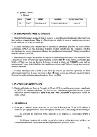62
III – EXAMES FÍSICOS
a) São Luís
ORD EXAME DATAS HORÁRIO RESULTADO FINAL
01 FÍSICO 05 a 08/04/2016 7h30às 12h e 15h às 18h 22/04/2016
14 DA HABILITAÇÃO NAS FASES DO CONCURSO
14.1 Estarão habilitados para a segunda fase do concurso os candidatos considerados aprovados na primeira
fase, conforme o item 6.4 deste Edital. A UEMA divulgará a relação de todos os candidatos aprovados no
exame intelectual, por ordem de classificação.
14.2 Estarão habilitados para a terceira fase do concurso os candidatos aprovados no exame médico-
odontológico. A PMMA por meio da Diretoria de Ensino remeterá a UEMA até o dia 11/03/2016, a Ata final
dos resultados dos exames médicos-odontológicos dos candidatos considerados APTOS para divulgação no
endereço eletrônico na UEMA.
14.3 Estarão habilitados para a quarta fase do concurso os candidatos aprovados no Exame de aptidão Física
e classificados dentro do número de vagas oferecidas, conforme item 1.1 destas normas, matriculados pela
UEMA. A PMMA, por meio da Diretoria de Ensino, remeterá a UEMA, até 22/04/2016 a Ata final dos
resultados dos Exames de Aptidão Física dos candidatos considerados APTOS para divulgação no endereço
eletrônico da UEMA.
14.4 Estarão habilitados para a quinta e sexta fases do concurso os candidatos aprovados nas fases
anteriores dentro do limite de vagas oferecidas no item 1.1 destas normas, que efetuarem a sua matrícula no
Curso de Formação de Oficiais na Coordenação do Curso, na UEMA.
15 DA APROVAÇÃO E CLASSIFICAÇÃO
15.1 Serão matriculados, no Curso de Formação de Oficiais (CFO),os candidatos aprovados e classificados
no PAES/2016 e habilitados nas fases 1, 2 e 3 do concurso, no limite das vagas oferecidas para os sexos
masculino e feminino oferecidas no Edital nº 80/2015 – REITORIA/UEMA, e especificadas no item 1.1
destas normas.
16 DA MATRÍCULA
16.1 Para que o candidato tenha a sua matricula no Curso de Formação de Oficiais (CFO) deferida, é
necessário que faça apresentar no ato da efetivação da mesma Junto à UEMA a seguinte documentação:
a) certificado de alistamento militar, reservista ou de dispensa de incorporação (original e
fotocópia);
b) cédula de identidade civil ou militar (original e fotocópia) e, na falta desta, uma certidão do seu
Comandante de Unidade comprovando a sua condição de militar, quando for o caso:
 