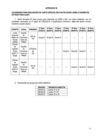 71
APÊNDICE B
CALENDÁRIO PARA REALIZAÇÃO DA JUNTA ESPECIAL MILITAR DE SAÚDE (JEMS) E EXAMES DE
APTIDÃO FÍSICA (EAF)
1. Serão formados 03 (três) grupos para realização da JEMS e EAF, por ordem alfabética, com os
candidatos aprovados na 2ª etapa do PAES/2016 e classificados conforme o item 6.4 destas normas,
mediante o quadro abaixo.
EVENTO LOCAL HORÁRIO
3ª feira
01/03/16
4ª feira
02/03/16
5ª feira
03/03/16
3ª feira
05/04/16
4ª feira
06/04/16
5ª feira
07/04/16
6ª feira
08/04/16
Junta
Especial
Militar de
Saúde
(JEMS)
Quartel
do
Comando
Geral da
PMMA
08h às
13h
Grupo A Grupo B Grupo C - - - -
Exame
de
Aptidão
Física
(EAF) 1ª
Etapa
Quartel
do
Comando
Geral da
PMMA
07h30min
às
12h
- - - Grupo A Grupo B Grupo C -
Exame
de
Aptidão
Física
(EAF) 2ª
Etapa
Quartel
do
Comando
Geral da
PMMA
15h às
18h
- - - - Grupo A Grupo B Grupo C
2. Composição dos grupos por ordem alfabética:
GRUPOS ORDEM ALFABÉTICA
GRUPO A Letras “A” a “H”
GRUPO B Letras “I” a “P”
GRUPO C Letras “Q” a “Z”
 