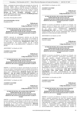 Pernambuco , 30 de Dezembro de 2019 • Diário Oficial dos Municípios do Estado de Pernambuco • ANO XI | Nº 2489
www.diariomunicipal.com.br/amupe 10
Objeto : contratação de pessoa jurídica para prestação de serviços de
Assessoria Jurídica, junto a Autarquia de Ensino Superior de
Arcoverde - AESA, conforme termo de referência. Considerando a
regularidade do procedimento com base no inc. VI do art. 43 da lei
8666/93 homologar e adjudicar o item do objeto licitado, a empresa
Barbosa & Couto Advogados Associados, CNPJ nº
09.186.210/0001-90, com o valor global de R$ 44.400,00 (quarenta e
quatro mil e quatrocentos reais).
Arcoverde, 26 de dezembro de 2019.
WAGNER BEZERRA NEVES
Presidente da CPL
Publicado por:
Wagner Bezerra Neves
Código Identificador:156DFF1D
FUNDO MUNICIPAL DE SAUDE-FMS/COMISSÃO
PERMAMENTE DE LICITAÇÃO CPL
HOMOLOCAÇÃO E EXTRATO DE CONTRATO POR
DISPENSA DE LICITAÇÃO EM RAZÃO DO VALOR Nº
25/2019
OBJETO: Aquisição de medicamentos injetáveis que não foram
cotados no procedimento licitatório, para atender as necessidades da
UPA-DIA e da POLICLÍNICA Dr. Paulo Rabello, por um período de
12 (doze) meses. CONTRATADA: PHARMAPLUS LTDA CNPJ:
03.817.043/0001-52, NO VALOR GLOBAL DE R$ 17.469,80
(DEZESSETE MIL E QUATROCENTOS E SESSENTA E NOVE
REAIS).
ARCOVERDE 7, de Outubro de 2019
NALDSON GALLINDO
Fiscal de Compras
Publicado por:
Aceone Rafael Alves
Código Identificador:392E4FA8
FUNDO MUNICIPAL DE SAUDE-FMS/COMISSÃO
PERMAMENTE DE LICITAÇÃO CPL
HOMOLOCAÇÃO E EXTRATO DE CONTRATO POR
DISPENSA DE LICITAÇÃO EM RAZÃO DO VALOR Nº
26/2019
OBJETO: A contratação de empresa especializada em prestação de
serviços de cópias e encadernações para as unidades pertencentes a
secretaria Municipal de saúde de Arcoverde, por um período de 12
(doze) meses. CONTRATADA: JOCIMAR VILELA DA SILVA
GRÁFICA – ME, DE NOME FANTASIA ZYP GRÁFICA com
CNPJ: 08.463.070/0001-98, NO VALOR GLOBAL DE R$ 15.794,52
(QUINZE MIL, SETECENTOS E NOVENTA E QUATRO REAIS E
CINQUENTA E DOIS CENTAVOS).
ARCOVERDE 7, de Outubro de 2019
NALDSON GALLINDO
Fiscal de Compras
Publicado por:
Aceone Rafael Alves
Código Identificador:A496C1B5
FUNDO MUNICIPAL DE SAUDE-FMS/COMISSÃO
PERMAMENTE DE LICITAÇÃO CPL
HOMOLOCAÇÃO E EXTRATO DE CONTRATO POR
DISPENSA DE LICITAÇÃO EM RAZÃO DO VALOR Nº
27/2019
OBJETO: A contratação de empresa especializada para a aquisição
de porta radiológica, visando adequar a sala de raio-x da UPA-DIA
Dr. José Alves Cavalcanti, localizada no bairro do São Cristóvão, por
um período de 12 (doze) meses. CONTRATADA: PRO-RAD
COMÉRCIO LTDA, com CNPJ: 00.656.179/0001-30, NO VALOR
GLOBAL DE R$ 6.000,00 (SEIS MIL REAIS).
ARCOVERDE 8, de Outubro de 2019
NALDSON GALLINDO
Fiscal de Compras
Publicado por:
Aceone Rafael Alves
Código Identificador:2C6CEA36
FUNDO MUNICIPAL DE SAUDE-FMS/COMISSÃO
PERMAMENTE DE LICITAÇÃO CPL
HOMOLOCAÇÃO E EXTRATO DE CONTRATO POR
DISPENSA DE LICITAÇÃO EM RAZÃO DO VALOR Nº
28/2019
OBJETO: O presente procedimento de dispensa de licitação, visa
adquirir material de limpeza para atender as necessidades das
unidades de saúde da secretaria municipal de saúde, por um período
de 12 (doze) meses. CONTRATADA: ESPERANÇA
SUPERMERCADO LTDA com CNPJ: 13.299.943/0001-09, NO
VALOR GLOBAL DE R$ 16.165,02 (DEZESSEIS MIL, CENTO E
SESSENTA E CINCO REAIS E DOIS CENTAVOS).
ARCOVERDE 30, de Outubro de 2019
NALDSON GALLINDO
Fiscal de Compras
Publicado por:
Aceone Rafael Alves
Código Identificador:2124E10E
FUNDO MUNICIPAL DE SAUDE-FMS/COMISSÃO
PERMAMENTE DE LICITAÇÃO CPL
HOMOLOCAÇÃO E EXTRATO DE CONTRATO POR
DISPENSA DE LICITAÇÃO EM RAZÃO DO VALOR Nº
29/2019
OBJETO: O presente procedimento de dispensa de licitação, visa
adquirir materiais permanente, equipamentos odontológicos, por
meio das seguintes emendas parlamentares: EMENDA
PARLAMENTAR 36860001, PROPOSTA DO MINISTÉRIO DA
SAÚDE Nº 10339.635000/1170-01, EMENDA PARLAMENTAR
37890004, E PROPOSTA DO MINISTÉRIO DA SAÚDE Nº
10339.635000/1160-14, EMENDA PARLAMENTAR 36860002 E
PROPOSTA DO MINISTÉRIO DA SAÚDE Nº 10339.635000/1160-
02, EMENDA PARLAMENTAR 10710011 E PROPOSTAPELO
MINISTÉRIO DA SAÚDE Nº 10339.635000/1160-04, por um período
de 12 (doze) meses. CONTRATADA: COM REP MACIEL
CAVALCANTI LTDA COM NOME FANTASIA DENTAL
GARANHUNS com CNPJ: 00.956.869/0001-04, NO VALOR
GLOBAL DE R$ 13.537,00 (TREZE MIL, QUINHENTOS E TRINTA
E SETE REAIS).
ARCOVERDE 5, de Novembro de 2019
NALDSON GALLINDO
Fiscal de Compras
Publicado por:
Aceone Rafael Alves
Código Identificador:351FD6F8
FUNDO MUNICIPAL DE SAUDE-FMS/COMISSÃO
PERMAMENTE DE LICITAÇÃO CPL
HOMOLOCAÇÃO E EXTRATO DE CONTRATO POR
DISPENSA DE LICITAÇÃO EM RAZÃO DO VALOR Nº
30/2019
OBJETO: O presente procedimento de dispensa de licitação, visa
adquirir materiais permanente, por meio das seguintes emendas
parlamentares: EMENDA PARLAMENTAR 36860001, PROPOSTA
DO MINISTÉRIO DA SAÚDE Nº 10339.635000/1170-01, EMENDA
PARLAMENTAR 12180002, E PROPOSTA DO MINISTÉRIO DA
SAÚDE Nº 10339.635000/1160-01, EMENDA PARLAMENTAR
37820003 E PROPOSTA DO MINISTÉRIO DA SAÚDE Nº
10339.635000/1160-07, EMENDA PARLAMENTAR 37820007 E
 