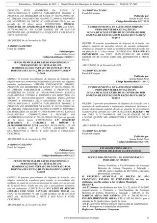 Pernambuco , 30 de Dezembro de 2019 • Diário Oficial dos Municípios do Estado de Pernambuco • ANO XI | Nº 2489
www.diariomunicipal.com.br/amupe 11
PROPOSTA PELO MINISTÉRIO DA SAÚDE Nº
10339.635000/1160-13, EMENDA PARLAMENTAR 36860002 E
PROPOSTA DO MINISTÉRIO DA SAÚDE Nº 10339.635000/1160-
02, EMENDA PARLAMENTAR 12180001/27230009 E PROPOSTA
DO MINISTÉRIO DA SAÚDE Nº 10339.635000/1150-01,por um
período de 12 (doze) meses. CONTRATADA: MEDICAL
MERCANTIL DE APARELHAGEM MÉDICA LTDA com CNPJ:
10.779.833/0001-56, NO VALOR GLOBAL DE R$ 16.551,20
(DEZESSEIS MIL, QUINHENTOS E CINQUENTA E UM REAIS E
VINTE CENTAVOS).
ARCOVERDE 06, de Novembro de 2019
NALDSON GALLINDO
Fiscal de Compras
Publicado por:
Aceone Rafael Alves
Código Identificador:546D4211
FUNDO MUNICIPAL DE SAUDE-FMS/COMISSÃO
PERMAMENTE DE LICITAÇÃO CPL
HOMOLOCAÇÃO E EXTRATO DE CONTRATO POR
DISPENSA DE LICITAÇÃO EM RAZÃO DO VALOR Nº
31/2019
OBJETO: O presente procedimento de dispensa de licitação, visa
adquirir materiais permanente de informática, por meio das seguintes
emendas parlamentares: EMENDA PARLAMENTAR 36860001,
PROPOSTA DO MINISTÉRIO DA SAÚDE Nº 10339.635000/1170-
01, EMENDA PARLAMENTAR 12180002, E PROPOSTA DO
MINISTÉRIO DA SAÚDE Nº 10339.635000/1160-01, EMENDA
PARLAMENTAR 37820003 E PROPOSTA DO MINISTÉRIO DA
SAÚDE Nº 10339.635000/1160-07, EMENDA PARLAMENTAR
37820007 E PROPOSTA PELO MINISTÉRIO DA SAÚDE Nº
10339.635000/1160-13, EMENDA PARLAMENTAR 36860002 E
PROPOSTA DO MINISTÉRIO DA SAÚDE Nº 10339.635000/1160-
02, EMENDA PARLAMENTAR 12180001/27230009 E PROPOSTA
DO MINISTÉRIO DA SAÚDE Nº 10339.635000/1160-04, EMENDA
PARLAMENTAR 12180001/27230009 E PROPOSTA DO
MINISTÉRIO DA SAÚDE Nº 10339.635000/1150-01,por um período
de 12 (doze) meses. CONTRATADA: LW COMÉRCIO
ATACADISTA E VAREJISTA DE MÓVEIS E
ELTRODOMÉSTICOS LTDA comCNPJ: 40.856.999/0021-33, NO
VALOR GLOBAL DE R$ 17.437,50 (DEZESSETE MIL,
QUATROCENTOS E TRINTA E SETE REAIS E CINQUENTA
CENTAVOS).
ARCOVERDE 14, de Novembro de 2019
NALDSON GALLINDO
Fiscal de Compras
Publicado por:
Aceone Rafael Alves
Código Identificador:64D7AB28
FUNDO MUNICIPAL DE SAUDE-FMS/COMISSÃO
PERMAMENTE DE LICITAÇÃO CPL
HOMOLOCAÇÃO E EXTRATO DE CONTRATO POR
DISPENSA DE LICITAÇÃO EM RAZÃO DO VALOR Nº
32/2019
OBJETO: O presente procedimento de dispensa de licitação, visa
adquirir material de expediente para atender as necessidades das
unidades de saúde da secretaria municipal de saúde, por um período
de 02 (dois) meses. Tendo em vista que o procedimento licitatório
está em andamento - CONTRATADA: M C LEITE DE ARAÚJO-
LIVRARIA COM NOME FANTASIA OUSADIA MODAS com
CNPJ: 04.756.000/0001-77, NO VALOR GLOBAL DE R$ 10.726,20
(DEZ MIL, SETECENTOS E VINTE E SEIS REAIS E VINTE
CENTAVOS).
ARCOVERDE 18, de Novembro de 2019
NALDSON GALLINDO
Fiscal de Compras
Publicado por:
Aceone Rafael Alves
Código Identificador:BF27AE3E
FUNDO MUNICIPAL DE SAUDE-FMS/COMISSÃO
PERMAMENTE DE LICITAÇÃO CPL
HOMOLOCAÇÃO E EXTRATO DE CONTRATO POR
DISPENSA DE LICITAÇÃO EM RAZÃO DO VALOR Nº
33/2019
OBJETO: O presente procedimento de dispensa de licitação, visa
adquirir material de utensílios através de emenda parlamentar,
destinada as unidades de saúde da secretaria municipal de saúde, por
um período de 12 (doze) meses. CONTRATADA: PERNAMBUCO
IMPORTADOS com CNPJ: 33.023.972/0001-50, NO VALOR
GLOBAL DE R$ 8.530,00 (OITO MIL, QUINHENTOS E TRINTA
REAIS).
ARCOVERDE 18, de Novembro de 2019
NALDSON GALLINDO
Fiscal de Compras
Publicado por:
Aceone Rafael Alves
Código Identificador:851DBA7C
FUNDO MUNICIPAL DE SAUDE-FMS/COMISSÃO
PERMAMENTE DE LICITAÇÃO CPL
HOMOLOCAÇÃO E EXTRATO DE CONTRATO POR
DISPENSA DE LICITAÇÃO EM RAZÃO DO VALOR Nº
34/2019
OBJETO: O presente procedimento de dispensa de licitação, visa a
aquisição de medicamentos e suplementos alimentares destinados a
atender determinação judicial, devido ao aguardo do procedimento
licitatório deste corrente ano. CONTRATADA: F.C BEZERRA - ME
com CNPJ: 11.717.164/0001-50, NO VALOR GLOBAL DE R$
15.895,00 (QUINZE MIL, OITOCENTOS E NOVENTA E CINCO
REAIS).
ARCOVERDE 10, de Dezembro de 2019
NALDSON GALLINDO
Fiscal de Compras
Publicado por:
Aceone Rafael Alves
Código Identificador:B2076583
ESTADO DE PERNAMBUCO
MUNICÍPIO DE BELÉM DO SÃO FRANCISCO
SECRETARIA MUNICIPAL DE ADMINISTRAÇÃO
PORTARIA N° 193/2019
Nomeia Presidente e Vice-Presidente da Autarquia
Belemita de Cultura, Desportos e Educação –
ABCDE, para o mandato de 2019-2023, e dá outras
providências correlatas.
O PREFEITO MUNICIPAL DE BELÉM DO SÃO
FRANCISCO, ESTADO DE PERNAMBUCO, no uso das
atribuições que lhe confere a Lei Orgânica Municipal,
RESOLVE,
Art. 1°. Nomear, em obediência aos Arts. 22 e 23, da Lei Nº 04/2007,
respectivamente, o Presidente e Vice-Presidente da Autarquia
Belemita de Cultura, Desportos e Educação – ABCDE, os Srs:
MARCOS SILVA DOS SANTOS, CPF nº 296.142.954-49 e
INALDO MORENO DE SOUSA, CPF nº 682.365.304-34, para o
mandato de 04 (quatro) anos, a partir da posse.
Art. 2º. A presente Portaria entra em vigor na data de sua publicação.
Art. 3º. Revogam-se as disposições em contrário.
Registre-se. Publique-se. Cumpra-se
 