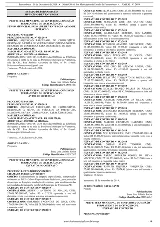 Pernambuco , 30 de Dezembro de 2019 • Diário Oficial dos Municípios do Estado de Pernambuco • ANO XI | Nº 2489
www.diariomunicipal.com.br/amupe 134
ESTADO DE PERNAMBUCO
MUNICÍPIO DE VENTUROSA
PREFEITURA MUNICIPAL DE VENTUROSA-COMISSÃO
PERMANENTE DE LICITAÇÃO-CPL
FUNDO MUNICIPAL DE SAUDE DE VENTUROSA AVISO DE
LICITAÇÃO
PROCESSO Nº 032/2019
PREGÃO PRESENCIAL Nº 021/2019
OBJETO: AQUISIÇÃO PARCELADA DE COMBUSTÍVEL
DESTINADO A FROTA DE VEÍCULOS DO FUNDO MUNICIPAL
DE SAÚDE DE VENTUROSA PARA O EXERCÍCIO DE 2020.
NATUREZA: COMPRAS;
VALOR MÁXIMO ACEITÁVEL: R$ 697.187,50;
ABERTURA: 13/01/2020 AS 09h00min.
INFORMAÇÕES FONE 087-3833-1138 das 08h00min as 13h00min
de segunda a sexta ou na sede da Prefeitura Municipal de Venturosa,
sala da CPL, Rua Antônio Alexandre da Silva, nº 34. E-mail:
licitacaosaudeventurosa@gmail.com.
Venturosa, 27 de dezembro de 2019.
ROSINEY DA SILVA
Pregoeira.
Publicado por:
Isaac Luiz Libório Rocha
Código Identificador:CD09E7EE
PREFEITURA MUNICIPAL DE VENTUROSA-COMISSÃO
PERMANENTE DE LICITAÇÃO-CPL
AVISO DE LICITAÇÃO
PROCESSO Nº 043/2019.
PREGÃO PRESENCIAL Nº 028/2019
OBJETO: AQUISIÇÃO PARCELADA DE COMBUSTÍVEL
DESTINADO A FROTA DE VEÍCULOS DA PREFEITURA
MUNICIPAL DE VENTUROSA PARA O EXERCÍCIO DE 2020.
NATUREZA: COMPRAS;
VALOR MÁXIMO ACEITÁVEL: R$ 1.839.250,00;
ABERTURA: 13/01/2020 AS 11h00min.
INFORMAÇÕES FONE 087-3833-1138 das 08h00min as 13h00min
de segunda a sexta ou na sede da Prefeitura Municipal de Venturosa,
sala da CPL, Rua Antônio Alexandre da Silva, nº 34. E-mail:
licitacao.pmv@hotmail.com.
Venturosa, 27 de dezembro de 2019.
ROSINEY DA SILVA
Pregoeira.
Publicado por:
Isaac Luiz Libório Rocha
Código Identificador:93B2C267
PREFEITURA MUNICIPAL DE VENTUROSA-COMISSÃO
PERMANENTE DE LICITAÇÃO-CPL
EXTRATOS DE CONTRATO
PROCESSO LICITATÓRIO Nº 034/2019
CHAMADA PUBLICA Nº 003/2019
OBJETO: Credenciamento de empresa especializada, transportador
autônomo ou MEI – Micro Empreendedor Individual, para prestação
de serviços de locação e condução de veículos, para atendimento das
necessidades do transporte escolar do Município de Venturosa-PE;
EXTRATO DE CONTRATO Nº 068/2019
CONTRATADO: ALBERTO ANTONIO DE ARAUJO; CNPJ:
27.059.242/0001-07; Valor: R$ 41.221,76 (quarenta e um mil
duzentos e vinte e um reais e setenta e seis centavos centavos);
EXTRATO DE CONTRATO Nº 069/2019
CONTRATADO: DORAIDES FAGUNDES DE LIMA; CNPJ:
27.025.084/0001-74; Valor: R$ 28.760,00 (vinte e oito mil setecentos
e sessenta reais);
EXTRATO DE CONTRATO Nº 070/2019
CONTRATADO: ELIAS LINO; CNPJ: 27.101.580/0001-60; Valor:
R$ 30.476,40 (trinta mil quatrocentos e setenta e seis reais e quarenta
centavos);
EXTRATO DE CONTRATO Nº 071/2019
CONTRATADO: FERNANDO JOSÉ DOS SANTOS; CNPJ:
27.067.558/0001-40; Valor: R$ 34.045,00 (trinta e quatro mil
quarenta e cinco reais);
EXTRATO DE CONTRATO Nº 072/2019
CONTRATADO: GILDELANEA BEZERRA DOS SANTOS;
CNPJ: 18.955.108/0001-01; Valor: R$ 45.607,60 (quarenta e cinco
mil seiscentos e sete reais e sessenta centavos);
EXTRATO DE CONTRATO Nº 073/2019
CONTRATADO: IVANILDO ALMEIDA ARCOVERDE; CNPJ:
27.145.890/0001-86; Valor: R$ 57.978,40 (cinquenta e sete mil
novecentos e setenta e oito reais e quarenta centavos);
EXTRATO DE CONTRATO Nº 074/2019
CONTRATADO: JOÃO TORQUATO DE SOUZA; CNPJ:
27.067.374/0001-80; Valor: R$ 41.678,00 (quarenta e um mil
seiscentos e setenta e oito reais);
EXTRATO DE CONTRATO Nº 075/2019
CONTRATADO: JOSÉ CIRO DE AZEVDO JUNIOR; CNPJ:
31.164.582/0001-75; Valor: R$ 41.580,00 (quarenta e um mil
quinhentos e oitenta reais);
EXTRATO DE CONTRATO Nº 076/2019
CONTRATADO: SEBASTIÃO TORQUATO DE SOUZA; CNPJ:
27.113.222/0001-77; Valor: R$ 24.051,60 (vinte e quatro mil
cinquenta e um reais e sessenta centavos);
EXTRATO DE CONTRATO Nº 077/2019
CONTRATADO: SIDICLEI DANILO SOARES DE ARAUJO;
CNPJ: 29.266.873/0001-22; Valor: R$ 42.780,00 (quarenta e dois mil
setecentos e oitenta reais);
EXTRATO DE CONTRATO Nº 078/2019
CONTRATADO: JOSEMAR PORCIANO DA SILVA; CNPJ:
18.256.712/0001-31; Valor: R$ 30.709,80 (trinta mil setecentos e
nove reais e oitenta centavos);
EXTRATO DE CONTRATO Nº 079/2019
CONTRATADO: JUCENILDO DOMINGOS BESERRA; CNPJ:
27.037.568/0001-33; Valor: R$ 34.646,00 (trinta e quatro mil
seiscentos e quarenta e seis reais);
EXTRATO DE CONTRATO Nº 080/2019
CONTRATADO: MARCIO CRISTIANO GALINDO; CNPJ:
18.255.883/0001-46; Valor: R$ 31.303,80 (trinta e um mil trezentos e
três reais e oitenta centavos);
EXTRATO DE CONTRATO Nº 081/2019
CONTRATADO: NOÉ RODRIGUES; CNPJ: 27.035.042/0001-14
Valor: R$ 27.268,80 (vinte e sete mil duzentos e sessenta e oito reais e
oitenta centavos);
EXTRATO DE CONTRATO Nº 082/2019
CONTRATADO: OSMAN ALVES TENÓRIO; CNPJ:
34.771.643/0001-50 Valor: R$ 23.493,60 (vinte e três mil seiscentos
quatrocentos e noventa e três reais e sessenta centavos);
EXTRATO DE CONTRATO Nº 083/2019
CONTRATADO: PAULO ROBERTO GOMES DA SILVA
MACEDO; CNPJ: 27.101.332/0001-19; Valor: R$ 26.352,00 (vinte e
seis mil trezentos e cinquenta e dois reais);
EXTRATO DE CONTRATO Nº 084/2019
CONTRATADO: RENATO SIQUEIRA TORQUATO; CNPJ:
27.045.389/0001-48; Valor: R$ 37.074,40 (trinta e sete mil setenta e
quatro reais e quarenta centavos);
Vigência: 10 meses;
Venturosa, 11 de novembro de 2019;
EUDES TENÓRIO CAVALCANTI
Prefeito
Publicado por:
Isaac Luiz Libório Rocha
Código Identificador:9D1246AF
PREFEITURA MUNICIPAL DE VENTUROSA-COMISSÃO
PERMANENTE DE LICITAÇÃO-CPL
EXTRATO DE CONTRATO
PROCESSO Nº 041/2019
 