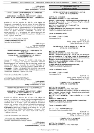 Pernambuco , 30 de Dezembro de 2019 • Diário Oficial dos Municípios do Estado de Pernambuco • ANO XI | Nº 2489
www.diariomunicipal.com.br/amupe 137
Publicado por:
José Aldo de Santana
Código Identificador:5FD29AF4
SECRETARIA DE ADMINISTRAÇÃO / GABINETE DO
SECRETÁRIO
EXTRATO DE CONTRATO – PROCESSO Nº: 060/2018
MODALIDADE INEXIBILIDADE 026/2018 - CONTRATO Nº
053/2019
Contrato Nº 053/2019 Processo Nº: 060/2018. CPL. Objeto do
Instrumento a contratação de empresas editoras de jornais diários de
grande circulação no Estado de Pernambuco para prestação de
serviços de publicação no “caderno noticiário” em qualquer página de
notas oficiais e outras publicações de interesse do, Município de
Vitória de Santo Antão/PE, Contratado: AGÊNCIA DE
COMUNICAÇÃO DO CAPIBARIBE S.A, inscrita no CNPJ Sob
n°30.275.520/0001-78 R$ 34.200,00 (Trinta e Quatro Mil e Duzentos
Reais). Vigência: 30/04/2020
Vitória de Santo Antão, 30 de Abril 2019.
SEVERINO BARROS DE MOURA
Secretário de Administração
Publicado por:
José Aldo de Santana
Código Identificador:F200405F
SECRETARIA DE INFRAESTRUTURA E SERVIÇOS
PÚBLICOS
EXTRATO DE CONTRATO – PROCESSO Nº: 029/2019
MODALIDADE PREGÃO PRESENCIAL 006/2019 -
CONTRATO Nº 054/2019
Contrato Nº 054/2019 Processo Nº: 029/2019. CPL. Objeto do
presente é a aquisição de maquinas automotores terrestres
(retroescavadeira) zero quilometro, ano de fabricação modelo no
mínimo 2018, para as demandas da Secretária Municipal de
Infraestrutura e Serviços no, Município de Vitória de Santo Antão/PE,
Contratado: VENEZA EQUIPAMENTOS PESADOS S/A inscrita
no CNPJ Sob n°15.652.882/0001-47 R$ 476.000,00 (Quatrocentos e
Setenta e Seis Mil Reais). Vigência: 31/12/2019
Vitória de Santo Antão, 17 de Maio 2019.
ROGÉRIO SAMPAIO CANEJO FILHO
Secretário de Infraestrutura e Serviços Públicos
Publicado por:
José Aldo de Santana
Código Identificador:0C9F2D04
SECRETARIA DE INFRAESTRUTURA E SERVIÇOS
PÚBLICOS
EXTRATO DE CONTRATO – PROCESSO Nº: 032/2019
MODALIDADE PREGÃO PRESENCIAL 009/2019 -
CONTRATO Nº 055/2019
Contrato Nº 055/2019 Processo Nº: 032/2019. CPL. Objeto da
presente a Contratação de empresa especializada para execução de
serviço de pavimentação em paralelepípedos de pedras graníticas e
drenagem da rua 05 no Bairro Caique, com emprego de meio fio de
concreto pré- moldado, caixas coletoras, tubulação de condução de
esgoto residencial, no, Município de Vitória de Santo Antão/PE,
Contratado: IG CONSTRUTORA LTDA-ME inscrita no CNPJ Sob
n°09.531.960/0001-52 R$ 268.492,87 (Duzentos e Sessenta e Oito
Mil Quatrocentos e Noventa e dois Reais e oitenta e sete centavos).
Vigência: 27/05/2019
Vitória de Santo Antão, 27 de Maio 2020.
ROGÉRIO SAMPAIO CANEJO FILHO
Secretário de Infraestrutura e Serviços Públicos
Publicado por:
José Aldo de Santana
Código Identificador:C716FF09
ESTADO DE PERNAMBUCO
MUNICÍPIO DE XEXÉU
FUNDO MUNICIPAL DE ASSISTENCIA SOCIAL
EXTRATO DE CONTRATO
CONTRATO nº 014/2019
PROCESSO ADMINISTRATIVO n° 020/2019
OBJETO: Contrato para Aquisição/Fornecimento Parcelado de
Combustível para atender a Frota de Veículos Próprios do Fundo
Municipal de Assistência Social
CONTRATADA: POSTO AR COMBUSTÍVEIS
CNPJ n° 18.683.994/0001-53
VALOR: R$ 8.898,00 (oito mil,oitocentos e noventa e oito reais)
VIGÊNCIA: 08/10/2019 a 31/12/2019
Xexéu, 08 de outubro de 2019
MARIA DE FÁTIMA BARROS
Secretária do FMAS
Publicado por:
Valéria Amanda Andrade Lins da Silva
Código Identificador:A58A8E91
FUNDO MUNICIPAL DE ASSISTENCIA SOCIAL
EXTRATO DE CONTRATO
CONTRATO nº 018/2019
PROCESSO ADMINISTRATIVO n° 013/2019
OBJETO: Prestação de Serviço de Carro de som para divulgação
da Apresentação do 13° do Bolsa Família de Pernambuco em
parceria com a Secretaria Estadual de Desenvolvimento Social,
Criança e Juventude no Município de Xexéu-PE
CONTRATADA: G. JOÃO DE MOURA JUNIOR -ME
CNPJ n° 29.642.023/0001-81
VALOR: R$ 540,00 (quinhentos e quarenta reais)
VIGÊNCIA: 04/10/2019 a 04/12/2019
Xexéu, 04 de outubro de 2019
MARIA DE FÁTIMA BARROS
Secretária do FMAS
Publicado por:
Valéria Amanda Andrade Lins da Silva
Código Identificador:16F452C2
FUNDO MUNICIPAL DE SAUDE
EXTRATO DE CONTRATO
CONTRATO nº 078/2019
PROCESSO ADMINISTRATIVO n° 036/2019
OBJETO: Prestação de Serviços para Execução do Projeto Básico
para Campanha Nacional contra o Sarampo, através do Fundo
Municipal de Saúde de Xexéu- PE
CONTRATADA: SUPERART COMUNICAÇÃO E EVENTOS
LTDA
CNPJ n° 13.485.518/0001-04
VALOR: R$ 9.404,00 ( nove mil, quatrocentos e quatro reais)
VIGÊNCIA: 16/10/2019 a 16/12/2019
Xexéu, 16 de outubro de 2019
JITANA CARLA DA SILVA OLIVEIRA
Secretária do Fundo Municipal de Saúde
Publicado por:
Valéria Amanda Andrade Lins da Silva
Código Identificador:0F72C87B
FUNDO MUNICIPAL DE SAUDE
EXTRATO DE CONTRATO
CONTRATO nº 084/2019
PROCESSO ADMINISTRATIVO n° 038/2019
 