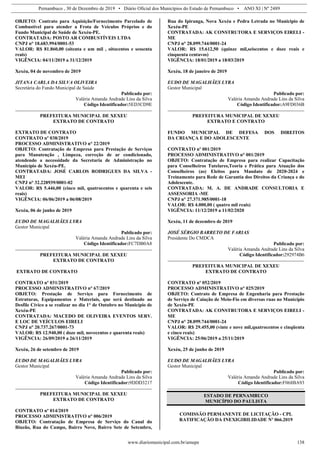Pernambuco , 30 de Dezembro de 2019 • Diário Oficial dos Municípios do Estado de Pernambuco • ANO XI | Nº 2489
www.diariomunicipal.com.br/amupe 138
OBJETO: Contrato para Aquisição/Fornecimento Parcelado de
Combustível para atender a Frota de Veículos Próprios e do
Fundo Municipal de Saúde de Xexéu-PE.
CONTRATADA: POSTO AR COMBUSTÍVEIS LTDA
CNPJ n° 18.683.994/0001-53
VALOR: R$ 81.860,00 (oitenta e um mil , oitocentos e sessenta
reais)
VIGÊNCIA: 04/11/2019 a 31/12/2019
Xexéu, 04 de novembro de 2019
JITANA CARLA DA SILVA OLIVEIRA
Secretária do Fundo Municipal de Saúde
Publicado por:
Valéria Amanda Andrade Lins da Silva
Código Identificador:5ED3CD9E
PREFEITURA MUNICIPAL DE XEXEU
EXTRATO DE CONTRATO
EXTRATO DE CONTRATO
CONTRATO nº 038/2019
PROCESSO ADMINISTRATIVO n° 22/2019
OBJETO: Contratação de Empresa para Prestação de Serviços
para Manutenção , Limpeza, correção de ar condicionado,
atendendo a necessidade da Secretaria de Administração no
Município de Xexéu-PE.
CONTRATADA: JOSÉ CARLOS RODRIGUES DA SILVA -
MEI
CNPJ n° 32.228939/0001-02
VALOR: R$ 5.446,00 (cinco mil, quatrocentos e quarenta e seis
reais)
VIGÊNCIA: 06/06/2019 a 06/08/2019
Xexéu, 06 de junho de 2019
EUDO DE MAGALHÃES LYRA
Gestor Municipal
Publicado por:
Valéria Amanda Andrade Lins da Silva
Código Identificador:FC7DB0A8
PREFEITURA MUNICIPAL DE XEXEU
EXTRATO DE CONTRATO
EXTRATO DE CONTRATO
CONTRATO nº 031/2019
PROCESSO ADMINISTRATIVO n° 67/2019
OBJETO: Prestação de Serviço para Fornecimento de
Estruturas, Equipamentos e Materiais, que será destinado ao
Desfile Cívico a se realizar no dia 1° de Outubro no Município de
Xexéu-PE
CONTRATADA: MACEDO DE OLIVEIRA EVENTOS SERV.
E LOC DE VEÍCULOS EIRELI
CNPJ n° 20.737.267/0001-73
VALOR: R$ 12.940,00 ( doze mil, novecentos e quarenta reais)
VIGÊNCIA: 26/09/2019 a 26/11/2019
Xexéu, 26 de setembro de 2019
EUDO DE MAGALHÃES LYRA
Gestor Municipal
Publicado por:
Valéria Amanda Andrade Lins da Silva
Código Identificador:9DDD3217
PREFEITURA MUNICIPAL DE XEXEU
EXTRATO DE CONTRATO
CONTRATO nº 014/2019
PROCESSO ADMINISTRATIVO n° 006/2019
OBJETO: Contratação de Empresa de Serviço do Canal do
Biuzão, Rua do Campo, Bairro Novo, Bairro Sete de Setembro,
Rua do Ipiranga, Nova Xexéu e Pedra Letrada no Municipio de
Xexéu-PE
CONTRATADA: AK CONSTRUTORA E SERVIÇOS EIRELI -
ME
CNPJ n° 28.099.744/0001-24
VALOR: R$ 15.612,50 (quinze mil,seiscentos e doze reais e
cinquenta centavos)
VIGÊNCIA: 18/01/2019 a 18/03/2019
Xexéu, 18 de janeiro de 2019
EUDO DE MAGALHÃES LYRA
Gestor Municipal
Publicado por:
Valéria Amanda Andrade Lins da Silva
Código Identificador:A9FD036B
PREFEITURA MUNICIPAL DE XEXEU
EXTRATO E CONTRATO
FUNDO MUNICIPAL DE DEFESA DOS DIREITOS
DA CRIANÇA E DO ADOLESCENTE
CONTRATO nº 001/2019
PROCESSO ADMINISTRATIVO n° 001/2019
OBJETO: Contratação de Empresa para realizar Capacitação
para Conselheiros Tutelares,Teoria e Prática para Atuação dos
Conselheiros (as) Eleitos para Mandato de 2020-2024 e
Treinamento para Rede de Garantia dos Direitos da Criança e do
Adolescente.
CONTRATADA: M. A. DE ANDRADE CONSULTORIA E
ASSESSORIA -ME
CNPJ n° 27.371.985/0001-18
VALOR: R$ 4.000,00 ( quatro mil reais)
VIGÊNCIA: 11/12/2019 a 11/02/2020
Xexéu, 11 de dezembro de 2019
JOSÉ SÉRGIO BARRETO DE FARIAS
Presidente Do CMDCA
Publicado por:
Valéria Amanda Andrade Lins da Silva
Código Identificador:292974B6
PREFEITURA MUNICIPAL DE XEXEU
EXTRATO DE CONTRATO
CONTRATO nº 052/2019
PROCESSO ADMINISTRATIVO n° 025/2019
OBJETO: Contrato de Empresa de Engenharia para Prestação
de Serviço de Caiação de Meio-Fio em diversas ruas no Município
de Xexéu-PE
CONTRATADA: AK CONSTRUTORA E SERVIÇOS EIRELI -
ME
CNPJ n° 28.099.744/0001-24
VALOR: R$ 29.455,00 (vinte e nove mil,quatrocentos e cinqüenta
e cinco reais)
VIGÊNCIA: 25/06/2019 a 25/11/2019
Xexéu, 25 de junho de 2019
EUDO DE MAGALHÃES LYRA
Gestor Municipal
Publicado por:
Valéria Amanda Andrade Lins da Silva
Código Identificador:F068BA93
ESTADO DE PERNAMBUCO
MUNICÍPIO DO PAULISTA
COMISSÃO PERMANENTE DE LICITAÇÃO - CPL
RATIFICAÇÃO DA INEXIGIBILIDADE Nº 066.2019
 