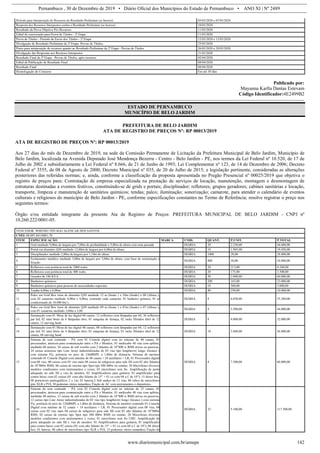Pernambuco , 30 de Dezembro de 2019 • Diário Oficial dos Municípios do Estado de Pernambuco • ANO XI | Nº 2489
www.diariomunicipal.com.br/amupe 142
Período para Interposição de Recursos do Resultado Preliminar (se houver) 05/03/2020 e 07/03/2020
Resposta dos Recursos Interpostos contra o Resultado Preliminar (se houver) 10/03/2020
Resultado da Prova Objetiva Pós Recursos 11/03/2020
Edital de convocação para Prova de Títulos - 2ª Etapa 11/03/2020
Prova de Títulos - Período de Envio dos Títulos - 2ª Etapa 12/03/2020 e 13/03/2020
Divulgação do Resultado Preliminar da 2ª Etapa- Provas de Títulos. 25/03/2020
Prazo para interposição de recursos quanto ao Resultado Preliminar da 2ª Etapa - Provas de Títulos 26/03/2020 e 28/03/2020
Divulgação das Respostas aos Recursos Interpostos 31/03/2020
Resultado Final da 2ª Etapa - Provas de Títulos, após recursos. 02/04/2020
Edital de Publicação de Resultado Final 08/04/2020
Resultado Final 08/04/2020
Homologação do Concurso Em até 30 dias
Publicado por:
Mayanna Karlla Dantas Estevam
Código Identificador:4E2499B2
ESTADO DE PERNAMBUCO
MUNICÍPIO DE BELO JARDIM
PREFEITURA DE BELO JARDIM
ATA DE REGISTRO DE PREÇOS Nº: RP 00013/2019
ATA DE REGISTRO DE PREÇOS Nº: RP 00013/2019
Aos 27 dias do mês de Dezembro de 2019, na sede da Comissão Permanente de Licitação da Prefeitura Municipal de Belo Jardim, Município de
Belo Jardim, localizada na Avenida Deputado José Mendonça Bezerra - Centro - Belo Jardim - PE, nos termos da Lei Federal nº 10.520, de 17 de
Julho de 2002 e subsidiariamente a Lei Federal nº 8.666, de 21 de Junho de 1993; Lei Complementar nº 123, de 14 de Dezembro de 2006; Decreto
Federal nº 3555, de 08 de Agosto de 2000; Decreto Municipal nº 035, de 20 de Julho de 2015; e legislação pertinente, consideradas as alterações
posteriores das referidas normas; e, ainda, conforme a classificação da proposta apresentada no Pregão Presencial nº 00025/2019 que objetiva o
registro de preços para: Contratação de empresa especializada na prestação de serviços de locação, manutenção, montagem e desmontagem de
estruturas destinadas a eventos festivos, constituindo-se de grids e portais; disciplinador; refletores; grupos geradores; cabines sanitárias e locação,
transporte, limpeza e manutenção de sanitários químicos; tendas; palco; iluminação; sonorização; camarote, para atender o calendário de eventos
culturais e religiosos do município de Belo Jardim - PE, conforme especificações constantes no Termo de Referência; resolve registrar o preço nos
seguintes termos:
Órgão e/ou entidade integrante da presente Ata de Registro de Preços: PREFEITURA MUNICIPAL DE BELO JARDIM - CNPJ nº
10.260.222/0001-05.
VENCEDOR: WHENIO THYAGO ALENCAR DOS SANTOS
CNPJ: 08.097.841/0001-70
ITEM ESPECIFICAÇÃO MARCA UNID. QUANT. P.UNIT. P.TOTAL
1 Grid medindo 9,00m de largura por 7,00m de profundidade e 5,00m de altura com uma passada DIÁRIA 20 2.230,00 44.600,00
2 Portal em alumínio Q30 medindo 12,00m de largura por 6,00m de altura. DIÁRIA 10 1.945,00 19.450,00
3 Disciplinador medindo 2,00m de largura por 1,10m de altura DIÁRIA 1000 28,00 28.000,00
4
Fechamento metálico medindo 3,00m de largura por 3,00m de altura, com base de sustentação e
fixação.
DIÁRIA 800 30,00 24.000,00
5 Refletores com potência total de 2000 watts DIÁRIA 20 213,00 4.260,00
6 Refletores com potência total de 400 watts. DIÁRIA 20 175,00 3.500,00
7 Gerador de 180 KVA DIÁRIA 30 2.000,00 60.000,00
8 Banheiros químicos DIÁRIA 200 165,00 33.000,00
9 Banheiros químicos para pessoas de necessidades especiais. DIÁRIA 10 300,00 3.000,00
10 Tendas 6,00m x 6,00m. DIÁRIA 40 250,00 10.000,00
11
Palco em Grid Box truss de alumínio Q30 medindo 12 m (frente ) x 10m (fundo) x 08 (Altura ),
com 02 camarins medindo 4,00m x 4,00m, contendo cada camarim: 01 banheiro químico, 01 ar
condicionado de 18.000 btu’s
DIÁRIA 8 6.650,00 53.200,00
12
Palco em Grid Box truss de alumínio Q30 medindo 09 m (frente ) x 07m (fundo) x 07 (Altura ),
com 01 camarins medindo 3,00m x 3,00
DIÁRIA 8 5.500,00 44.000,00
13
Iluminação com 01 Mesa de luz digital 60 canais; 12 refletores com lâmpadas par 64, 36 refletores
par led, 02 mini brute de 6 lâmpadas dwe; 01 máquina de fumaça, 02 racks filtrados ditel de 12
canais; 12 moving head.
DIÁRIA 8 4.000,00 32.000,00
14
Iluminação com 01 Mesa de luz digital 40 canais, 08 refletores com lâmpadas par 64, 12 refletores
par led, 02 mini brute de 4 lâmpadas dwe; 01 máquina de fumaça, 01 racks filtrados ditel de 12
canais; 08 moving head.
DIÁRIA 10 3.680,00 36.800,00
15
Sistema de som contendo – PA com 01 Console digital com no mínimo de 48 canais, 01
processador, intercon para comunicação entre o PA e Monitor, 01 multicabo 48 vias com splitter,
medindo 60 metros, 24 caixas de sub woofer com 2 falantes de 18”800 w RMS ativas ou passivas,
24 caixas acústicas tipo Line Array industrializadas de 03 vias tipo longthrow( longo Alcance )
com sistema Fly, potencia sw pico de 136dBSPL a 1,00m de distancia. Sistema de monitor
contendo 01 Console Digital com mínimo de 48 canais + 24 auxiliares + LR, 01 Processador digital
com 08 vias, 08 caixas com 03 vias mais 08 caixas de subgraves para side fill com 02 alto falantes
de 18”800w RMS, 06 caixas de retorno tipo Spot tipo SM 400w ou similar, 30 Microfones diversos
modelos condizentes com instrumentos e vozes; 03 microfones sem fio. Amplificação de porte
adequado no side fill e vias de monitor, 02 Amplificadores para guitarra, 01 amplificador para
contra baixo com 02 caixas (01 com alto falante de 15” + 01 cx com 04 a.f. de 10”); 15 direct box,
08 praticáveis pantográficos 2 x 1m; 01 bateria,3 Sub snakes de 12 vias, 80 cabos de microfones
pito XLR e P10, 30 pedestais vários tamanhos; Fiação de AC com aterramentos e disjuntores.
DIÁRIA 8 7.500,00 60.000,00
16
Sistema de som contendo – PA com 01 Console digital com no mínimo de 32 canais, 01
processador, intercon para comunicação entre o PA e Monitor, 01 multicabo 48 vias com splitter,
medindo 40 metros, 12 caixas de sub woofer com 2 falantes de 18”800 w RMS ativas ou passivas,
12 caixas tipo Line Array industrializadas de 02 vias tipo longthrow( longo Alcance ) com sistema
Fly, potência de pico de 124dBSPL a 1,00m de distância. Sistema de monitor contendo 01 Console
Digital com mínimo de 32 canais + 14 auxiliares + LR, 01 Processador digital com 08 vias, 04
caixas com 02 vias mais 04 caixas de subgraves para side fill com 02 alto falantes de 18”800w
RMS, 02 caixas de retorno tipo Spot tipo SM 400w RMS ou similar, 20 Microfones diversos
modelos condizentes com instrumentos e vozes; 01 microfones sem fio UHF; Amplificação de
porte adequado no side fill e vias de monitor, 01 Amplificadores para guitarra, 01 amplificador
para contra baixo com 02 caixas (01 com alto falante de 15” + 01 cx com 04 a.f. de 10”); 08 direct
box, 01 bateria, 40 cabos de microfones tipo XLR e P10, 15 pedestais vários tamanhos; Fiação de
DIÁRIA 23 5.100,00 117.300,00
 
