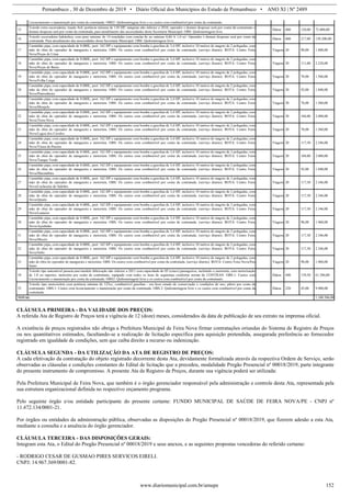 Pernambuco , 30 de Dezembro de 2019 • Diário Oficial dos Municípios do Estado de Pernambuco • ANO XI | Nº 2489
www.diariomunicipal.com.br/amupe 152
Licenciamento e manutenção por conta da contratada. OBS2: Quilometragem livre e os custos com combustível por conta da contratada.
15
Veículo retro-escavadeira, tração 4x4, potência mínima de 110 HP, máquina não inferior a 2010, operador e demais despesas será por conta da contratante e
demais despesas será por conta da contratada, para atendimento das necessidades desta Secretaria Municipal. OBS: Quilometragem livre.
Diária 600 120,00 72.000,00
16
Veículo escavadeira hidráulica, com peso mínimo de 14 toneladas com concha de no mínimo 0,80 A 1,0 m³. Operador e demais despesas será por conta da
contratada. Para atendimento das necessidades desta Secretaria Municipal. OBS: Quilometragem livre.
Diária 600 217,00 130.200,00
17
Caminhão pipa, com capacidade de 8.000L, port. 162 HP e equipamento com bomba a gasolina de 3,4 HP, inclusive 10 metros de magote de 2 polegadas, com
mão de obra do operador de mangueira e motorista. OBS: Os custos com combustível por conta da contratada. (serviço diurno). ROTA: Centro Feira
Nova/Poças de Cima
Viagem 20 90,00 1.800,00
18
Caminhão pipa, com capacidade de 8.000L, port. 162 HP e equipamento com bomba a gasolina de 3,4 HP, inclusive 10 metros de magote de 2 polegadas, com
mão de obra do operador de mangueira e motorista. OBS: Os custos com combustível por conta da contratada. (serviço diurno). ROTA: Centro Feira
Nova/Poças de Baixo
Viagem 20 111,00 2.220,00
19
Caminhão pipa, com capacidade de 8.000L, port. 162 HP e equipamento com bomba a gasolina de 3,4 HP, inclusive 10 metros de magote de 2 polegadas, com
mão de obra do operador de mangueira e motorista. OBS: Os custos com combustível por conta da contratada. (serviço diurno). ROTA: Centro Feira
Nova/Folha Larga
Viagem 20 78,00 1.560,00
20
Caminhão pipa, com capacidade de 8.000L, port. 162 HP e equipamento com bomba a gasolina de 3,4 HP, inclusive 10 metros de magote de 2 polegadas, com
mão de obra do operador de mangueira e motorista. OBS: Os custos com combustível por conta da contratada. (serviço diurno). ROTA: Centro Feira
Nova/Pintombeira
Viagem 20 92,00 1.840,00
21
Caminhão pipa, com capacidade de 8.000L, port. 162 HP e equipamento com bomba a gasolina de 3,4 HP, inclusive 10 metros de magote de 2 polegadas, com
mão de obra do operador de mangueira e motorista. OBS: Os custos com combustível por conta da contratada. (serviço diurno). ROTA: Centro Feira
Nova/Monjolo
Viagem 20 78,00 1.560,00
22
Caminhão pipa, com capacidade de 8.000L, port. 162 HP e equipamento com bomba a gasolina de 3,4 HP, inclusive 10 metros de magote de 2 polegadas, com
mão de obra do operador de mangueira e motorista. OBS: Os custos com combustível por conta da contratada. (serviço diurno). ROTA: Centro Feira
Nova/Terra Nova
Viagem 20 104,00 2.080,00
23
Caminhão pipa, com capacidade de 8.000L, port. 162 HP e equipamento com bomba a gasolina de 3,4 HP, inclusive 10 metros de magote de 2 polegadas, com
mão de obra do operador de mangueira e motorista. OBS: Os custos com combustível por conta da contratada. (serviço diurno). ROTA: Centro Feira
Nova/Lagoa dos Cavalos
Viagem 20 78,00 1.560,00
24
Caminhão pipa, com capacidade de 8.000L, port. 162 HP e equipamento com bomba a gasolina de 3,4 HP, inclusive 10 metros de magote de 2 polegadas, com
mão de obra do operador de mangueira e motorista. OBS: Os custos com combustível por conta da contratada. (serviço diurno). ROTA: Centro Feira
Nova/Vásea da Passira
Viagem 20 117,30 2.346,00
25
Caminhão pipa, com capacidade de 8.000L, port. 162 HP e equipamento com bomba a gasolina de 3,4 HP, inclusive 10 metros de magote de 2 polegadas, com
mão de obra do operador de mangueira e motorista. OBS: Os custos com combustível por conta da contratada. (serviço diurno). ROTA: Centro Feira
Nova/Tanque Verde
Viagem 20 104,00 2.080,00
26
Caminhão pipa, com capacidade de 8.000L, port. 162 HP e equipamento com bomba a gasolina de 3,4 HP, inclusive 10 metros de magote de 2 polegadas, com
mão de obra do operador de mangueira e motorista. OBS: Os custos com combustível por conta da contratada. (serviço diurno). ROTA: Centro Feira
Nova/Macambira
Viagem 20 92,00 1.840,00
27
Caminhão pipa, com capacidade de 8.000L, port. 162 HP e equipamento com bomba a gasolina de 3,4 HP, inclusive 10 metros de magote de 2 polegadas, com
mão de obra do operador de mangueira e motorista. OBS: Os custos com combustível por conta da contratada. (serviço diurno). ROTA: Centro Feira
Nova/Cachoeira do Salobro
Viagem 20 117,30 2.346,00
28
Caminhão pipa, com capacidade de 8.000L, port. 162 HP e equipamento com bomba a gasolina de 3,4 HP, inclusive 10 metros de magote de 2 polegadas, com
mão de obra do operador de mangueira e motorista. OBS: Os custos com combustível por conta da contratada. (serviço diurno). ROTA: Centro Feira
Nova/Quatís
Viagem 20 117,30 2.346,00
29
Caminhão pipa, com capacidade de 8.000L, port. 162 HP e equipamento com bomba a gasolina de 3,4 HP, inclusive 10 metros de magote de 2 polegadas, com
mão de obra do operador de mangueira e motorista. OBS: Os custos com combustível por conta da contratada. (serviço diurno). ROTA: Centro Feira
Nova/Lameiro
Viagem 20 117,30 2.346,00
30
Caminhão pipa, com capacidade de 8.000L, port. 162 HP e equipamento com bomba a gasolina de 3,4 HP, inclusive 10 metros de magote de 2 polegadas, com
mão de obra do operador de mangueira e motorista. OBS: Os custos com combustível por conta da contratada. (serviço diurno). ROTA: Centro Feira
Nova/Açudinho
Viagem 20 98,00 1.960,00
31
Caminhão pipa, com capacidade de 8.000L, port. 162 HP e equipamento com bomba a gasolina de 3,4 HP, inclusive 10 metros de magote de 2 polegadas, com
mão de obra do operador de mangueira e motorista. OBS: Os custos com combustível por conta da contratada. (serviço diurno). ROTA: Centro Feira
Nova/Mocós
Viagem 20 117,30 2.346,00
32
Caminhão pipa, com capacidade de 8.000L, port. 162 HP e equipamento com bomba a gasolina de 3,4 HP, inclusive 10 metros de magote de 2 polegadas, com
mão de obra do operador de mangueira e motorista. OBS: Os custos com combustível por conta da contratada. (serviço diurno). ROTA: Centro Feira
Nova/Sebo
Viagem 20 117,30 2.346,00
33
Caminhão pipa, com capacidade de 8.000L, port. 162 HP e equipamento com bomba a gasolina de 3,4 HP, inclusive 10 metros de magote de 2 polegadas, com
mão de obra do operador de mangueira e motorista. OBS: Os custos com combustível por conta da contratada. (serviço diurno). ROTA: Centro Feira Nova/Pau
Santo
Viagem 20 98,00 1.960,00
34
Veículo tipo automóvel passeio,ano/modelo fabricação não inferior a 2011 com capacidade de 05 (cinco) passageiros, incluindo o motorista, com motorização
de 1.0 ou superior, motorista por conta da contratante, equipado com todos os itens de segurança conforme norma do CONTRAN. OBS.1: Custos com
Licenciamento e manutenção por conta da contratada. OBS2: Quilometragem livre e os custos com combustível por conta da contratante.
Diária 440 139,50 61.380,00
35
Veículo tipo motocicleta com potência mínima de 125cc, combustível gasolina - em bom estado de conservação e condições de uso, piloto por conta da
contratante. OBS.1: Custos com licenciamento e manutenção por conta da contratada. OBS.2: Quilometragem livre e os custos com combustível por conta da
contratada.
Diária 220 45,00 9.900,00
TOTAL 1.100.306,00
CLÁUSULA PRIMEIRA - DA VALIDADE DOS PREÇOS:
A referida Ata de Registro de Preços terá a vigência de 12 (doze) meses, considerados da data de publicação de seu extrato na imprensa oficial.
A existência de preços registrados não obriga a Prefeitura Municipal de Feira Nova firmar contratações oriundas do Sistema de Registro de Preços
ou nos quantitativos estimados, facultando-se a realização de licitação específica para aquisição pretendida, assegurada preferência ao fornecedor
registrado em igualdade de condições, sem que caiba direito a recurso ou indenização.
CLÁUSULA SEGUNDA - DA UTILIZAÇÃO DA ATA DE REGISTRO DE PREÇOS:
A cada efetivação da contratação do objeto registrado decorrente desta Ata, devidamente formalizada através da respectiva Ordem de Serviço, serão
observadas as cláusulas e condições constantes do Edital de licitação que a precedeu, modalidade Pregão Presencial nº 00018/2019, parte integrante
do presente instrumento de compromisso. A presente Ata de Registro de Preços, durante sua vigência poderá ser utilizada:
Pela Prefeitura Municipal de Feira Nova, que também é o órgão gerenciador responsável pela administração e controle desta Ata, representada pela
sua estrutura organizacional definida no respectivo orçamento programa.
Pelo seguinte órgão e/ou entidade participante do presente certame: FUNDO MUNICIPAL DE SAÚDE DE FEIRA NOVA/PE - CNPJ nº
11.472.134/0001-21.
Por órgãos ou entidades da administração pública, observadas as disposições do Pregão Presencial nº 00018/2019, que fizerem adesão a esta Ata,
mediante a consulta e a anuência do órgão gerenciador.
CLÁUSULA TERCEIRA - DAS DISPOSIÇÕES GERAIS:
Integram esta Ata, o Edital do Pregão Presencial nº 00018/2019 e seus anexos, e as seguintes propostas vencedoras do referido certame:
- RODRIGO CESAR DE GUSMAO PIRES SERVICOS EIRELI.
CNPJ: 14.967.369/0001-82.
 