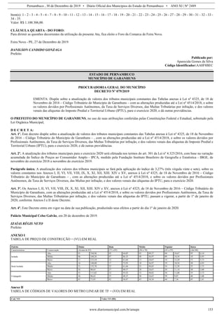 Pernambuco , 30 de Dezembro de 2019 • Diário Oficial dos Municípios do Estado de Pernambuco • ANO XI | Nº 2489
www.diariomunicipal.com.br/amupe 153
Item(s): 1 - 2 - 3 - 4 - 5 - 6 - 7 - 8 - 9 - 10 - 11 - 12 - 13 - 14 - 15 - 16 - 17 - 18 - 19 - 20 - 21 - 22 - 23 - 24 - 25 - 26 - 27 - 28 - 29 - 30 - 31 - 32 - 33 -
34 - 35.
Valor: R$ 1.100.306,00.
CLÁUSULA QUARTA - DO FORO:
Para dirimir as questões decorrentes da utilização da presente Ata, fica eleito o Foro da Comarca de Feira Nova.
Feira Nova - PE, 27 de Dezembro de 2019
DANILSON CANDIDO GONZAGA
Prefeito
Publicado por:
Aparecida Gomes da Silva
Código Identificador:AA0F8BEC
ESTADO DE PERNAMBUCO
MUNICÍPIO DE GARANHUNS
PROCURADORIA GERAL DO MUNICÍPIO
DECRETO Nº 079/2019
EMENTA: Dispõe sobre a atualização de valores dos tributos municipais constantes das Tabelas anexas à Lei nº 4325, de 18 de
Novembro de 2016 – Código Tributário do Município de Garanhuns – com as alterações produzidas até a Lei nº 4514/2018, e sobre
os valores devidos por Profissionais Autônomos, da Taxa de Serviços Diversos, das Multas Tributárias por infração, e dos valores
venais das alíquotas do Imposto Predial e Territorial Urbano (IPTU), para o exercício 2020, e dá outras providências.
O PREFEITO DO MUNICÍPIO DE GARANHUNS, no uso de suas atribuições conferidas pelas Constituições Federal e Estadual, sobretudo pela
Lei Orgânica Municipal;
D E C R E T A:
Art. 1º. Este decreto dispõe sobre a atualização de valores dos tributos municipais constantes das Tabelas anexas à Lei nº 4325, de 18 de Novembro
de 2016 – Código Tributário do Município de Garanhuns – , com as alterações produzidas até a Lei nº 4514/2018, e sobre os valores devidos por
Profissionais Autônomos, da Taxa de Serviços Diversos, das Multas Tributárias por infração, e dos valores venais das alíquotas do Imposto Predial e
Territorial Urbano (IPTU), para o exercício 2020, e dá outras providências.
Art. 2º. A atualização dos tributos municipais para o exercício 2020 será efetuada nos termos do art. 301 da Lei nº 4.325/2016, com base na variação
acumulada do Índice de Preços ao Consumidor Amplo - IPCA, medido pela Fundação Instituto Brasileiro de Geografia e Estatística - IBGE, de
novembro do exercício 2018 a novembro do exercício 2019.
Parágrafo único. A atualização dos valores dos tributos municipais se fará pela aplicação do índice de 3,27% (três vírgula vinte e sete), sobre os
valores constantes nos Anexos I, II, VI, VII, VIII, IX, X, XI, XII, XIII. XIV e XV, anexos à Lei nº 4325, de 18 de Novembro de 2016 – Código
Tributário do Município de Garanhuns – , com as alterações produzidas até a Lei nº 4514/2018, e sobre os valores devidos por Profissionais
Autônomos, da Taxa de Serviços Diversos, das Multas por infração, e dos valores venais das alíquotas do IPTU, para o exercício 2020.
Art. 3º. Os Anexos I, II, VI, VII, VIII, IX, X, XI, XII, XIII. XIV e XV, anexos à Lei nº 4325, de 18 de Novembro de 2016 – Código Tributário do
Município de Garanhuns, com as alterações produzidas até a Lei nº 4514/2018, e sobre os valores devidos por Profissionais Autônomos, da Taxa de
Serviços Diversos, das Multas Tributárias por infração, e dos valores venais das alíquotas do IPTU, passam a vigorar, a partir de 1º de janeiro de
2020, conforme Anexos I e II deste Decreto.
Art. 4º. Este Decreto entra em vigor na data de sua publicação, produzindo seus efeitos a partir do dia 1º de janeiro de 2020.
Palácio Municipal Celso Galvão, em 20 de dezembro de 2019.
IZAÍAS RÉGIS NETO
Prefeito
ANEXO I
TABELA DE PREÇO DE CONSTRUÇÃO = (VU) EM REAL
Padrão Ótimo Bom Médio Popular Baixo
Características Conservação (Acima de 85) (71 a 85) (56 a 70) (41 a 55) (Até 40)
Isolada
Alto 01 184,96 02 64,85 03 49,37 04 24,67 05 6,14
Médio 06 160,26 07 86,33 08 36,97 09 18,54 10 4,93
Baixo 11 123,10 12 61,64 13 24,67 14 12,29 15 3,73
Semi Isolada
Alto 16 148,00 17 73,93 18 36,97 19 18,54 20 4,93
Médio 21 135,70 22 61,64 23 30,83 24 12,29 25 3,73
Baixo 26 98,63 27 49,37 28 24,67 29 11,14 30 3,08
Conjugada
Alto 31 111,02 32 55,52 33 30,83 34 11,08 35 3,73
Médio 36 98,63 37 49,37 38 24,67 39 9,87 40 3,08
Baixo 41 73,93 42 36,97 43 18,54 44 7,36 45 2,41
Anexo II
TABELA DE CÓDIGOS DE VALORES DO METRO LINEAR DE TF = (VO) EM REAL
Cod. VO Valor VO (R$)
 