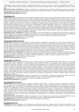 Pernambuco , 30 de Dezembro de 2019 • Diário Oficial dos Municípios do Estado de Pernambuco • ANO XI | Nº 2489
www.diariomunicipal.com.br/amupe 169
complexidade, quando necessário, garantindo a continuidade do tratamento na USF, por meio de um sistema de acompanhamento e referência e
contra referência; Realizar pequenas cirurgias ambulatórias; Indicar internação hospitalar; Solicitar exames complementares; Verificar e atestar
óbito.
REQUISITOS PARA A INSCRIÇÃO: a) Diploma ou Declaração de conclusão do curso de Medicina, emitida por instituição reconhecida pelo
MEC; b) Carteira do Conselho Regional de Medicina de Pernambuco e/ou declaração de inscrição; c) certidão de regularidade com órgão de classe.
SALÁRIO-BASE: R$ 7.000,00 (Sete mil reais)
JORNADA DE TRABALHO: 40h Semanais
ENFERMEIRO USF:
ATRIBUIÇÕES: Realizar acolhimento dos usuários, planejar, coordenar e supervisionar os serviços de enfermagem atuando em todos os níveis de
atenção à saúde, integrando-se em programas de promoção, prevenção, proteção, recuperação e reabilitação da saúde, controle de doenças e agravos;
promover orientações aos indivíduos e/ou familiares, visando à obtenção de condutas relacionadas ao tratamento; solicitar e emitir laudos, pareceres,
atestados e declarações para outros profissionais e/ou instituições; realizar previsão de material (medicamentos e material de enfermagem) nas
unidades de saúde; zelar pela higiene nos ambientes de atendimento; requisitar materiais quando necessário; realizar cuidados de enfermagem
especializados junto à pacientes graves e ou que necessitem de procedimentos de maior complexidade; controlar o uso e o estado de conservação de
materiais sob responsabilidade da enfermagem, avaliando a necessidade de manutenção e substituição; supervisionar a esterilização dos materiais;
delegar atividades ao pessoal de nível técnico e auxiliar, supervisionando e definindo competências e responsabilidades; participar da avaliação da
qualidade da assistência interdisciplinar prestada ao paciente; atuar em equipe multidisciplinar; contribuir nas atividades de educação permanente em
saúde da equipe de saúde; supervisionar estagiários; participar de reuniões técnicas; notificar doenças e agravos de notificação compulsória;
desempenhar outras tarefas correlatas ou definidas em regulamento.
REQUISITOS PARA A INSCRIÇÃO: a) Diploma de graduação do curso de Enfermagem em Instituição reconhecida pelo MEC; b) Carteira do
Conselho Regional de Enfermagem de Pernambuco e/ou declaração de inscrição, c) certidão de regularidade com órgão de classe, d) Curso de
AIDIP, e) Capacitação de teste rápido de HIV, Sífilis, Hepatites virais, f) Curso de Puericultura, g) curso básico de sala de vacina.
SALÁRIO-BASE: R$ 2.500,00 (Dois mil e quinhentos reais).
JORNADA DE TRABALHO: 40h Semanais.
TÉCNICO DE ENFERMAGEM (USF):
ATRIBUIÇÕES: Participar de ações de promoção, prevenção, proteção e reabilitação da saúde individual e coletiva; realizar acolhimento dos
usuários, executar, sob supervisão, o atendimento a pacientes; executar serviços técnicos de enfermagem; observar, reconhecer e descrever sinais e
sintomas; executar tratamentos especificamente prescritos, ou de rotina; prestar cuidados de higiene e conforto ao paciente e zelar por sua segurança;
zelar pela limpeza e organização do material e equipamentos; administrar medicamentos, sob supervisão do enfermeiro; acompanhar os usuários em
atividades terapêuticas e sociais; realizar ações que envolvam familiares, realizar ações de educação em saúde a grupos específicos e famílias,
conforme planejamento da equipe de saúde; participar de reuniões técnicas; atuar em equipe multidisciplinar, supervisionar estagiários; notificar
doenças e agravos de notificação compulsória; prestar outros serviços correlatos com a função ou definidos em regulamento.
REQUISITOS PARA A INSCRIÇÃO: a) Certificado de Conclusão do Ensino Médio, emitida por instituição reconhecida pelo MEC e Certificado
de Curso de Técnico de Enfermagem, de instituição credenciada pela Secretaria Estadual de Educação; b) Carteira do Conselho Regional de
Pernambuco da categoria e/ou declaração de inscrição, c) certidão de regularidade com órgão de classe, d) curso básico de sala de vacina.
SALÁRIO-BASE: R$ 1.118,00 (Um mil, cento e dezoito reais).
JORNADA DE TRABALHO: 40h Semanais.
NUTRICIONISTA (NASF-AB):
ATRIBUIÇÕES: Realizar as atribuições comuns ao cargo e específicas de sua área de qualificação; identificar áreas e fatores de risco nutricional
na comunidade; realizar o diagnóstico e monitoramento do estado nutricional da família e da comunidade; realizar diagnóstico de problemas
alimentares e nutricionais (carências ou excessos); identificar grupos biologicamente mais vulneráveis do ponto de vista do estado nutricional;
elaborar, em conjunto com as equipes de saúde da família, rotinas de atenção nutricional e atendimento para doenças relacionadas à alimentação e
nutrição, de acordo com protocolos de atenção básica, organizando a referência e a contra referência do atendimento; incentivar e definir estratégias
de apoio comunitário ao aleitamento materno; realizar orientações dietoterápicas a nível domiciliar, quando necessário; realizar diagnóstico de
consumo e práticas alimentares locais; identificar estratégias de segurança alimentar disponíveis na comunidade; realizar atividades educativas na
unidade e na comunidade sobre higiene e conservação de alimentos; capacitar as equipes de saúde da família e participar de ações vinculadas aos
programas de controle e prevenção dos distúrbios nutricionais como carências por micronutrientes, sobrepeso, obesidade, doenças crônicas não
transmissíveis e desnutrição.
REQUISITOS PARA A INSCRIÇÃO: a) Diploma de graduação do curso de Nutrição em Instituição reconhecida pelo MEC, b) Carteira do
Conselho Regional de Pernambuco da categoria e/ou declaração de inscrição, c) certidão de regularidade com órgão de classe.
SALÁRIO-BASE: R$ 1.612,64 (Um mil, seiscentos e doze reais e sessenta e quatro centavos).
JORNADA DE TRABALHO: 30h Semanais.
EDUCADOR FÍSICO (NASF-AB):
ATRIBUIÇÕES: Atuar, de forma integrada e planejada, nas atividades desenvolvidas e , quando estas existirem, acompanhando e atendendo a
casos, de acordo com os critérios previamente estabelecidos; Acolher os usuários e humanizar a atenção; Desenvolver coletivamente, com vistas à
intersetorialidade, ações que se integrem a outras políticas sociais como: educação, cultura, trabalho, Saúde, entre outras; Promovendo uma gestão
integrada com a participação dos usuários nas decisões, por meio de organização participativa com os Conselhos Locais e/ou Municipais de Esporte
e Lazer, Assistência Social entre outros; Saber elaborar estratégias de comunicação para divulgação e sensibilização das atividades por meio de
cartazes, jornais, informativos, e outros veículos de informação; Elaborar e divulgar material educativo e informativo; Elaborar projetos Esportivos e
Sociais individuais e/ou coletivos, por meio de discussões periódicas que permitam a apropriação coletiva pelos diversos programas, de
acompanhamento dos usuários, realizando ações multiprofissionais e transdisciplinares, desenvolvendo a responsabilidade compartilhada; Realizar
outras atividades afins.
REQUISITOS PARA A INSCRIÇÃO: a) Diploma de graduação do curso de Educação Física em Instituição reconhecida pelo MEC, b) Carteira
do Conselho Regional de Pernambuco da categoria e/ou declaração de inscrição, c) certidão de regularidade com órgão de classe.
SALÁRIO-BASE: R$ 1.612,64 (Um mil, seiscentos e doze reais e sessenta e quatro centavos).
JORNADA DE TRABALHO: 30h Semanais.
PSICÓLOGO (NASF-AB):
ATRIBUIÇÕES: Realizar diagnóstico, com levantamento dos problemas de saúde que requeiram ações de prevenção de deficiências e das
necessidades em termos de reabilitação, na área adstrita às ESF; desenvolver ações de promoção e proteção à saúde em conjunto com as ESF
 