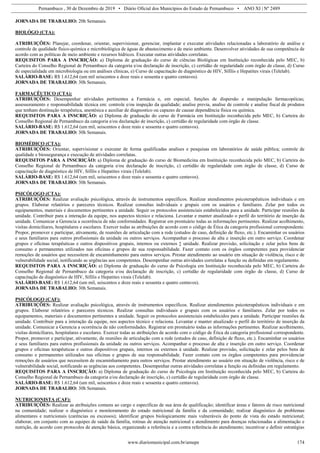 Pernambuco , 30 de Dezembro de 2019 • Diário Oficial dos Municípios do Estado de Pernambuco • ANO XI | Nº 2489
www.diariomunicipal.com.br/amupe 174
JORNADA DE TRABALHO: 20h Semanais.
BIOLÓGO (CTA):
ATRIBUIÇÕES: Planejar, coordenar, orientar, supervisionar, gerenciar, implantar e executar atividades relacionadas a laboratório de análise e
controle de qualidade físico-química e microbiológica de águas de abastecimento e de meio ambiente. Desenvolver atividades de sua competência de
acordo com as políticas de meio ambiente e recursos hídricos. Executar outras atividades correlatas.
REQUISITOS PARA A INSCRIÇÃO: a) Diploma de graduação do curso de ciências Biológicas em Instituição reconhecida pelo MEC, b)
Carteira do Conselho Regional de Pernambuco da categoria e/ou declaração de inscrição, c) certidão de regularidade com órgão de classe, d) Curso
de especialidade em microbiologia ou em análises clínicas, e) Curso de capacitação de diagnóstico de HIV, Sífilis e Hepatites virais (Telelab).
SALÁRIO-BASE: R$ 1.612,64 (um mil seiscentos e doze reais e sessenta e quatro centavos).
JORNADA DE TRABALHO: 30h Semanais.
FARMACÊUTICO (CTA):
ATRIBUIÇÕES: Desempenhar atividades pertinentes a Farmácia e, em especial, funções de dispersão e manipulação farmacopéicas;
assessoramento e responsabilidade técnica em: controle e/ou inspeção da qualidade; analise previa, analise de controle e analise fiscal de produtos
que tenham destinação terapêutica, anestésica e auxiliar de diagnostico ou capazes de causar dependência física ou química.
REQUISITOS PARA A INSCRIÇÃO: a) Diploma de graduação do curso de Farmácia em Instituição reconhecida pelo MEC, b) Carteira do
Conselho Regional de Pernambuco da categoria e/ou declaração de inscrição, c) certidão de regularidade com órgão de classe.
SALÁRIO-BASE: R$ 1.612,64 (um mil, seiscentos e doze reais e sessenta e quatro centavos).
JORNADA DE TRABALHO: 30h Semanais.
BIOMÉDICO (CTA):
ATRIBUIÇÕES: Orientar, supervisionar e executar de forma qualificadas analises e pesquisas em laboratórios de saúde pública; controle de
qualidade e biossegurança e execução de atividades correlatas.
REQUISITOS PARA A INSCRIÇÃO: a) Diploma de graduação do curso de Biomedicina em Instituição reconhecida pelo MEC, b) Carteira do
Conselho Regional de Pernambuco da categoria e/ou declaração de inscrição, c) certidão de regularidade com órgão de classe, d) Curso de
capacitação de diagnóstico de HIV, Sífilis e Hepatites virais (Telelab).
SALÁRIO-BASE: R$ 1.612,64 (um mil, seiscentos e doze reais e sessenta e quatro centavos).
JORNADA DE TRABALHO: 30h Semanais.
PSICÓLOGO (CTA):
ATRIBUIÇÕES: Realizar avaliação psicológica, através de instrumentos específicos. Realizar atendimentos psicoterapêuticos individuais e em
grupos. Elaborar relatórios e pareceres técnicos. Realizar consultas individuais e grupais com os usuários e familiares. Zelar por todos os
equipamentos, materiais e documentos pertinentes a unidade. Seguir os protocolos assistenciais estabelecidos para a unidade. Participar reuniões da
unidade. Contribuir para a interação da equipe, nos aspectos técnico e relaciona. Levantar e manter atualizado o perfil do território de inserção da
unidade. Comunicar a Gerencia a ocorrência de não conformidades. Registrar em prontuário todas as informações pertinentes. Realizar acolhimento,
visitas domiciliares, hospitalares e escolares. Exercer todas as atribuições de acordo com o código de Ética da categoria profissional correspondente.
Propor, promover e participar, ativamente, de reuniões de articulação com a rede (estudos de caso, definição de fluxo, etc.). Encaminhar os usuários
e seus familiares para outros profissionais da unidade ou outros serviços. Acompanhar o processo de alta e inserção em outro serviço. Coordenar
grupos e oficinas terapêuticas e outros dispositivos grupais, internos ou externos ‡ unidade. Realizar provisão, solicitação e zelar pelos bens de
consumo e permanentes utilizados nas oficinas e grupos de sua responsabilidade. Fazer contato com os órgãos competentes para providenciar
remoções de usuários que necessitem de encaminhamento para outros serviços. Prestar atendimento ao usuário em situação de violência, risco e de
vulnerabilidade social, notificando as urgências aos competentes. Desempenhar outras atividades correlatas a função ou definidas em regulamento.
REQUISITOS PARA A INSCRIÇÃO: a) Diploma de graduação do curso de Psicologia em Instituição reconhecida pelo MEC, b) Carteira do
Conselho Regional de Pernambuco da categoria e/ou declaração de inscrição, c) certidão de regularidade com órgão de classe, d) Curso de
capacitação de diagnóstico de HIV, Sífilis e Hepatites virais (Telelab).
SALÁRIO-BASE: R$ 1.612,64 (um mil, seiscentos e doze reais e sessenta e quatro centavos).
JORNADA DE TRABALHO: 30h Semanais.
PSICÓLOGO (CAF):
ATRIBUIÇÕES: Realizar avaliação psicológica, através de instrumentos específicos. Realizar atendimentos psicoterapêuticos individuais e em
grupos. Elaborar relatórios e pareceres técnicos. Realizar consultas individuais e grupais com os usuários e familiares. Zelar por todos os
equipamentos, materiais e documentos pertinentes a unidade. Seguir os protocolos assistenciais estabelecidos para a unidade. Participar reuniões da
unidade. Contribuir para a interação da equipe, nos aspectos técnico e relaciona. Levantar e manter atualizado o perfil do território de inserção da
unidade. Comunicar a Gerencia a ocorrência de não conformidades. Registrar em prontuário todas as informações pertinentes. Realizar acolhimento,
visitas domiciliares, hospitalares e escolares. Exercer todas as atribuições de acordo com o código de Ética da categoria profissional correspondente.
Propor, promover e participar, ativamente, de reuniões de articulação com a rede (estudos de caso, definição de fluxo, etc.). Encaminhar os usuários
e seus familiares para outros profissionais da unidade ou outros serviços. Acompanhar o processo de alta e inserção em outro serviço. Coordenar
grupos e oficinas terapêuticas e outros dispositivos grupais, internos ou externos à unidade. Realizar provisão, solicitação e zelar pelos bens de
consumo e permanentes utilizados nas oficinas e grupos de sua responsabilidade. Fazer contato com os órgãos competentes para providenciar
remoções de usuários que necessitem de encaminhamento para outros serviços. Prestar atendimento ao usuário em situação de violência, risco e de
vulnerabilidade social, notificando as urgências aos competentes. Desempenhar outras atividades correlatas a função ou definidas em regulamento.
REQUISITOS PARA A INSCRIÇÃO: a) Diploma de graduação do curso de Psicologia em Instituição reconhecida pelo MEC, b) Carteira do
Conselho Regional de Pernambuco da categoria e/ou declaração de inscrição, c) certidão de regularidade com órgão de classe.
SALÁRIO-BASE: R$ 1.612,64 (um mil, seiscentos e doze reais e sessenta e quatro centavos).
JORNADA DE TRABALHO: 30h Semanais.
NUTRICIONISTA (CAF):
ATRIBUIÇÕES: Realizar as atribuições comuns ao cargo e específicas de sua área de qualificação; identificar áreas e fatores de risco nutricional
na comunidade; realizar o diagnóstico e monitoramento do estado nutricional da família e da comunidade; realizar diagnóstico de problemas
alimentares e nutricionais (carências ou excessos); identificar grupos biologicamente mais vulneráveis do ponto de vista do estado nutricional;
elaborar, em conjunto com as equipes de saúde da família, rotinas de atenção nutricional e atendimento para doenças relacionadas a alimentação e
nutrição, de acordo com protocolos de atenção básica, organizando a referência e a contra referência do atendimento; incentivar e definir estratégias
 