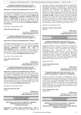 Pernambuco , 30 de Dezembro de 2019 • Diário Oficial dos Municípios do Estado de Pernambuco • ANO XI | Nº 2489
www.diariomunicipal.com.br/amupe 33
COMISSÃO PERMANENTE DE LICITAÇÃO
PREFEITURA MUNICIPAL DO BOM JARDIM – PE
PROCESSO Nº 066/2019 INEXIGIBILIDADE Nº 027/2019
A Prefeitura Municipal do Bom Jardim – PE, ratifica e torna público
que reconhece a Inexigibilidade de Licitação, com base no Art. 25,
inciso III da Lei nº 8.666/93, em favor da empresa BONDE DO
BRASIL PROMOÇÕES E EDIÇÕES MUSICAIS LTDA ME,
CNPJ Nº 16.809.891/0001-61, referente a Contratação de Show
Artístico da Banda Bonde do Brasil, para apresentação no dia
05/01/2020, na Festa de Reis do Distrito de Umari, no município de
Bom Jardim – PE. Valor da Contratação: R$ 55.000,00 (Cinquenta e
cinco mil reais).
Bom Jardim, 27 de dezembro de 2019.
JOÃO FRANCISCO DE LIRA
Publicado por:
Jose Barbosa de Miranda Junior
Código Identificador:F0397830
COMISSÃO PERMANENTE DE LICITAÇÃO
PREFEITURA MUNICIPAL DO BOM JARDIM – PE
PROCESSO Nº 0672019 INEXIGIBILIDADE Nº 028/2019
A Prefeitura Municipal do Bom Jardim – PE, ratifica e torna público
que reconhece a Inexigibilidade de Licitação, com base no Art. 25,
inciso III da Lei nº 8.666/93, em favor da empresa ANTÔNIO
ADUÍLIO RODRIGUES MENDES ME, CNPJ Nº
27.026.148/0001-51, referente a Contratação de Show Artístico do
Cantor Aduílio Mendes, para apresentação no dia 05/01/2020, na
Festa de Reis do Distrito de Umari, no município de Bom Jardim –
PE. Valor da Contratação: R$ 40.000,00 (quarenta mil reais).
Bom Jardim, 27 de dezembro de 2019.
JOÃO FRANCISCO DE LIRA
Prefeito
Publicado por:
Jose Barbosa de Miranda Junior
Código Identificador:AC224813
COMISSÃO PERMANENTE DE LICITAÇÃO
PREFEITURA MUNICIPAL DO BOM JARDIM – PE
PROCESSO Nº 068/2019 INEXIGIBILIDADE Nº 029/2019
A Prefeitura Municipal do Bom Jardim – PE, ratifica e torna público
que reconhece a Inexigibilidade de Licitação, com base no Art. 25,
inciso III da Lei nº 8.666/93, em favor da empresa ASSOCIAÇÃO
DOS FORROZEIROS E TRIOS PÉ DE SERRA DE CARUARU,
CNPJ Nº 11.706.770/0001-70, referente a Contratação de Shows
Artístico da Banda Anjos do Forró, para apresentação no 01/01/2020,
na Festa de Reveillon, na Sede do município de Bom Jardim – PE.
Valor da contratação: R$ 20.000,00 (vinte mil reais).
Bom Jardim, 27 de dezembro de 2019.
JOÃO FRANCISCO DE LIRA
Prefeito
Publicado por:
Jose Barbosa de Miranda Junior
Código Identificador:A98EBAB0
ESTADO DE PERNAMBUCO
MUNICÍPIO DE BREJÃO
PREFEITURA MUNICIPAL DE BREJÃO - COMISSÃO
PERMANENTE DE LICITAÇÃO - CPL
AVISO DE LICITAÇÃO
PROCESSO Nº 026/2019. PREGÃO PRESENCIAL - SRP Nº
018/2019. Compras. CONTRATAÇÃO DE EMPRESA DE
MATERIAL GRÁFICO, PARA FORNECIMENTO CONTÍNUO E
FRACIONADO, POR UM PERÍODO DE 12 (DOZE) MESES,
CONFORME DEMANDA DA SECRETARIA MUNICIPAL DE
SAÚDE/FMS DO MUNICÍPIO DE BREJÃO/PE. Julgamento
ocorrerá por item de cada lote. Valor estimado para lote I R$
44.595,19. Lote II R$ 17.224,00. Lote III R$ 143.471,00. Lote IV R$
32.916,50. Lote V R$ 52.909,00. Data e Local da Sessão de Abertura:
13/01/2020 às 09h00. Comissão Licitação: Rua Praça Melquíades
Bernardo, nº 01, Sala da CPL, Centro, Brejão-PE. Edital, anexos e
outras informações podem ser obtidas no mesmo endereço da sessão
de abertura ou através do Fone: 0**87-3789-1210, Ramal 204, no
horário de 8h00 às 13h00, de segunda a sexta-feira, ou, ainda, através
de solicitação por e-mail: licitacao.brejao.pe.gov@hotmail.com.
Brejão/PE, 27 de Dezembro de 2019.
WILIANE CAMILA PAES DE LIRA
Pregoeira.
Publicado por:
Edinaldo Almeida de Barros
Código Identificador:4E0996F3
ESTADO DE PERNAMBUCO
MUNICÍPIO DE BREJINHO
COMISSÃO PERMANENTE DE LICITAÇÃO - CPL
EXTRATO DE CONTRATO - DISPENSA Nº DP00009/2019
Contrato Nº: 00047/2019. Processo Nº: 0047/2019. CPL. Dispensa Nº
DP00009/2019. Serviço. Contração de empresa para prestação dos
serviços de locação de palco e equipamentos com montagem e
desmontagem para utilização no evento cultural
denominado"BREJINHO PARA CRISTO", que ocorrerá no dia
07/12/2019, em praça pública na sede do Município. DOTAÇÃO:
1339200052079 Apoio a Eventos da Sociedade Civil Organizada;
339039 Outros Serviços de Terceiros - Pessoa Jurídica. . Contratado:
Denilton Mandu de Oliveira - ME. CNPJ: 08.833.798/0001-64. Valor
R$14.818,39. Vigência: de 28/11/2019 a 31/12/2019.
Brejinho, 28/11/2019.
TANIA MARIA DOS SANTOS.
Prefeita. (*)(**)
Publicado por:
Elisangela Lucena de Lira Isidro
Código Identificador:6807E4DE
COMISSÃO PERMANENTE DE LICITAÇÃO - CPL
EXTRATO DE DISPENSA - DISPENSA Nº DP00009/2019
Processo Nº: 0047/2019. CPL. Dispensa Nº DP00009/2019. Serviço.
Contração de empresa para prestação dos serviços de locação de palco
e equipamentos com montagem e desmontagem para utilização no
evento cultural denominado "BREJINHO PARA CRISTO", que
ocorrerá no dia 07/12/2019, em praça pública na sede do Município.
Fundamentação legal: Art. 24, inciso III, da Lei 8.666/93 e suas
alterações. Autorização: Secretaria Municipal de Educação, Cultura e
Esportes. Ratificação em 28/11/2019.
TANIA MARIA DOS SANTOS.
Prefeita.(*)(**)
Publicado por:
Elisangela Lucena de Lira Isidro
Código Identificador:673AEAA6
ESTADO DE PERNAMBUCO
MUNICÍPIO DE BUÍQUE
PREFEITURA MUNICIPAL DE BUIQUE - COMISSÃO
PERMANENTE DE LICITAÇÃO - CPL
EXTRATO DE CONTRATOS - PROCESSO 087/2019 PREGÃO
PRESENCIAL 042/2019
 