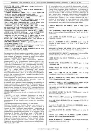 Pernambuco , 30 de Dezembro de 2019 • Diário Oficial dos Municípios do Estado de Pernambuco • ANO XI | Nº 2489
www.diariomunicipal.com.br/amupe 45
GUSTAVO DE LUNA LEITE, para o cargo Administrativo -
(nº19127-75.2019.8.17.9000);
JOÃO PAULO DA SILVA, para o cargo ASSISTENTE -
(nº19156-28.2019.8.17.9000);
TAMIRES BANDEIRA SILVA, para o cargo AUXILIAR
ADMINISTRATIVO - (nº19133-82.2019.8.17.9000);
ANTONIO MARCOS BARBOSA APOLINÁRIO SILVA, para o
cargo GARI - (nº19085-26.2019.8.17.9000);
JOCICLEIA MARIA DIAS DE MORAIS, para o cargo
ENFERMEIRO DO PSF - (nº19094-85.2019.8.17.9000);
ALEXANDRE JOSÉ VERISSIMO DA COSTA, para o cargo
GUARDA MUNICIPAL - (n°19103-47.2019.8.17.9000);
ANDERSON RAFAEL DE BRITO LIRA, para o cargo
GUARDA MUNICIPAL - (n°19109-54.2019.8.17.9000);
FRANCISCO DE ASSIS LUCAS DE OLIVEIRA, para o cargo de
Professor Infantil/EJA/Fundamental - (nº19159-80.2019.8.17.9000);
ANDRE LUIZ SILVA DE ASSIS, para o cargo ASSISTENTE DE
CONSULTÓRIO DENTÁRIO - (nº19110-39.2019.8.17.9000);
JULIANA DÁVILA LUCENA DO Ó SILVA, para o cargo
Auxiliar de Serviços Gerais - (nº19138-07.2019.8.17.9000);
CRISTIANE LUNA DOS SANTOS, para o cargo Auxiliar de
Serviços GERAIS - (nº19140-74.2019.8.17.9000);
BELATRICE FERREIRA DA SILVA, para o cargo Fisioterapeuta
- (n°19169-27.2019.8.17.2470);
MEIRIANE LEITE PEREIRA DE SOUSA, para o cargo Técnico
Fiscal de Tributos - (n°19161-50.2019.8.17.9000);
MARIANA MILLENA DA SILVA MARTINS, para o cargo
Atendente (nº 19148-51.2019.8.17.9000).
Permanecendo os demais candidatos convocados, tendo que estarem
municiados dos seguintes exames médicos: Hemograma Completo
com contagem de plaquetas; Glicemia em jejum; Perfil lipídico,
Colesterol Total, LDL, HDL; Triglicérides; V.D.R.L.
(Sorologia para Lues); AST (Transaminase Glutâmica
OxalacéticaTGO); ALT (Transaminase Glutâmica Pirúvica-TGP);
Exame de urina (E. A. S. elementos normais e sedimentoscopia);
Ácido Úrico;Parasitológico de Fezes; Eletrocardiograma com Laudo;
Eletroencefalograma com Laudo; Raios X do Tórax em PA
acompanhado do Laudo; Tipagem Sanguínea (Grupo Sanguíneo com
Fator RH); Citologia oncótica (Papanicolau), para mulheres,
Mamografia (acima de 40 anos) ou ultrassonografia (para gestantes);
Ultrassonografia Mamária (abaixo de 40 anos); para homem Exame
de PSA total (acima de 40 anos); Vacinação Antitetânica/DUPLA
(validade 10 anos) para ambos.
Para os integrantes do quadro docente (magistério), além dos exames
acima relacionados deverão também apresentar: exame de
Videolaringoscopia e Audiometria tonal/vocal.
O candidato deverá realizar os exames supracitados na rede pública ou
rede privada de saúde, em qualquer parte do Brasil, entregando-os
para devida avaliação e homologação, ante a Junta médica designada
pela Prefeitura Municipal do Carpina (PMC), responsável pelo seu
ingresso no serviço público municipal. Também deverão apresentar
atestado de sanidade física e mental.
OBSERVAÇÕES: Os exames deverão ser atuais (retroatividade de até
60 dias).
ATENÇÃO: Para o(a) Candidato(a) habilitado(a) na vaga de
Portadores de Necessidades Especiais, será obrigatória a apresentação
de laudo atualizado, confirmando, de modo definitivo, o
enquadramento de sua situação como Portador de Necessidades
Especiais.
Além dos documentos a seguir (originais e 02 duas cópias):
Diploma, Certificado ou Histórico Escolar que comprovem a
escolaridade mínima exigida no Edital do Concurso, Carteira de
Registro de Classe Profissional, Título de Eleitor e comprovante do
último pleito ou Quitação Eleitoral, RG, CPF, PIS/PASEP,
comprovante de residência (conta de água, luz ou telefone), Carteira
Profissional de Trabalho e Previdência Social – CTPS (cópia da
página de emissão), Certificado de Reservista ou de Dispensa da
Corporação, Certidão de Nascimento ou Casamento, Certidão
Negativa de Antecedentes Criminais – Justiça Estadual, Federal e
IITB-SDS, Certidão Negativa de Crimes Eleitorais – TSE, Certidão
Negativa de ato de Improbidade Administrativa e Inelegibilidade –
CNJ, 02 (duas) fotos 3X4.
Os concursados devem estar munido da documentação solicitada e
dos resultados dos exames médicos, comparecer, no Ambulatório da
Unidade Mista Franscisco Assis Chateaubriand, localizado na Av.
Conselheiro João Alfredo, 327, Santa Cruz, Carpina/PE, no dia 02 de
janeiro de 2020 às 13:00h, na Secretaria de Saúde do Município. Se
apto à função, deverá comparecer à Secretaria de Administração do
Município do Carpina no dia 09 de Janeiro de 2020 às 10:00 horas,
situada na Praça São José, n.º 95 – São José – Carpina – PE, para a
execução do procedimento de posse, munido do Laudo Médico
emitido pela Junta Médica do Município, sendo posteriormente
encaminhamento para o exercício. Conforme relação abaixo:
GISELLE AZEVEDO DA ROCHA, para o cargo Agente
Sanitário;
IARA CAROLINE CORDEIRO DO NASCIMENTO, para o
cargo Professor de Educ. Infantil, EJA e de 1º ao 5º anos do Ens.
Fundamental;
LUIS GOMES DA MOTA JÚNIOR para o cargo Agente de
Combate às Endemias;
RAFAELA TAMIRES DA SILVA MIGUEL para o cargo de
Professor de Educ. Infantil, EJA e de 1º ao 5º anos do Ens.
Fundamental;
ROSANGELA MARIA DA SILVA LIMA, função Professor de
Educ. Infantil, EJA e de 1º ao 5º anos do Ens. Fundamental;
ROSEMERE GOMES DA SILVA para o cargo Professor de Educ.
Infantil, EJA e de 1º ao 5º anos do Ens. Fundamental;
URIEL JAIME DA SILVA FERREIRA, função Auxiliar de
Serviços Gerais;
WASHINGTON BERNARDINO DA SILVA, para o cargo
Engenheiro Civil;
MARIA WLLY DE SOUZA BELO SILVA, para o cargo
Engenheiro Civil;
JOSÉ FERNANDO DA SILVA ALVES, para o cargo
PROFESSOR INFANTIL/EJA/FUNDAMENTAL;
MICHELE LOBO CARVALHO, para o cargo EDUCADOR
FÍSICO (fora do número de vagas);
DANIELA CRISTINA CASTELO BRANCO DE MELO BIONE,
para o cargo AUDITOR DE CONTAS MÉDICAS;
EDUARDO BRUNO MELO MATIAS, para o cargo Auxiliar
Administrativo;
SEBASTIÃO GOMES DA SILVA JÚNIOR, para o cargo de
Professor de Educação Física;
JOSÉ LÚCIO DA SILVA, para o cargo ENFERMEIRO DE PSF;
BEATRIZ MARIA RODRIGUES, para o cargo AUXILIAR DE
SECRETARIA;
CLAUDECI MARIA DA CONCEIÇÃO FERREIRA, para o
cargo Auxiliar de Serviços Gerais;
ALUISIO JOAQUIM DA COSTA FILHO, para o cargo de
GARI;
GHENALYCE MARIA DE OLIVEIRA GOMES AGRELLI
RAMOS, para o cargo de Fiscal de Rendas;
DAISY DE OLIVEIRA CORREIA, para o cargo PROFESSOR
INFANTIL/EJA/FUNDAMENTAL.
 