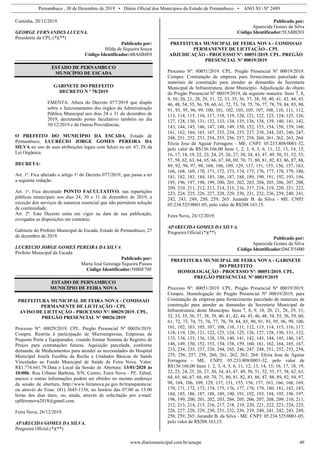 Pernambuco , 30 de Dezembro de 2019 • Diário Oficial dos Municípios do Estado de Pernambuco • ANO XI | Nº 2489
www.diariomunicipal.com.br/amupe 49
Custódia, 20/12/2019.
GEORGE FERNANDES LUCENA.
Presidente da CPL.(*)(**)
Publicado por:
Hilda de Siqueira Souza
Código Identificador:4BA6B4F0
ESTADO DE PERNAMBUCO
MUNICÍPIO DE ESCADA
GABINETE DO PREFEITO
DECRETO N º 78/2019
EMENTA: Altera do Decreto 077/2019 que dispõe
sobre o funcionamento dos órgãos da Administração
Pública Municipal nos dias 24 e 31 de dezembro de
2019, decretando ponto facultativo também no dia
30/12/2019 e dá Outras Providências.
O PREFEITO DO MUNICÍPIO DA ESCADA, Estado de
Pernambuco, LUCRÉCIO JORGE GOMES PEREIRA DA
SILVA no uso de suas atribuições legais com fulcro no art. 67, IX da
Lei Orgânica.
DECRETA:
Art. 1º. Fica alterado o artigo 1ᵒ do Decreto 077/2019, que passa a ter
a seguinte redação:
Art. 1ᵒ. Fica decretado PONTO FACULTATIVO, nas repartições
públicas municipais nos dias 24, 30 e 31 de dezembro de 2019, a
exceção dos serviços de natureza essencial que não permitem solução
de continuidade.
Art. 2º. Este Decreto entra em vigor na data de sua publicação,
revogadas as disposições em contrário.
Gabinete do Prefeito Municipal de Escada, Estado de Pernambuco, 27
de dezembro de 2019.
LUCRECIO JORGE GOMES PEREIRA DA SILVA
Prefeito Municipal da Escada
Publicado por:
Maria José Gonzaga Siqueira Passos
Código Identificador:58B0F78F
ESTADO DE PERNAMBUCO
MUNICÍPIO DE FEIRA NOVA
PREFEITURA MUNICIPAL DE FEIRA NOVA - COMISSAO
PERMANENTE DE LICITAÇÃO - CPL
AVISO DE LICITAÇÃO - PROCESSO Nº: 00029/2019. CPL.
PREGÃO PRESENCIAL Nº 00026/2019
Processo Nº: 00029/2019. CPL. Pregão Presencial Nº 00026/2019.
Compra. Restrita à participação de Microempresas, Empresas de
Pequeno Porte e Equiparados, visando formar Sistema de Registro de
Preços para contratações futuras. Aquisição parcelada, conforme
demanda, de Medicamentos para atender as necessidades do Hospital
Municipal Josefa Euzébia da Rocha e Unidades Básicas de Saúde
Vinculadas ao Fundo Municipal de Saúde de Feira Nova. Valor:
R$1.774.641,79.Data e Local da Sessão de Abertura: 13/01/2020 às
10:00h. Rua Urbano Barbosa, S/N, Centro, Feira Nova - PE. Edital,
anexos e outras informações podem ser obtidos no mesmo endereço
da sessão de abertura, http://www.feiranova.pe.gov.br/transparencia/
ou através do Fone: (81) 3645-1156, no horário das 07:00 as 13:00
horas dos dias úteis, ou, ainda, através de solicitação por e-mail:
cplfeiranova2018@gmail.com.
Feira Nova, 26/12/2019.
APARECIDA GOMES DA SILVA.
Pregoeira Oficial.(*)(**)
Publicado por:
Aparecida Gomes da Silva
Código Identificador:5FABB203
PREFEITURA MUNICIPAL DE FEIRA NOVA - COMISSAO
PERMANENTE DE LICITAÇÃO - CPL
ADJUDICAÇÃO - PROCESSO Nº: 00051/2019. CPL. PREGÃO
PRESENCIAL Nº 00019/2019
Processo Nº: 00051/2019. CPL. Pregão Presencial Nº 00019/2019.
Compra. Contratação de empresa para fornecimento parcelado de
materiais de construção para atender as demandas da Secretaria
Municipal de Infraestrutura, deste Município. Adjudicação do objeto
do Pregão Presencial Nº 00019/2019, da seguinte maneira: Itens 7, 8,
9, 10, 20, 21, 28, 29, 31, 32, 33, 35, 36, 37, 38, 39, 40, 41, 42, 44, 45,
46, 48, 54, 55, 56, 59, 60, 61, 72, 73, 74, 75, 76, 77, 78, 79, 84, 85, 90,
91, 93, 95, 96, 99, 100, 101, 102, 103, 105, 107, 108, 110, 111, 112,
113, 114, 115, 116, 117, 118, 119, 120, 121, 122, 123, 124, 125, 126,
127, 128, 130, 131, 132, 133, 134, 135, 136, 138, 139, 140, 141, 142,
143, 144, 145, 146, 147, 148, 149, 150, 152, 153, 154, 158, 159, 160,
161, 162, 164, 165, 167, 233, 234, 235, 237, 238, 244, 245, 246, 247,
248, 251, 252, 253, 254, 255, 256, 257, 258, 260, 261, 262, 263, 264:
Elizia Jose de Aguiar Ferragens - ME. CNPJ: 05.233.808/0001-32,
pelo valor de R$136.166,00 Itens 1, 2, 3, 4, 5, 6, 11, 12, 13, 14, 15,
16, 17, 18, 19, 22, 23, 24, 25, 26, 27, 30, 34, 43, 47, 49, 50, 51, 52, 53,
57, 58, 62, 63, 64, 65, 66, 67, 68, 69, 70, 71, 80, 81, 82, 83, 86, 87, 88,
89, 92, 94, 97, 98, 104, 106, 109, 129, 137, 151, 155, 156, 157, 163,
166, 168, 169, 170, 171, 172, 173, 174, 175, 176, 177, 178, 179, 180,
181, 182, 183, 184, 185, 186, 187, 188, 189, 190, 191, 192, 193, 194,
195, 196, 197, 198, 199, 200, 201, 202, 203, 204, 205, 206, 207, 208,
209, 210, 211, 212, 213, 214, 215, 216, 217, 218, 219, 220, 221, 222,
223, 224, 225, 226, 227, 228, 229, 230, 231, 232, 236, 239, 240, 241,
242, 243, 249, 250, 259, 265: Jurandir B. da Silva - ME. CNPJ:
05.234.525/0001-05, pelo valor de R$208.163,15.
Feira Nova, 24/12/2019.
APARECIDA GOMES DA SILVA.
Pregoeira Oficial.(*)(**)
Publicado por:
Aparecida Gomes da Silva
Código Identificador:D6CF54B0
PREFEITURA MUNICIPAL DE FEIRA NOVA - GABINETE
DO PREFEITO
HOMOLOGAÇÃO - PROCESSO Nº: 00051/2019. CPL.
PREGÃO PRESENCIAL Nº 00019/2019
Processo Nº: 00051/2019. CPL. Pregão Presencial Nº 00019/2019.
Compra. Homologação do Pregão Presencial Nº 00019/2019, para
Contratação de empresa para fornecimento parcelado de materiais de
construção para atender as demandas da Secretaria Municipal de
Infraestrutura, deste Município. Itens 7, 8, 9, 10, 20, 21, 28, 29, 31,
32, 33, 35, 36, 37, 38, 39, 40, 41, 42, 44, 45, 46, 48, 54, 55, 56, 59, 60,
61, 72, 73, 74, 75, 76, 77, 78, 79, 84, 85, 90, 91, 93, 95, 96, 99, 100,
101, 102, 103, 105, 107, 108, 110, 111, 112, 113, 114, 115, 116, 117,
118, 119, 120, 121, 122, 123, 124, 125, 126, 127, 128, 130, 131, 132,
133, 134, 135, 136, 138, 139, 140, 141, 142, 143, 144, 145, 146, 147,
148, 149, 150, 152, 153, 154, 158, 159, 160, 161, 162, 164, 165, 167,
233, 234, 235, 237, 238, 244, 245, 246, 247, 248, 251, 252, 253, 254,
255, 256, 257, 258, 260, 261, 262, 263, 264: Elizia Jose de Aguiar
Ferragens - ME. CNPJ: 05.233.808/0001-32, pelo valor de
R$136.166,00 Itens 1, 2, 3, 4, 5, 6, 11, 12, 13, 14, 15, 16, 17, 18, 19,
22, 23, 24, 25, 26, 27, 30, 34, 43, 47, 49, 50, 51, 52, 53, 57, 58, 62, 63,
64, 65, 66, 67, 68, 69, 70, 71, 80, 81, 82, 83, 86, 87, 88, 89, 92, 94, 97,
98, 104, 106, 109, 129, 137, 151, 155, 156, 157, 163, 166, 168, 169,
170, 171, 172, 173, 174, 175, 176, 177, 178, 179, 180, 181, 182, 183,
184, 185, 186, 187, 188, 189, 190, 191, 192, 193, 194, 195, 196, 197,
198, 199, 200, 201, 202, 203, 204, 205, 206, 207, 208, 209, 210, 211,
212, 213, 214, 215, 216, 217, 218, 219, 220, 221, 222, 223, 224, 225,
226, 227, 228, 229, 230, 231, 232, 236, 239, 240, 241, 242, 243, 249,
250, 259, 265: Jurandir B. da Silva - ME. CNPJ: 05.234.525/0001-05,
pelo valor de R$208.163,15.
 