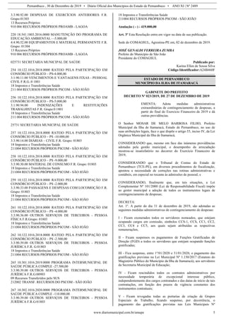 Pernambuco , 30 de Dezembro de 2019 • Diário Oficial dos Municípios do Estado de Pernambuco • ANO XI | Nº 2489
www.diariomunicipal.com.br/amupe 5
3.3.90.92.00 DESPESAS DE EXERCÍCIOS ANTERIORES F.R.
Grupo:01303
13 Recursos Próprios
910 006 RECURSOS PRÓPRIOS PROAMB - LAGOA
220 18.541.1803.2016.0000 MANUTENÇÃO DO PROGRAMA DE
EDUCAÇÃO AMBIENTAL - -5.000,00
4.4.90.52.00 EQUIPAMENTOS E MATERIAL PERMANENTE F.R.
Grupo: 01304
13 Recursos Próprios
910 006 RECURSOS PRÓPRIOS PROAMB - LAGOA
025731 SECRETARIA MUNICIPAL DE SAÚDE
254 10.122.1016.2018.0000 RATEIO PELA PARTICIPAÇÃO EM
CONSÓRCIO PÚBLICO – PS-4.000,00
3.1.90.11.00 VENCIMENTOS E VANTAGENS FIXAS - PESSOAL
CIVIL F.R.G.:0 1801
18 Impostos e Transferências Saúde
211 004 RECURSOS PRÓPRIOS PSCOM - SÃO JOÃO
256 10.122.1016.2018.0000 RATEIO PELA PARTICIPAÇÃO EM
CONSÓRCIO PÚBLICO – PS-5.000,00
3.1.90.94.00 INDENIZAÇÕES E RESTITUIÇÕES
TRABALHISTAS F.R. Grupo:0 1801
18 Impostos e Transferências Saúde
211 004 RECURSOS PRÓPRIOS PSCOM - SÃO JOÃO
25731 SECRETARIA MUNICIPAL DE SAÚDE
257 10.122.1016.2018.0000 RATEIO PELA PARTICIPAÇÃO EM
CONSÓRCIO PÚBLICO – PS -10.000,00
3.3.90.14.00 DIÁRIAS – CIVIL F.R. Grupo: 01803
18 Impostos e Transferências Saúde
211004 RECURSOS PRÓPRIOS PSCOM - SÃO JOÃO
258 10.122.1016.2018.0000 RATEIO PELA PARTICIPAÇÃO EM
CONSÓRCIO PÚBLICO – PS -9.000,00
3.3.90.30.00 MATERIAL DE CONSUMO F.R. Grupo: 01803
18 Impostos e Transferências Saúde
211004 RECURSOS PRÓPRIOS PSCOM - SÃO JOÃO
259 10.122.1016.2018.0000 RATEIO PELA PARTICIPAÇÃO EM
CONSÓRCIO PÚBLICO – PS -2.000,00
3.3.90.33.00 PASSAGENS E DESPESAS COM LOCOMOÇÃO F.R.
Grupo: 01803
18 Impostos e Transferências Saúde
211004 RECURSOS PRÓPRIOS PSCOM - SÃO JOÃO
261 10.122.1016.2018.0000 RATEIO PELA PARTICIPAÇÃO EM
CONSÓRCIO PÚBLICO – PS -4.000,00
3.3.90.36.00 OUTROS SERVIÇOS DE TERCEIROS - PESSOA
FÍSICA F.R.Grupo: 01803
18 Impostos e Transferências Saúde
211004 RECURSOS PRÓPRIOS PSCOM - SÃO JOÃO
262 10.122.1016.2018.0000 RATEIO PELA PARTICIPAÇÃO EM
CONSÓRCIO PÚBLICO – PS -2.500,00
3.3.90.39.00 OUTROS SERVIÇOS DE TERCEIROS - PESSOA
JURÍDICA F.R. G:01803
18 Impostos e Transferências Saúde
211004 RECURSOS PRÓPRIOS PSCOM - SÃO JOÃO
265 10.301.1016.2019.0000 PROGRAMA INTERMUNICIPAL DE
SAÚDE PÚBLICA COMPLE -27.500,00
3.3.90.39.00 OUTROS SERVIÇOS DE TERCEIROS - PESSOA
JURÍDICA F.R.G:00903
09 Recursos Transferidos pelo SUS
212002 TRANSF. RECURSOS DO PSCOM - SÃO JOÃO
267 10.302.1016.2020.0000 PROGRAMA INTERMUNICIPAL DE
SAÚDE PÚBLICA COMPLE -110.000,00
3.3.90.39.00 OUTROS SERVIÇOS DE TERCEIROS - PESSOA
JURÍDICA F.R.G:01803
18 Impostos e Transferências Saúde
211004 RECURSOS PRÓPRIOS PSCOM - SÃO JOÃO
Anulação ( - ) - 419.000,00
Art. 3º Esta Resolução entra em vigor na data de sua publicação.
Sede do COMAGSUL, Agrestina-PE em, 02 de dezembro de 2019.
JOSÉ GENALDI FERREIRA ZUMBA
Prefeito do Município de São João
Presidente do COMAGSUL
Publicado por:
Karina Ellen de Sousa Silva
Código Identificador:A24B460F
ESTADO DE PERNAMBUCO
MUNICÍPIO DA ILHA DE ITAMARACÁ
GABINETE DO PREFEITO
DECRETO Nº 023/2019, DE 27 DE DEZEMBRO DE 2019
EMENTA: Adota medidas administrativas
extraordinárias de contingenciamento de despesas, a
partir do final do Exercício Financeiro de 2019 e dá
outras providências.
O Senhor MOSAR DE MELO BARBOSA FILHO, Prefeito
Municipal da Ilha de Itamaracá, Estado de Pernambuco, no uso de
suas atribuições legais, face o que dispõe o artigo 55, inciso IV, da Lei
Orgânica Municipal da Ilha de Itamaracá,
CONSIDERANDO que, mesmo em face das inúmeras providências
adotadas pela gestão municipal, o desempenho da arrecadação
mostrou-se insatisfatório no decorrer do Exercício Financeiro de
2019;
CONSIDERANDO que o Tribunal de Contas do Estado de
Pernambuco (TCE-PE), em diversos procedimentos de fiscalização,
apontou a necessidade de correções nas rotinas administrativas e
contábeis, em especial no tocante às admissões de pessoal; e
CONSIDERANDO, finalmente que, em tais situações, a Lei
Complementar Nº 101/2000 (Lei de Responsabilidade Fiscal) impõe
ao gestor municipal a adoção de todos os instrumentos legais de
contingenciamento de despesas;
DECRETA:
Art. 1º. A partir do dia 31 de dezembro de 2019, são adotadas as
seguintes medidas administrativas de contingenciamento de despesas:
I - Ficam exonerados todos os servidores nomeados, que estejam
ocupando cargos em comissão, símbolos CCS-1, CCS, CC1, CC2,
CC3, CC4 e CC5, aos quais sejam atribuídas as respectivas
remunerações;
II - Ficam suspensos os pagamentos de Funções Gratificadas de
Direção (FGD) a todos os servidores que estejam ocupando funções
gratificadas;
III - Fica suspenso, entre 1º/01/2020 e 31/01/2020, o pagamento das
gratificações previstas na Lei Municipal Nº 1.150/2017 (Estatuto do
Magistério Público do Município da Ilha de Itamaracá), aos servidores
da Secretaria Municipal de Educação;
IV - Ficam rescindidos todos os contratos administrativos por
necessidade temporária de excepcional interesse público,
independentemente dos cargos contratados e das datas de início de tais
contratações, em função dos prazos de vigência constantes dos
instrumentos contratuais;
V - Ficam revogadas todas as portarias de criação de Grupos
Especiais de Trabalho, ficando suspenso, por decorrência, o
pagamento das gratificações previstas nas Leis Municipais Nº
 