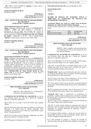 Pernambuco , 30 de Dezembro de 2019 • Diário Oficial dos Municípios do Estado de Pernambuco • ANO XI | Nº 2489
www.diariomunicipal.com.br/amupe 52
- ME, CNPJ nº 20.415.233/0001-62. Vigência: 12 (doze) meses, a
iniciar-se em 01 Janeiro 2020.
MARCELO PEREIRA MARÇAL
Presidente do IPSG
Publicado por:
Paulo Sérgio Matos de Almeida
Código Identificador:AE6A6120
IPSG - INSTITUTO DE PREVIDÊNCIA DOS SERVIDORES
DE GARANHUNS
EXTRATO DE 3º TERMO ADITIVO
CHAMAMENTO PÚBLICO Nº 001/2017
Objeto: Aditamento para prorrogação de prazo do CONTRATO Nº
117/2017 – CPLC, cujo objeto destina-se à contratação de
Profissional na área de saúde, para prestação dos serviços de
TÉCNICO EM ENFERMAGEM, a fim de auxiliar nos trabalhos de
perícia médica junto ao IPSG. CONTRATADA: SRª. ANA MARIA
DA HORA - COREN/PE nº 597.782 - CPF nº 898.926.074-49.
Vigência: 12 (doze) meses, a iniciar-se em 01 Janeiro 2020.
MARCELO PEREIRA MARÇAL
Presidente - IPSG
Publicado por:
Paulo Sérgio Matos de Almeida
Código Identificador:48D55BA6
IPSG - INSTITUTO DE PREVIDÊNCIA DOS SERVIDORES
DE GARANHUNS
EXTRATO DE 3º TERMO ADITIVO
CHAMAMENTO PÚBLICO Nº 001/2017
Objeto: Aditamento para prorrogação de prazo do CONTRATO Nº
116/2017 - CPLC, cujo objeto trata-se da contratação de Profissional
na área de saúde, para prestação dos serviços de PERÍCIAS
MÉDICAS DO TRABALHO, a fim de se efetivar os trabalhos de
consultas médicas especializadas e exames na área da medicina ou
procedimentos administrativos, que envolvam a concessão ou
manutenção de benefícios previdenciários junto ao IPSG -Instituto de
Previdência dos Servidores Públicos do Município de Garanhuns/PE –
IPSG. CONTRATADO: Dr. Paulo Edvaldo Silvério da Silva
Junior, CPF nº 611.851.404-68. Vigência: 12 (doze) meses, a
iniciar-se em 01 Janeiro 2020.
MARCELO PEREIRA MARÇAL
Presidente – IPSG.
Publicado por:
Paulo Sérgio Matos de Almeida
Código Identificador:B9D3D50C
PROCURADORIA GERAL DO MUNICÍPIO
LEI Nº 4636/2019
EMENTA: Altera dispositivo da Lei Municipal nº
4.612/2019 e dá outras providências.
O PREFEITO DO MUNICÍPIO DE GARANHUNS, no uso de
suas atribuições legais, faço saber que a câmara dos vereadores
aprovou e eu sanciono a seguinte lei:
Art. 1º Inclui o § 3º ao artigo 17 da Lei 4.612/2019, com a seguinte
redação:
“§ 3º Os vencimentos básicos dos cargos de Auditor Fiscal da Receita
Municipal e de Auditor Fiscal de Tributos Municipais ficam
estabelecidos na forma do Anexo I, desta Lei, e serão devidos a partir
do dia 1º de janeiro de 2020.”
Art. 2º Esta Lei entra em vigor na data de sua publicação, com efeitos
financeiros a partir de 1º de janeiro de 2020.
Art. 3º Revogam-se as disposições em contrário.
PALÁCIO CELSO GALVÃO, em 26 de dezembro de 2019.
IZAIAS REGIS NETO
Prefeito
ANEXO I
QUADRO DE PESSOAL DE AUDITORIA FISCAL E
TRIBUTÁRIA DA SECRETARIA DE FINANÇAS DO
MUNICÍPIO DE GARANHUNS
Vencimentos Básicos dos cargos de Auditor Fiscal da Receita
Municipal e de Auditor Fiscal de Tributos Municipais
(Valores devidos a partir do dia 1° de janeiro de 2020, expressos em
Reais)
Cargo Nível Vencimento Básico
Auditor Fiscal da Receita Municipal AFRM R$ 2.050,00
Auditor Fiscal de Tributos Municipais AFTM R$ 2.050,00
Publicado por:
Paulo Sérgio Matos de Almeida
Código Identificador:2B117B9A
PROCURADORIA GERAL DO MUNICÍPIO
LEI Nº 4637/2019
EMENTA: Altera a redação e acrescenta dispositivos
à Lei Municipal nº 4.174, de 28 de setembro de 2015
e dá outras providências.
O PREFEITO DO MUNICÍPIO DE GARANHUNS, no uso de
suas atribuições legais, faço saber que a câmara dos vereadores
aprovou e eu sanciono a seguinte lei:
Art. 1º A Lei Municipal nº 4.174, de 28 de setembro de 2015, passa a
vigorar acrescida do artigo 14-A com a seguinte redação:
“Art. 14-A. A permissão para as atividades tratadas nesta Lei terá
validade pelo prazo de 05 (cinco) anos, renováveis por iguais e
sucessivos períodos, limitado a 20 (vinte) anos.
Parágrafo único. Aqueles que já detém permissão para o exercício
das atividades disciplinadas nesta Lei poderão renová-las pelo prazo
de duração descrito no caput deste artigo.”
Art. 2º O inciso II do artigo 3º da Lei Municipal nº 4.174, de 28 de
setembro de 2015, para a vigorar com a seguinte redação:
“II – ter no máximo 10 (dez) anos de vida útil e em perfeito estado de
conservação e funcionamento quando do processo de cadastramento e
permissão.”
Art. 3º O parágrafo único do artigo 12 da Lei Municipal nº 4.174, de
28 de setembro de 2015, passa a vigorar com a seguinte redação:
“Parágrafo único. Após o cancelamento ou transferência da
permissão, o condutor titular só poderá exercer novamente a atividade
de mototáxi após o interstício de 12 (doze) meses, a contar da data de
seu descredenciamento.”
Art. 4º O artigo 15 da Lei Municipal nº 4.174, de 28 de setembro de
2015, passa a vigorar com a seguinte redação:
“Art. 15. O veículo somente poderá ser conduzido pelo titular da
permissão e pelo seu preposto, devendo ambos estarem devidamente
cadastrados na Autarquia Municipal de Segurança, Trânsito e
Transporte de Garanhuns.
§ 1º O preposto poderá conduzir o veículo nos casos de doença ou
incapacidade provisória do titular da permissão, estando sujeito aos
deveres e obrigações estabelecidas nesta Lei.
§ 2º Será permitido ao preposto o exercício da atividade de
mototaxista pelo prazo de 30 (trinta) dias, podendo ser prorrogado a
 