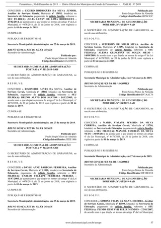 Pernambuco , 30 de Dezembro de 2019 • Diário Oficial dos Municípios do Estado de Pernambuco • ANO XI | Nº 2489
www.diariomunicipal.com.br/amupe 57
CONCEDER a CICERO RODRIGUES DA SILVA JUNIOR,
Auxiliar de Serviços Gerais, Matrícula nº 13695, lotado(a) na
Secretaria de Educação, pagamento de salário família, referente a
SEU FILHO(A): JULIA LUANY DE LIMA RODRIGUES -
27/02/2014, de acordo com o que dispõe os termos do artigo 4º da Lei
Municipal, nº 4478/2018, de 20 de junho de 2018, com vigência a
partir de 01 de março de 2019.
CUMPRA-SE
PUBLIQUE-SE E REGISTRE-SE
Secretaria Municipal de Administração, em 27 de março de 2019.
BRUNO GONÇALVES DA SILVA GOMES
Secretário de Administração
Publicado por:
Paulo Sérgio Matos de Almeida
Código Identificador:6AD2B07A
SECRETARIA MUNICIPAL DE ADMINISTRAÇÃO
PORTARIA Nº 511/2019–SAD
O SECRETÁRIO DE ADMINISTRAÇÃO DE GARANHUNS, no
uso de suas atribuições,
R E S O L V E:
CONCEDER a RISONEIDE ALVES DA SILVA, Auxiliar de
Serviços Gerais, Matrícula nº 13860, lotado(a) na Secretaria de
Educação, pagamento de salário família, referente a SEU
FILHO(A): BRUNO ALVES DOS SANTOS - 14/12/2005, de
acordo com o que dispõe os termos do artigo 4º da Lei Municipal, nº
4478/2018, de 20 de junho de 2018, com vigência a partir de 01 de
março de 2019.
CUMPRA-SE
PUBLIQUE-SE E REGISTRE-SE
Secretaria Municipal de Administração, em 27 de março de 2019.
BRUNO GONÇALVES DA SILVA GOMES
Secretário de Administração
Publicado por:
Paulo Sérgio Matos de Almeida
Código Identificador:3FDE1486
SECRETARIA MUNICIPAL DE ADMINISTRAÇÃO
PORTARIA Nº 512/2019–SAD
O SECRETÁRIO DE ADMINISTRAÇÃO DE GARANHUNS, no
uso de suas atribuições,
R E S O L V E:
CONCEDER a DAYSE ANNE BARBOSA FERREIRA, Auxiliar
de Serviços Gerais, Matrícula nº 13910, lotado(a) na Secretaria de
Educação, pagamento de salário família, referente a SEU
FILHO(A): CARLOS FELLYPE FERREIRA PEREIRA -
11/07/2005, de acordo com o que dispõe os termos do artigo 4º da Lei
Municipal, nº 4478/2018, de 20 de junho de 2018, com vigência a
partir de 01 de março de 2019.
CUMPRA-SE
PUBLIQUE-SE E REGISTRE-SE
Secretaria Municipal de Administração, em 27 de março de 2019.
BRUNO GONÇALVES DA SILVA GOMES
Secretário de Administração
Publicado por:
Paulo Sérgio Matos de Almeida
Código Identificador:6D58C82C
SECRETARIA MUNICIPAL DE ADMINISTRAÇÃO
PORTARIA Nº 513/2019–SAD
O SECRETÁRIO DE ADMINISTRAÇÃO DE GARANHUNS, no
uso de suas atribuições,
R E S O L V E:
CONCEDER a JEFERSON DE MELO SILVA, Auxiliar de
Serviços Gerais, Matrícula nº 13853, lotado(a) na Secretaria de
Educação, pagamento de salário família, referente a SEU
FILHO(A): ALESSA GEOVANNA DE SOUZA MELO -
14/09/2009, de acordo com o que dispõe os termos do artigo 4º da Lei
Municipal, nº 4478/2018, de 20 de junho de 2018, com vigência a
partir de 01 de março de 2019.
CUMPRA-SE
PUBLIQUE-SE E REGISTRE-SE
Secretaria Municipal de Administração, em 27 de março de 2019.
BRUNO GONÇALVES DA SILVA GOMES
Secretário de Administração
Publicado por:
Paulo Sérgio Matos de Almeida
Código Identificador:D97AAC76
SECRETARIA MUNICIPAL DE ADMINISTRAÇÃO
PORTARIA Nº 514/2019–SAD
O SECRETÁRIO DE ADMINISTRAÇÃO DE GARANHUNS, no
uso de suas atribuições,
R E S O L V E:
CONCEDER a MARIA VIVIANE PEREIRA DA SILVA
CORREIA, Auxiliar de Serviços Gerais, Matrícula nº 13710,
lotado(a) na Secretaria de Educação, pagamento de salário família,
referente a SEU FILHO(A): MANOEL CORREIA DA SILVA
NETO - 30/05/2014, de acordo com o que dispõe os termos do artigo
4º da Lei Municipal, nº 4478/2018, de 20 de junho de 2018, com
vigência a partir de 01 de março de 2019.
CUMPRA-SE
PUBLIQUE-SE E REGISTRE-SE
Secretaria Municipal de Administração, em 27 de março de 2019.
BRUNO GONÇALVES DA SILVA GOMES
Secretário de Administração
Publicado por:
Paulo Sérgio Matos de Almeida
Código Identificador:DF3BED18
SECRETARIA MUNICIPAL DE ADMINISTRAÇÃO
PORTARIA Nº 515/2019–SAD
O SECRETÁRIO DE ADMINISTRAÇÃO DE GARANHUNS, no
uso de suas atribuições,
R E S O L V E:
CONCEDER a SIMONE FELIX DA SILVA MENDES, Auxiliar
de Serviços Gerais, Matrícula nº 13899, lotado(a) na Secretaria de
Educação, pagamento de salário família, referente a SEU
FILHO(A): PLINIO GUSTAVO FELIX MENDES - 22/01/2007,
de acordo com o que dispõe os termos do artigo 4º da Lei Municipal,
 