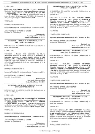 Pernambuco , 30 de Dezembro de 2019 • Diário Oficial dos Municípios do Estado de Pernambuco • ANO XI | Nº 2489
www.diariomunicipal.com.br/amupe 60
R E S O L V E:
CONCEDER a QUITERIA ARAUJO TAVARES, Merendeira,
Matrícula nº 14196, lotado(a) na Secretaria de Educação, pagamento
de salário família, referente a SEU FILHO(A): MARIA ANA
TAVARES DE LIMA - 28/07/2005, de acordo com o que dispõe os
termos do artigo 4º da Lei Municipal, nº 4478/2018, de 20 de junho de
2018, com vigência a partir de 01 de março de 2019.
CUMPRA-SE
PUBLIQUE-SE E REGISTRE-SE
Secretaria Municipal de Administração, em 27 de março de 2019.
BRUNO GONÇALVES DA SILVA GOMES
Secretário de Administração
Publicado por:
Paulo Sérgio Matos de Almeida
Código Identificador:AC2A7F07
SECRETARIA MUNICIPAL DE ADMINISTRAÇÃO
PORTARIA Nº 527/2019–SAD
O SECRETÁRIO DE ADMINISTRAÇÃO DE GARANHUNS, no
uso de suas atribuições,
R E S O L V E:
CONCEDER a MARIA JOSE LEANDRO DA SILVA,
Merendeira, Matrícula nº 13878, lotado(a) na Secretaria de
Educação, pagamento de salário família, referente a SEU
FILHO(A): ANA MARIA LEANDRO XAVIER - 09/06/2013, de
acordo com o que dispõe os termos do artigo 4º da Lei Municipal, nº
4478/2018, de 20 de junho de 2018, com vigência a partir de 01 de
março de 2019.
CUMPRA-SE
PUBLIQUE-SE E REGISTRE-SE
Secretaria Municipal de Administração, em 27 de março de 2019.
BRUNO GONÇALVES DA SILVA GOMES
Secretário de Administração
Publicado por:
Paulo Sérgio Matos de Almeida
Código Identificador:2F3A2841
SECRETARIA MUNICIPAL DE ADMINISTRAÇÃO
PORTARIA Nº 528/2019–SAD
O SECRETÁRIO DE ADMINISTRAÇÃO DE GARANHUNS, no
uso de suas atribuições,
R E S O L V E:
CONCEDER a MARLEIDE DE BARROS SANTOS, Merendeira,
Matrícula nº 13882, lotado(a) na Secretaria de Educação, pagamento
de salário família, referente a SEU FILHO(A): MARCOS
ANTONIO RAMOS DE BARROS - 03/06/2014, de acordo com o
que dispõe os termos do artigo 4º da Lei Municipal, nº 4478/2018, de
20 de junho de 2018, com vigência a partir de 01 de março de 2019.
CUMPRA-SE
PUBLIQUE-SE E REGISTRE-SE
Secretaria Municipal de Administração, em 27 de março de 2019.
BRUNO GONÇALVES DA SILVA GOMES
Secretário de Administração
Publicado por:
Paulo Sérgio Matos de Almeida
Código Identificador:D583F865
SECRETARIA MUNICIPAL DE ADMINISTRAÇÃO
PORTARIA Nº 529/2019–SAD
O SECRETÁRIO DE ADMINISTRAÇÃO DE GARANHUNS, no
uso de suas atribuições,
R E S O L V E:
CONCEDER a CLECIA JULIANA CORADO ALVES,
Merendeira, Matrícula nº 13642, lotado(a) na Secretaria de
Educação, pagamento de salário família, referente a SEU
FILHO(A): JOÃO VICTOR CORADO CAVALCANTE -
16/05/2012, de acordo com o que dispõe os termos do artigo 4º da Lei
Municipal, nº 4478/2018, de 20 de junho de 2018, com vigência a
partir de 01 de março de 2019.
CUMPRA-SE
PUBLIQUE-SE E REGISTRE-SE
Secretaria Municipal de Administração, em 27 de março de 2019.
BRUNO GONÇALVES DA SILVA GOMES
Secretário de Administração
Publicado por:
Paulo Sérgio Matos de Almeida
Código Identificador:6ED1381E
SECRETARIA MUNICIPAL DE ADMINISTRAÇÃO
PORTARIA Nº 530/2019–SAD
O SECRETÁRIO DE ADMINISTRAÇÃO DE GARANHUNS, no
uso de suas atribuições,
R E S O L V E:
CONCEDER a DEOLINDA MARQUES PIMENTEL,
Merendeira, Matrícula nº 13644, lotado(a) na Secretaria de
Educação, pagamento de salário família, referente a SEU
FILHO(A): DILERMANDO PEREIRA DE VASCONCELOS -
27/06/2006, de acordo com o que dispõe os termos do artigo 4º da Lei
Municipal, nº 4478/2018, de 20 de junho de 2018, com vigência a
partir de 01 de março de 2019.
CUMPRA-SE
PUBLIQUE-SE E REGISTRE-SE
Secretaria Municipal de Administração, em 27 de março de 2019.
BRUNO GONÇALVES DA SILVA GOMES
Secretário de Administração
Publicado por:
Paulo Sérgio Matos de Almeida
Código Identificador:4C82B023
SECRETARIA MUNICIPAL DE ADMINISTRAÇÃO
PORTARIA Nº 531/2019–SAD
O SECRETÁRIO DE ADMINISTRAÇÃO DE GARANHUNS, no
uso de suas atribuições,
R E S O L V E:
CONCEDER a JULIANA DA SILVA SILVESTRE, Merendeira,
Matrícula nº 13647, lotado(a) na Secretaria de Educação, pagamento
de salário família, referente a SEU FILHO(A): EMILLY NICOLY
DA SILVA SILVESTRE - 10/11/2008, de acordo com o que dispõe
os termos do artigo 4º da Lei Municipal, nº 4478/2018, de 20 de junho
de 2018, com vigência a partir de 01 de março de 2019.
CUMPRA-SE
PUBLIQUE-SE E REGISTRE-SE
 