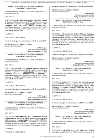 Pernambuco , 30 de Dezembro de 2019 • Diário Oficial dos Municípios do Estado de Pernambuco • ANO XI | Nº 2489
www.diariomunicipal.com.br/amupe 65
SECRETARIA MUNICIPAL DE ADMINISTRAÇÃO
PORTARIA Nº 554/2019–SAD
O SECRETÁRIO DE ADMINISTRAÇÃO DE GARANHUNS, no
uso de suas atribuições,
R E S O L V E:
CONCEDER a JOSE FABIO RODRIGUES QUEIROZ, Monitor
de Transporte Escolar, Matrícula nº 13779, lotado(a) na Secretaria
de Educação, pagamento de salário família, referente a SEU
FILHO(A): JOSE BENJAMIN BRITO RODRIGUES -
26/04/2016, de acordo com o que dispõe os termos do artigo 4º da Lei
Municipal, nº 4478/2018, de 20 de junho de 2018, com vigência a
partir de 01 de março de 2019.
CUMPRA-SE
PUBLIQUE-SE E REGISTRE-SE
Secretaria Municipal de Administração, em 27 de março de 2019.
BRUNO GONÇALVES DA SILVA GOMES
Secretário de Administração
Publicado por:
Paulo Sérgio Matos de Almeida
Código Identificador:927C4B48
SECRETARIA MUNICIPAL DE ADMINISTRAÇÃO
PORTARIA Nº 555/2019–SAD
O SECRETÁRIO DE ADMINISTRAÇÃO DE GARANHUNS, no
uso de suas atribuições,
R E S O L V E:
CONCEDER a ADEMAR SANTANA DOS SANTOS, Monitor de
Transporte Escolar, Matrícula nº 14333, lotado(a) na Secretaria de
Educação, pagamento de salário família, referente a SEU
FILHO(A): RAFAELLY BARBOSA COSTA SANTANA -
28/08/2018, de acordo com o que dispõe os termos do artigo 4º da Lei
Municipal, nº 4478/2018, de 20 de junho de 2018, com vigência a
partir de 01 de março de 2019.
CUMPRA-SE
PUBLIQUE-SE E REGISTRE-SE
Secretaria Municipal de Administração, em 27 de março de 2019.
BRUNO GONÇALVES DA SILVA GOMES
Secretário de Administração
Publicado por:
Paulo Sérgio Matos de Almeida
Código Identificador:5080586D
SECRETARIA MUNICIPAL DE ADMINISTRAÇÃO
PORTARIA Nº 556/2019–SAD
O SECRETÁRIO DE ADMINISTRAÇÃO DE GARANHUNS, no
uso de suas atribuições,
R E S O L V E:
CONCEDER a EDNA MARIA DA SILVA NORONHA, Tecnica
em Enfermagem, Matrícula nº 91020, lotado(a) na Secretaria de
Saúde, pagamento de salário família, referente a SEU FILHO(A):
ARTHUR DA SILVA NORONHA - 19/12/2006, de acordo com o
que dispõe os termos do artigo 4º da Lei Municipal, nº 4478/2018, de
20 de junho de 2018, com vigência a partir de 01 de março de 2019.
CUMPRA-SE
PUBLIQUE-SE E REGISTRE-SE
Secretaria Municipal de Administração, em 27 de março de 2019.
BRUNO GONÇALVES DA SILVA GOMES
Secretário de Administração
Publicado por:
Paulo Sérgio Matos de Almeida
Código Identificador:645016D6
SECRETARIA MUNICIPAL DE ADMINISTRAÇÃO
PORTARIA Nº 557/2019–SAD
O SECRETÁRIO DE ADMINISTRAÇÃO DE GARANHUNS, no
uso de suas atribuições,
R E S O L V E:
CONCEDER a POLIANNA SOUZA DO AMARAL, Digitadora,
Matrícula nº 30772, lotado(a) na Secretaria de Assistência Social e
Direitos Humanos, pagamento de salário família, referente a SEU
FILHO(A): NICOLLY AMARAL CARVALHO DE MELO -
27/09/2018, de acordo com o que dispõe os termos do artigo 4º da Lei
Municipal, nº 4478/2018, de 20 de junho de 2018, com vigência a
partir de 01 de março de 2019.
CUMPRA-SE
PUBLIQUE-SE E REGISTRE-SE
Secretaria Municipal de Administração, em 27 de março de 2019.
BRUNO GONÇALVES DA SILVA GOMES
Secretário de Administração
Publicado por:
Paulo Sérgio Matos de Almeida
Código Identificador:4BD10B9B
SECRETARIA MUNICIPAL DE ADMINISTRAÇÃO
PORTARIA Nº 558/2019–SAD
O SECRETÁRIO DE ADMINISTRAÇÃO DE GARANHUNS, no
uso de suas atribuições,
R E S O L V E:
CONCEDER a ANA FLÁVIA PEREIRA DA SILVA, Berçarista,
Matrícula nº 30774, lotado(a) na Secretaria de Assistência Social e
Direitos Humanos, pagamento de salário família, referente a SEU
FILHO(A): ANTHONY GABRIEL PEREIRA DA SILVA -
15/10/2018, de acordo com o que dispõe os termos do artigo 4º da Lei
Municipal, nº 4478/2018, de 20 de junho de 2018, com vigência a
partir de 01 de março de 2019.
CUMPRA-SE
PUBLIQUE-SE E REGISTRE-SE
Secretaria Municipal de Administração, em 27 de março de 2019.
BRUNO GONÇALVES DA SILVA GOMES
Secretário de Administração
Publicado por:
Paulo Sérgio Matos de Almeida
Código Identificador:2093F324
SECRETARIA MUNICIPAL DE ADMINISTRAÇÃO
PORTARIA Nº 559/2019–SAD
O SECRETÁRIO DE ADMINISTRAÇÃO DE GARANHUNS, no
uso de suas atribuições,
R E S O L V E:
CONCEDER a MICHELE SILVA DE OLIVEIRA GODOI,
Orientador Social, Matrícula nº 30765, lotado(a) na Secretaria de
 