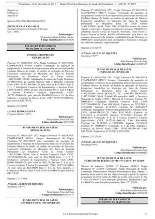 Pernambuco , 30 de Dezembro de 2019 • Diário Oficial dos Municípios do Estado de Pernambuco • ANO XI | Nº 2489
www.diariomunicipal.com.br/amupe 71
Registre-se
Publique-se
Arquive-se
Igarassu (PE), 30 de Dezembro de 2019.
DIEGO SEMAAN VACCARINI
Secretário Executivo de Gestão de Pessoas
Mat. 120032
Publicado por:
Silvana Gonçalves da Silva Donato
Código Identificador:CE7E40D8
ESTADO DE PERNAMBUCO
MUNICÍPIO DE ITAPETIM
COMISSÃO DO PREGÃO
ADJUDICAÇÃO
Processo Nº: 00026/2019. CPL. Pregão Eletrônico Nº 00019/2019.
COMPRASNET 042019. Compra. Contratação da aquisição de
equipamentos e materiais de uso permanente para uso nos serviços das
Unidades Básicas de Saúde, no âmbito de aplicação de Recursos
Financeiros transferidos ao Município por força de Emenda
Parlamentar ao Orçamento Geral da União número
11402.511000/1190-08. Adjudicação do objeto do Pregão Eletrônico
Nº 00019/2019, da seguinte maneira: Item 4: Bhdental Comercial
Eireli. CNPJ: 29.312.896/0001-26, pelo valor de R$4.100,01 Itens 1,
2, 3, 7: Inteligencia Comercio de Equipamentos e Serviços Eireli.
CNPJ: 08.060.934/0001-20, pelo valor de R$12.264,71 Item 5: P K de
S Ferreira Comércio Varejista Especializado. CNPJ:
30.273.143/0001-38, pelo valor de R$6.400,00 Item 6: S L da Silva
Industria e Comercio de Movéis Eireli. CNPJ: 29.955.518/0001-60,
pelo valor de R$2.769,78.
Itapetim, 23/12/2019.
LAIANE BRITO DA SILVA.
Pregoeira Oficial. (*)(**)
Publicado por:
Aline Karina Alves da Costa
Código Identificador:6973D700
FUNDO MUNICIPAL DE SAÚDE
HOMOLOGAÇÃO
Processo Nº: 00026/2019. CPL. Pregão Eletrônico Nº 00019/2019.
COMPRASNET 042019. Compra. Homologação do Pregão
Eletrônico Nº 00019/2019, para contratação da aquisição de
equipamentos e materiais de uso permanente para uso nos serviços das
Unidades Básicas de Saúde, no âmbito de aplicação de Recursos
Financeiros transferidos ao Município por força de Emenda
Parlamentar ao Orçamento Geral da União número
11402.511000/1190-08. Item 4: Bhdental Comercial Eireli. CNPJ:
29.312.896/0001-26, pelo valor de R$4.100,00 Itens 1, 2, 3, 7:
Inteligencia Comercio de Equipamentos e Serviços Eireli. CNPJ:
08.060.934/0001-20, pelo valor de R$12.265,00 Item 5: P K de S
Ferreira Comércio Varejista Especializado. CNPJ: 30.273.143/0001-
38, pelo valor de R$6.400,00 Item 6: S L da Silva Industria e
Comercio de Movéis Eireli. CNPJ: 29.955.518/0001-60, pelo valor de
R$2.770,00.
Itapetim, 23/12/2019.
JUSSARA ARAÚJO DE SIQUEIRA.
Secretária. (*)(**)
Publicado por:
Aline Karina Alves da Costa
Código Identificador:925AE416
FUNDO MUNICIPAL DE SAÚDE
GESTOR E FISCAL DO CONTRATO
Processo Nº: 00026/2019. CPL. Pregão Eletrônico Nº 00019/2019.
COMPRASNET 042019. Compra. Contratação da aquisição de
equipamentos e materiais de uso permanente para uso nos serviços das
Unidades Básicas de Saúde, no âmbito de aplicação de Recursos
Financeiros transferidos ao Município por força de Emenda
Parlamentar ao Orçamento Geral da União número
11402.511000/1190-08. Valor: R$45.010,00.Nos termos da norma
vigente e observado o disposto no respectivo processo; DESIGNO os
servidores Jussara Araújo de Siqueira, Secretária, como Gestor; e
Fagner Ferreira de Souza, Auxiliar Administrativo, para Fiscal, dos
contratos decorrentes da licitação, modalidade Pregão Eletrônico nº
00019/2019, especialmente para acompanhar e fiscalizar a execução
dos referidos contratos, respectivamente.
Itapetim, 23/12/2019.
JUSSARA ARAÚJO DE SIQUEIRA.
Secretária. (*)(**)
Publicado por:
Aline Karina Alves da Costa
Código Identificador:ACB4F52A
FUNDO MUNICIPAL DE SAÚDE
EXTRATO DE CONTRATO
Processo Nº: 00026/2019. CPL. Pregão Eletrônico Nº 00019/2019.
COMPRASNET 042019. Compra. Contratação da aquisição de
equipamentos e materiais de uso permanente para uso nos serviços das
Unidades Básicas de Saúde, no âmbito de aplicação de Recursos
Financeiros transferidos ao Município por força de Emenda
Parlamentar ao Orçamento Geral da União número
11402.511000/1190-08. DOTAÇÃO: N° / ANO DA PROPOSTA:
11402.511000/1190-08 Unidade Orçamentária: 6001 - Secretaria
Municipal de Saúde 339030 - Material de Consumo. Contrato Nº:
00045/2019. Contratado: Bhdental Comercial Eireli. CNPJ:
29.312.896/0001-26. Valor R$4.100,00. Vigência: de 23/12/2019 a
23/02/2020. Itapetim, 23/12/2019. Contrato Nº: 00046/2019.
Contratado: Inteligencia Comercio de Equipamentos e Serviços Eireli.
CNPJ: 08.060.934/0001-20. Valor R$12.265,00. Vigência: de
23/12/2019 a 23/02/2020. Itapetim, 23/12/2019. Contrato Nº:
00047/2019. Contratado: P K de S Ferreira Comércio Varejista
Especializado. CNPJ: 30.273.143/0001-38. Valor R$6.400,00.
Vigência: de 23/12/2019 a 23/02/2020. Itapetim, 23/12/2019.
Contrato Nº: 00048/2019. Contratado: S L da Silva Industria e
Comercio de Movéis Eireli. CNPJ: 29.955.518/0001-60. Valor
R$2.770,00. Vigência: de 23/12/2019 a 23/02/2020.
Itapetim, 23/12/2019.
JUSSARA ARAÚJO DE SIQUEIRA.
Secretária(*)(**)
Publicado por:
Aline Karina Alves da Costa
Código Identificador:FB58B6BD
FUNDO MUNICIPAL DE SAÚDE
EXTRATO DO TERMO ADITIVO N° 1/2019 – PP 12/2019
Número do Contrato: 19/2019. Nº Processo: 14/2019. Pregão
Presencial Nº 12/2019 Contratante: Fundo Municipal de Saúde.
Contratado: Odontomédica Produtos Odontológicos Ltda. Objeto: O
presente termo aditivo tem por objeto prorrogar o prazo de vigência
do contrato até 30 de Junho de 2020, de acordo com o inciso II, Art.
57 da Lei 8.666/93 e suas alterações posteriores. Fundamento Legal:
Lei 8666/93 e suas alterações posteriores. Data: 27/12/2019.
Publicado por:
Aline Karina Alves da Costa
Código Identificador:4296CCF0
ESTADO DE PERNAMBUCO
MUNICÍPIO DE ITAPISSUMA
 