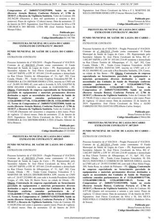 Pernambuco , 30 de Dezembro de 2019 • Diário Oficial dos Municípios do Estado de Pernambuco • ANO XI | Nº 2489
www.diariomunicipal.com.br/amupe 74
Compromisso nº. 2608451712182253890, Saúde na escola
(Recurso Atenção Básica), Conforme Portaria nº. 2.706 de
18/10/17, e Recurso da Vigilância Sanitária. Valor do Contrato: R$
202.562,00 (Duzentos e dois mil quinhentos e sessenta e dois
centavos). Prazo de vigência: 12 (doze) meses. Data da assinatura: 22
de Janeiro de 2019. Signatários: José Flávio Cavalcanti da Silva e CB
CIRURGICA DO BRASIL LTDA ME (José Antônio Soares de
Moraes Filho).
Publicado por:
Bruna Ferreira da Silva
Código Identificador:EC10C7B6
PREFEITURA MUNICIPAL DE LAGOA DO CARRO
EXTRATO DE CONTRATO Nº. 004/2019
FUNDO MUNICIPAL DE SAÚDE DE LAGOA DO CARRO –
PE
EXTRATO DE CONTRATO
Processo licitatório de nº 026/2018 – Pregão Presencial nº 014/2018:
Contrato de nº 004/2019 (Tendo como contratante: O Fundo
Municipal de Saúde de Lagoa do Carro – PE. Representado pelo
Secretário Adjunto Sr. José Flávio Cavalcanti da Silva, RG nº.
1.042.897 SSP/PE e CPF Nº. 053.041.214-49 residente e domiciliado
na Rua Ulisses Tenório de Albuquerque, nº. 31, Aptº. 302, Casa
Caiada, Olinda - PE , Tendo Como Empresa Vencedora:SD DE A
FERREIRA & CIA DISTRIBUIDORA LTDA, inscrita no CNPJ sob
o nº. 26.889.181/0001-42, com sede à Avenida A, S/N, GALPÃO B,
DOM HELDER CAMARA, na cidade de GARANHUNS – PE.
Objeto: Contratação de empresa especializada no fornecimento
parcelado de equipamentos e materiais permanentes diversos
destinados a suprir as necessidades das Unidades de Saúde do
Município conforme emendas parlamentares de nº
11326.603000/1177-06, 11326.603000/1180-10, 11326.603000/1180-
13, Termo de Compromisso nº. 2608451712182253890, Saúde na
escola (Recurso Atenção Básica), Conforme Portaria nº. 2.706 de
18/10/17, e Recurso da Vigilância Sanitária. Valor do Contrato: R$
17.652,00 (Dezessete mil seiscentos e cinquenta e dois reais). Prazo
de vigência: 12 (doze) meses. Data da assinatura: 22 de Janeiro de
2019. Signatários: José Flávio Cavalcanti da Silva e SD DE A
FERREIRA & CIA DISTRIBUIDORA LTDA (Claudio Aldemir da
Silva Branco).
Publicado por:
Bruna Ferreira da Silva
Código Identificador:2F1D1BBF
PREFEITURA MUNICIPAL DE LAGOA DO CARRO
EXTRATO DE CONTRATO Nº. 005/2019
FUNDO MUNICIPAL DE SAÚDE DE LAGOA DO CARRO –
PE
EXTRATO DE CONTRATO
Processo licitatório de nº 026/2018 – Pregão Presencial nº 014/2018:
Contrato de nº 005/2019 (Tendo como contratante: O Fundo
Municipal de Saúde de Lagoa do Carro – PE. Representado pelo
Secretário Adjunto Sr. José Flávio Cavalcanti da Silva, RG nº.
1.042.897 SSP/PE e CPF Nº. 053.041.214-49 residente e domiciliado
na Rua Ulisses Tenório de Albuquerque, nº. 31, Aptº. 302, Casa
Caiada, Olinda - PE , Tendo Como Empresa Vencedora: F L
MARTINS DE SOUZA DISTRIBUIDORA EPP, inscrita no CNPJ
sob o nº. 24.437.252/0001-40, com sede à Avenida Presidente Getúlio
Vargas, nº. 696, Sala 20, Bairro Novo, na cidade de Olinda - PE.
Objeto: Contratação de empresa especializada no fornecimento
parcelado de equipamentos e materiais permanentes diversos
destinados a suprir as necessidades das Unidades de Saúde do
Município conforme emendas parlamentares de nº
11326.603000/1177-06, 11326.603000/1180-10, 11326.603000/1180-
13, Termo de Compromisso nº. 2608451712182253890, Saúde na
escola (Recurso Atenção Básica), Conforme Portaria nº. 2.706 de
18/10/17, e Recurso da Vigilância Sanitária. Valor do Contrato: R$
8.144,00 (Oito mil cento e quarenta e quatro reais). Prazo de vigência:
12 (doze) meses. Data da assinatura: 22 de Janeiro de 2019.
Signatários: José Flávio Cavalcanti da Silva e F L MARTINS DE
SOUZA DISTRIBUIDORA EPP (Vinicius Moreira Leal Neto).
Publicado por:
Bruna Ferreira da Silva
Código Identificador:D8F15A51
PREFEITURA MUNICIPAL DE LAGOA DO CARRO
EXTRATO DE CONTRATO Nº. 006/2019
FUNDO MUNICIPAL DE SAÚDE DE LAGOA DO CARRO –
PE
EXTRATO DE CONTRATO
Processo licitatório de nº 026/2018 – Pregão Presencial nº 014/2018:
Contrato de nº 006/2019 (Tendo como contratante: O Fundo
Municipal de Saúde de Lagoa do Carro – PE. Representado pelo
Secretário Adjunto Sr. José Flávio Cavalcanti da Silva, RG nº.
1.042.897 SSP/PE e CPF Nº. 053.041.214-49 residente e domiciliado
na Rua Ulisses Tenório de Albuquerque, nº. 31, Aptº. 302, Casa
Caiada, Olinda - PE , Tendo Como Empresa Vencedora: ALDO
FABRIZIO DUTRA DANTAS EPP, inscrita no CNPJ sob o nº.
08.321.484/0001-82, com sede à Rua Benedito Saldanha, 229, Centro,
na cidade de São Bento - PB. Objeto: Contratação de empresa
especializada no fornecimento parcelado de equipamentos e
materiais permanentes diversos destinados a suprir as
necessidades das Unidades de Saúde do Município conforme
emendas parlamentares de nº 11326.603000/1177-06,
11326.603000/1180-10, 11326.603000/1180-13, Termo de
Compromisso nº. 2608451712182253890, Saúde na escola
(Recurso Atenção Básica), Conforme Portaria nº. 2.706 de
18/10/17, e Recurso da Vigilância Sanitária. Valor do Contrato: R$
25.798,00 (Vinte e cinco mil setecentos e noventa e oito reais). Prazo
de vigência: 12 (doze) meses. Data da assinatura: 22 de Janeiro de
2019. Signatários: José Flávio Cavalcanti da Silva e ALDO
FABRIZIO DUTRA DANTAS EPP(Alberto Carlos Araújo).
Publicado por:
Bruna Ferreira da Silva
Código Identificador:C984A1B6
PREFEITURA MUNICIPAL DE LAGOA DO CARRO
EXTRATO DE CONTRATO Nº. 007/2019
FUNDO MUNICIPAL DE SAÚDE DE LAGOA DO CARRO –
PE
EXTRATO DE CONTRATO
Processo licitatório de nº 026/2018 – Pregão Presencial nº 014/2018:
Contrato de nº 007/2019 (Tendo como contratante: O Fundo
Municipal de Saúde de Lagoa do Carro – PE. Representado pelo
Secretário Adjunto Sr. José Flávio Cavalcanti da Silva, RG nº.
1.042.897 SSP/PE e CPF Nº. 053.041.214-49 residente e domiciliado
na Rua Ulisses Tenório de Albuquerque, nº. 31, Aptº. 302, Casa
Caiada, Olinda - PE , Tendo Como Empresa Vencedora: SL DA
SILVA INDÚSTRIA E COMÉRCIO DE MÓVEIS EIRELI, inscrita
no CNPJ sob o nº. 29.955.518/0001-60, com sede à Rua Altino Fraga,
389, Santa Rosa, na cidade de Palmares – PE. Objeto: Contratação
de empresa especializada no fornecimento parcelado de
equipamentos e materiais permanentes diversos destinados a
suprir as necessidades das Unidades de Saúde do Município
conforme emendas parlamentares de nº 11326.603000/1177-06,
11326.603000/1180-10, 11326.603000/1180-13, Termo de
Compromisso nº. 2608451712182253890, Saúde na escola
(Recurso Atenção Básica), Conforme Portaria nº. 2.706 de
18/10/17, e Recurso da Vigilância Sanitária. Valor do Contrato: R$
4.977,00 (Quatro mil novecentos e setenta e sete reais). Prazo de
vigência: 12 (doze) meses. Data da assinatura: 22 de Janeiro de 2019.
Signatários: José Flávio Cavalcanti da Silva e SL DA SILVA
INDÚSTRIA E COMÉRCIO DE MÓVEIS EIRELI (Indalecio Silva
de Souza).
Publicado por:
Bruna Ferreira da Silva
Código Identificador:1001358D
 