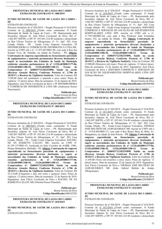 Pernambuco , 30 de Dezembro de 2019 • Diário Oficial dos Municípios do Estado de Pernambuco • ANO XI | Nº 2489
www.diariomunicipal.com.br/amupe 75
PREFEITURA MUNICIPAL DE LAGOA DO CARRO
EXTRATO DE CONTRATO Nº. 008/2019
FUNDO MUNICIPAL DE SAÚDE DE LAGOA DO CARRO –
PE
EXTRATO DE CONTRATO
Processo licitatório de nº 026/2018 – Pregão Presencial nº 014/2018:
Contrato de nº 008/2019 (Tendo como contratante: O Fundo
Municipal de Saúde de Lagoa do Carro – PE. Representado pelo
Secretário Adjunto Sr. José Flávio Cavalcanti da Silva, RG nº.
1.042.897 SSP/PE e CPF Nº. 053.041.214-49 residente e domiciliado
na Rua Ulisses Tenório de Albuquerque, nº. 31, Aptº. 302, Casa
Caiada, Olinda - PE , Tendo Como Empresa Vencedora: 3P
DISTRIBUIDORA E COMÉRCIO DE INFORMÁTICA LTDA ME,
inscrita no CNPJ sob o nº. 11.957.607/0001-80, com sede à Rua das
Sempre Viva, 46, Paratibe, na cidade de Paulista – PE. Objeto:
Contratação de empresa especializada no fornecimento parcelado
de equipamentos e materiais permanentes diversos destinados a
suprir as necessidades das Unidades de Saúde do Município
conforme emendas parlamentares de nº 11326.603000/1177-06,
11326.603000/1180-10, 11326.603000/1180-13, Termo de
Compromisso nº. 2608451712182253890, Saúde na escola
(Recurso Atenção Básica), Conforme Portaria nº. 2.706 de
18/10/17, e Recurso da Vigilância Sanitária. Valor do Contrato: R$
7.549,00 (Sete mil quinhentos e quarenta e nove reais). Prazo de
vigência: 12 (doze) meses. Data da assinatura: 22 de Janeiro de 2019.
Signatários: José Flávio Cavalcanti da Silva e 3P DISTRIBUIDORA
E COMÉRCIO DE INFORMÁTICA LTDA ME (Andreyson Soares
Nascimento).
Publicado por:
Bruna Ferreira da Silva
Código Identificador:ED911A63
PREFEITURA MUNICIPAL DE LAGOA DO CARRO
EXTRATO DE CONTRATO Nº. 009/2019
FUNDO MUNICIPAL DE SAÚDE DE LAGOA DO CARRO –
PE
EXTRATO DE CONTRATO
Processo licitatório de nº 026/2018 – Pregão Presencial nº 014/2018:
Contrato de nº 009/2019 (Tendo como contratante: O Fundo
Municipal de Saúde de Lagoa do Carro – PE. Representado pelo
Secretário Adjunto Sr. José Flávio Cavalcanti da Silva, RG nº.
1.042.897 SSP/PE e CPF Nº. 053.041.214-49 residente e domiciliado
na Rua Ulisses Tenório de Albuquerque, nº. 31, Aptº. 302, Casa
Caiada, Olinda - PE , Tendo Como Empresa Vencedora: RACHEL
DE SÁ BARRETO CALLOU ME, inscrita no CNPJ nº.
01.395.137/0001-55, localizada na Sitio Corredor da AABB, 1300,,
Parque Bulandeira, Barbalha - PE. Objeto: Contratação de empresa
especializada no fornecimento parcelado de equipamentos e
materiais permanentes diversos destinados a suprir as
necessidades das Unidades de Saúde do Município conforme
emendas parlamentares de nº 11326.603000/1177-06,
11326.603000/1180-10, 11326.603000/1180-13, Termo de
Compromisso nº. 2608451712182253890, Saúde na escola
(Recurso Atenção Básica), Conforme Portaria nº. 2.706 de
18/10/17, e Recurso da Vigilância Sanitária. Valor do Contrato: R$
52.114,00 (Cinquenta e dois mil cento e quatorze reais). Prazo de
vigência: 12 (doze) meses. Data da assinatura: 22 de Janeiro de 2019.
Signatários: José Flávio Cavalcanti da Silva e RACHEL DE SÁ
BARRETO CALLOU ME (Nôemia Passos Pimentel).
Publicado por:
Bruna Ferreira da Silva
Código Identificador:D0E422D2
PREFEITURA MUNICIPAL DE LAGOA DO CARRO
EXTRATO DE CONTRATO Nº. 010/2019
FUNDO MUNICIPAL DE SAÚDE DE LAGOA DO CARRO –
PE
EXTRATO DE CONTRATO
Processo licitatório de nº 026/2018 – Pregão Presencial nº 014/2018:
Contrato de nº 010/2019 (Tendo como contratante: O Fundo
Municipal de Saúde de Lagoa do Carro – PE. Representado pelo
Secretário Adjunto Sr. José Flávio Cavalcanti da Silva, RG nº.
1.042.897 SSP/PE e CPF Nº. 053.041.214-49 residente e domiciliado
na Rua Ulisses Tenório de Albuquerque, nº. 31, Aptº. 302, Casa
Caiada, Olinda - PE , Tendo Como Empresa Vencedora: SERVMED
COMERCIO E SERVIÇOS DE LOCAÇÃO DE EQUIPAMENTOS
HOSPITALARES LTDA EPP, inscrita no CNPJ sob o nº.
11.758.108/0001-64, com sede à Rua Professor João Fernandes
Soares 332, na cidade de Olinda - PE. Objeto: Contratação de
empresa especializada no fornecimento parcelado de
equipamentos e materiais permanentes diversos destinados a
suprir as necessidades das Unidades de Saúde do Município
conforme emendas parlamentares de nº 11326.603000/1177-06,
11326.603000/1180-10, 11326.603000/1180-13, Termo de
Compromisso nº. 2608451712182253890, Saúde na escola
(Recurso Atenção Básica), Conforme Portaria nº. 2.706 de
18/10/17, e Recurso da Vigilância Sanitária. Valor do Contrato: R$
19.000,00 (Dezenove mil reais). Prazo de vigência: 12 (doze) meses.
Data da assinatura: 22 de Janeiro de 2019. Signatários: José Flávio
Cavalcanti da Silva e SERVMED COMERCIO E SERVIÇOS DE
LOCAÇÃO DE EQUIPAMENTOS HOSPITALARES LTDA EPP
(Fabiano Barboza).
Publicado por:
Bruna Ferreira da Silva
Código Identificador:6BE00FBB
PREFEITURA MUNICIPAL DE LAGOA DO CARRO
EXTRATO DE CONTRATO Nº. 011/2019
FUNDO MUNICIPAL DE SAÚDE DE LAGOA DO CARRO –
PE
EXTRATO DE CONTRATO
Processo licitatório de nº 026/2018 – Pregão Presencial nº 014/2018:
Contrato de nº 011/2019 (Tendo como contratante: O Fundo
Municipal de Saúde de Lagoa do Carro – PE. Representado pelo
Secretário Adjunto Sr. José Flávio Cavalcanti da Silva, RG nº.
1.042.897 SSP/PE e CPF Nº. 053.041.214-49 residente e domiciliado
na Rua Ulisses Tenório de Albuquerque, nº. 31, Aptº. 302, Casa
Caiada, Olinda - PE , Tendo Como Empresa Vencedora: THOMAS
JOSÉ BELTRÃO DE ALBUQUERQUE ME inscrita no CNPJ sob o
nº. 19.918.905/0001-73, com sede à Rua Bruno Maia de Melo, 81,
Mangabeira, na cidade de João Pessoa – PB. Objeto: Contratação de
empresa especializada no fornecimento parcelado de
equipamentos e materiais permanentes diversos destinados a
suprir as necessidades das Unidades de Saúde do Município
conforme emendas parlamentares de nº 11326.603000/1177-06,
11326.603000/1180-10, 11326.603000/1180-13, Termo de
Compromisso nº. 2608451712182253890, Saúde na escola
(Recurso Atenção Básica), Conforme Portaria nº. 2.706 de
18/10/17, e Recurso da Vigilância Sanitária. Valor do Contrato: R$
13.305,00 (Treze mil trezentos e cinco reais). Prazo de vigência: 12
(doze) meses. Data da assinatura: 22 de Janeiro de 2019. Signatários:
José Flávio Cavalcanti da Silva e THOMAS JOSÉ BELTRÃO DE
ALBUQUERQUE ME (João Gabriel Beltrão de Araújo
Albuquerque).
Publicado por:
Bruna Ferreira da Silva
Código Identificador:2DEBB929
PREFEITURA MUNICIPAL DE LAGOA DO CARRO
EXTRATO DE CONTRATO Nº. 012/2019
FUNDO MUNICIPAL DE SAÚDE DE LAGOA DO CARRO –
PE
EXTRATO DE CONTRATO
Processo licitatório de nº 026/2018 – Pregão Presencial nº 014/2018:
Contrato de nº 012/2019 (Tendo como contratante: O Fundo
Municipal de Saúde de Lagoa do Carro – PE. Representado pelo
Secretário Adjunto Sr. José Flávio Cavalcanti da Silva, RG nº.
1.042.897 SSP/PE e CPF Nº. 053.041.214-49 residente e domiciliado
 