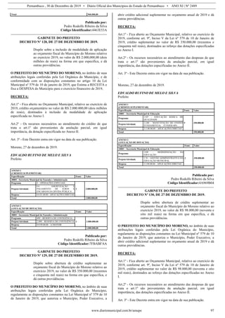 Pernambuco , 30 de Dezembro de 2019 • Diário Oficial dos Municípios do Estado de Pernambuco • ANO XI | Nº 2489
www.diariomunicipal.com.br/amupe 97
Total 960.000,00
Publicado por:
Pedro Rodolfo Ribeiro da Silva
Código Identificador:4463E53A
GABINETE DO PREFEITO
DECRETO Nº 128, DE 27 DE DEZEMBRO DE 2019.
Dispõe sobre a inclusão de modalidade de aplicação
ao orçamento fiscal do Município do Moreno relativo
ao exercício 2019, no valor de R$ 2.000,000,00 (dois
milhões de reais) na forma em que especifica, e dá
outras providências.
O PREFEITO DO MUNICÍPIO DO MORENO, no âmbito de suas
atribuições legais conferidas pela Lei Orgânica do Município, e de
conformidade com as disposições constantes no artigo 10 da Lei
Municipal nº 579 de 10 de janeiro de 2019, que Estima a RECEITA e
fixa a DESPESA do Município para o exercício financeiro de 2019,
DECRETA:
Art.1º - Fica aberto no Orçamento Municipal, relativo ao exercício de
2019, crédito orçamentário no valor de R$ 2.000.000,00 (dois milhões
de reais), destinados à inclusão da modalidade de aplicação
especificada no Anexo I.
Art.2º - Os recursos necessários ao atendimento do crédito de que
trata o art.1º são provenientes da anulação parcial, em igual
importância, da dotação especificada no Anexo II.
Art. 3º - Este Decreto entra em vigor na data de sua publicação.
Moreno, 27 de dezembro de 2019.
EDVALDO RUFINO DE MELO E SILVA
Prefeito
ANEXO 1
(CRÉDITO SUPLEMENTAR)
Especificação Fonte Valor
38001 - Secretaria Municipal da Fazenda e Administração
Programa 0 – OPERAÇÕES ESPECIAIS
1 2.000.000,00Projeto/Atividade
0.6 – AMORTIZAÇÃO E
PAGAMENTO DE JUROS E
ENCARGOS DA DIVIDA PÚBLICA
Despesa 4.6.91.00.00 - APLICAÇÕES DIRETAS
Total 2.000.000,00
ANEXO 2
(ANULAÇÃO DE DOTAÇÃO)
Especificação Fonte Valor
38001 - Secretaria Municipal da Fazenda e Administração
Programa 499 – RESERVA DE CONTIGÊNCIA
1 2.000.000,00Projeto/Atividade 2.989 – RESERVA DE CONTIGÊNCIA
Despesa 9.9.99.00.00 – A DEFINIR
Total 2.000.000,00
Publicado por:
Pedro Rodolfo Ribeiro da Silva
Código Identificador:7FBABFAA
GABINETE DO PREFEITO
DECRETO Nº 129, DE 27 DE DEZEMBRO DE 2019.
Dispõe sobre abertura de crédito suplementar ao
orçamento fiscal do Município do Moreno relativo ao
exercício 2019, no valor de R$ 350.000,00 (trezentos
e cinquenta mil reais) na forma em que especifica, e
dá outras providências.
O PREFEITO DO MUNICÍPIO DO MORENO, no âmbito de suas
atribuições legais conferidas pela Lei Orgânica do Município,
regulamenta as disposições constantes na Lei Municipal nº 579 de 10
de Janeiro de 2019, que autoriza o Município, Poder Executivo, a
abrir crédito adicional suplementar no orçamento anual de 2019 e dá
outras providências.
DECRETA:
Art.1º - Fica aberto ao Orçamento Municipal, relativo ao exercício de
2019, conforme art. 9º, Inciso V da Lei nº 579 de 10 de Janeiro de
2019, crédito suplementar no valor de R$ 350.000,00 (trezentos e
cinquenta mil reais), destinados ao reforço das dotações especificadas
no Anexo I.
Art.2º - Os recursos necessários ao atendimento das despesas de que
trata o art.1º são provenientes da anulação parcial, em igual
importância, das dotações especificadas no Anexo II.
Art. 3º - Este Decreto entra em vigor na data de sua publicação.
.
Moreno, 27 de dezembro de 2019.
EDVALDO RUFINO DE MELO E SILVA
Prefeito
ANEXO 1
(CRÉDITO SUPLEMENTAR)
Especificação Fonte Valor
34001 – Secretaria Municipal de Educação
Programa
1107 – EDUCAÇÃO BÁSICA DE
QUALIDADE
5 350.000,00
Projeto/Atividade
2.240 – MANUTENÇÃO DO ENSINO
FUNDAMENTAL – FUNDEB 40%
Despesa 3.1.90.00.00 – APLICAÇÕES DIRETAS
Total 350.000,00
ANEXO 2
(ANULAÇÃO DE DOTAÇÃO)
Especificação Fonte Valor
34001 – Secretaria Municipal de Educação
Programa
1109 – MODERNIZAÇÃO DA
EDUCAÇÃO
2 350.000,00
Projeto/Atividade
2.76 – GESTÃO ADMINISTRATIVA DA
EDUCAÇÃO MUNICIPAL
Despesa 3.3.90.00.00 – APLICAÇÕES DIRETAS
Total 350.000,00
Publicado por:
Pedro Rodolfo Ribeiro da Silva
Código Identificador:4A969B04
GABINETE DO PREFEITO
DECRETO Nº 130, DE 27 DE DEZEMBRO DE 2019.
Dispõe sobre abertura de crédito suplementar ao
orçamento fiscal do Município do Moreno relativo ao
exercício 2019, no valor de R$ 98.000,00 (noventa e
oito mil reais) na forma em que especifica, e dá
outras providências.
O PREFEITO DO MUNICÍPIO DO MORENO, no âmbito de suas
atribuições legais conferidas pela Lei Orgânica do Município,
regulamenta as disposições constantes na Lei Municipal nº 579 de 10
de Janeiro de 2019, que autoriza o Município, Poder Executivo, a
abrir crédito adicional suplementar no orçamento anual de 2019 e dá
outras providências.
DECRETA:
Art.1º - Fica aberto ao Orçamento Municipal, relativo ao exercício de
2019, conforme art. 9º, Inciso V da Lei nº 579 de 10 de Janeiro de
2019, crédito suplementar no valor de R$ 98.000,00 (noventa e oito
mil reais), destinados ao reforço das dotações especificadas no Anexo
I.
Art.2º - Os recursos necessários ao atendimento das despesas de que
trata o art.1º são provenientes da anulação parcial, em igual
importância, das dotações especificadas no Anexo II.
Art. 3º - Este Decreto entra em vigor na data de sua publicação.
 