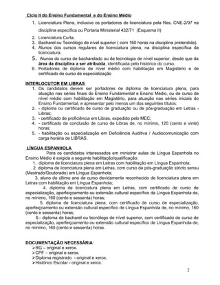 Ciclo II do Ensino Fundamental e do Ensino Médio
   1. Licenciatura Plena, inclusive os portadores de licenciatura pela Res. CNE-2/97 na
      disciplina específica ou Portaria Ministerial 432/71 (Esquema II)
   2. Licenciatura Curta.
   3. Bacharel ou Tecnólogo de nível superior ( com 160 horas na disciplina pretendida).
   4. Alunos dos cursos regulares de licenciatura plena, na disciplina específica da
      licenciatura.
   5. Alunos do curso de bacharelado ou de tecnologia de nível superior, desde que da
      área da disciplina a ser atribuída, identificada pelo histórico do curso.
   6. Portadores de diploma de nível médio com habilitação em Magistério e de
      certificado de curso de especialização

INTERLOCUTOR EM LIBRAS
   1. Os candidatos devem ser portadores de diploma de licenciatura plena, para
      atuação nas séries finais do Ensino Fundamental e Ensino Médio, ou de curso de
      nível médio com habilitação em Magistério, para atuação nas séries iniciais do
      Ensino Fundamental, e apresentar pelo menos um dos seguintes títulos:
   2. - diploma ou certificado de curso de graduação ou de pós-graduação em Letras -
      Libras;
   3. - certificado de proficiência em Libras, expedido pelo MEC;
   4. - certificado de conclusão de curso de Libras de, no mínimo, 120 (cento e vinte)
      horas;
   5. - habilitação ou especialização em Deficiência Auditiva / Audiocomunicação com
      carga horária de LIBRAS.

 LÍNGUA ESPANHOLA
            Para os candidatos interessados em ministrar aulas de Língua Espanhola no
Ensino Médio é exigida a seguinte habilitação/qualificação:
    1. diploma de licenciatura plena em Letras com habilitação em Língua Espanhola;
    2. diploma de licenciatura plena em Letras, com curso de pós-graduação stricto sensu
(Mestrado/Doutorado) em Língua Espanhola;
     3. aluno do último ano de curso devidamente reconhecido de licenciatura plena em
Letras com habilitação em Língua Espanhola;
          4. diploma de licenciatura plena em Letras, com certificado de curso de
especialização, aperfeiçoamento ou extensão cultural específico da Língua Espanhola de,
no mínimo, 160 (cento e sessenta) horas;
        5. diploma de licenciatura plena, com certificado de curso de especialização,
aperfeiçoamento ou extensão cultural específico de Língua Espanhola de, no mínimo, 160
(cento e sessenta) horas;
      6.- diploma de bacharel ou tecnólogo de nível superior, com certificado de curso de
especialização, aperfeiçoamento ou extensão cultural específico de Língua Espanhola de,
no mínimo, 160 (cento e sessenta) horas.


DOCUMENTAÇÃO NECESSÁRIA:
  RG – original e xerox.
  CPF – original e xerox.
  Diploma registrado - original e xerox.
  Histórico Escolar - original e xerox.
                                                                                   2
 