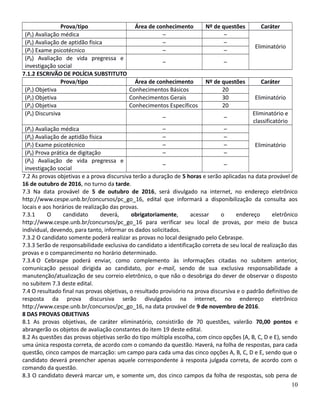 Prova/tipo Área de conhecimento Nº de questões Caráter
(P5) Avaliação médica – –
Eliminatório
(P6) Avaliação de aptidão física – –
(P7) Exame psicotécnico – –
(P8) Avaliação de vida pregressa e
investigação social
– –
7.1.2 ESCRIVÃO DE POLÍCIA SUBSTITUTO
Prova/tipo Área de conhecimento Nº de questões Caráter
(P1) Objetiva Conhecimentos Básicos 20
(P2) Objetiva Conhecimentos Gerais 30 Eliminatório
(P3) Objetiva Conhecimentos Específicos 20
(P4) Discursiva
– –
Eliminatório e
classificatório
(P5) Avaliação médica – –
Eliminatório
(P6) Avaliação de aptidão física – –
(P7) Exame psicotécnico – –
(P8) Prova prática de digitação – –
(P9) Avaliação de vida pregressa e
investigação social
– –
7.2 As provas objetivas e a prova discursiva terão a duração de 5 horas e serão aplicadas na data provável de
16 de outubro de 2016, no turno da tarde.
7.3 Na data provável de 5 de outubro de 2016, será divulgado na internet, no endereço eletrônico
http://www.cespe.unb.br/concursos/pc_go_16, edital que informará a disponibilização da consulta aos
locais e aos horários de realização das provas.
7.3.1 O candidato deverá, obrigatoriamente, acessar o endereço eletrônico
http://www.cespe.unb.br/concursos/pc_go_16 para verificar seu local de provas, por meio de busca
individual, devendo, para tanto, informar os dados solicitados.
7.3.2 O candidato somente poderá realizar as provas no local designado pelo Cebraspe.
7.3.3 Serão de responsabilidade exclusiva do candidato a identificação correta de seu local de realização das
provas e o comparecimento no horário determinado.
7.3.4 O Cebraspe poderá enviar, como complemento às informações citadas no subitem anterior,
comunicação pessoal dirigida ao candidato, por e-mail, sendo de sua exclusiva responsabilidade a
manutenção/atualização de seu correio eletrônico, o que não o desobriga do dever de observar o disposto
no subitem 7.3 deste edital.
7.4 O resultado final nas provas objetivas, o resultado provisório na prova discursiva e o padrão definitivo de
resposta da prova discursiva serão divulgados na internet, no endereço eletrônico
http://www.cespe.unb.br/concursos/pc_go_16, na data provável de 9 de novembro de 2016.
8 DAS PROVAS OBJETIVAS
8.1 As provas objetivas, de caráter eliminatório, consistirão de 70 questões, valerão 70,00 pontos e
abrangerão os objetos de avaliação constantes do item 19 deste edital.
8.2 As questões das provas objetivas serão do tipo múltipla escolha, com cinco opções (A, B, C, D e E), sendo
uma única resposta correta, de acordo com o comando da questão. Haverá, na folha de respostas, para cada
questão, cinco campos de marcação: um campo para cada uma das cinco opções A, B, C, D e E, sendo que o
candidato deverá preencher apenas aquele correspondente à resposta julgada correta, de acordo com o
comando da questão.
8.3 O candidato deverá marcar um, e somente um, dos cinco campos da folha de respostas, sob pena de
10
 