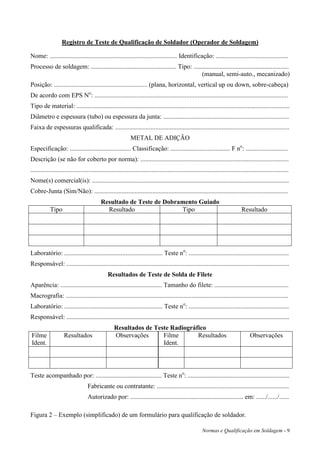 Registro de Teste de Qualificação de Soldador (Operador de Soldagem)

Nome: ............................................................................... Identificação: .............................................
Processo de soldagem: ..................................................... Tipo: ...........................................................
                                                                                       (manual, semi-auto., mecanizado)
Posição: .......................................................... (plana, horizontal, vertical up ou down, sobre-cabeça)
De acordo com EPS No: ........................................................................................................................
Tipo de material: ....................................................................................................................................
Diâmetro e espessura (tubo) ou espessura da junta: ..............................................................................
Faixa de espessuras qualificada: ............................................................................................................
                                                              METAL DE ADIÇÃO
Especificação: ...................................... Classificação: ..................................... F no: ..........................
Descrição (se não for coberto por norma): ............................................................................................
................................................................................................................................................................
Nome(s) comercial(is): ..........................................................................................................................
Cobre-Junta (Sim/Não): ........................................................................................................................
                                           Resultado de Teste de Dobramento Guiado
            Tipo                             Resultado                Tipo                                                        Resultado




Laboratório: ............................................................. Teste no: ..............................................................
Responsável: ..........................................................................................................................................
                                               Resultados de Teste de Solda de Filete
Aparência: ............................................................... Tamanho do filete: ..............................................
Macrografia: ..........................................................................................................................................
Laboratório: ............................................................. Teste no: ..............................................................
Responsável: ..........................................................................................................................................
                                                   Resultados de Teste Radiográfico
Filme               Resultados                     Observações      Filme       Resultados                                              Observações
Ident.                                                              Ident.




Teste acompanhado por: ......................................... Teste no: ...............................................................
                                   Fabricante ou contratante: ..................................................................................
                                   Autorizado por: ...................................................................... em: ....../....../......

Figura 2 – Exemplo (simplificado) de um formulário para qualificação de soldador.

                                                                                                          Normas e Qualificação em Soldagem - 9
 