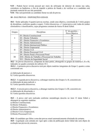 9.33 - Poderá haver revista pessoal por meio da utilização de detector de metais nas salas,
corredores ou banheiros, a fim de impedir a prática de fraude e de verificar se o candidato está
portando material de uso não permitido.
9.34 - Não será permitido ao candidato fumar na sala de provas.

10 - DAS PROVAS - DISPOSIÇÕES GERAIS

10.1 - Serão aplicadas 4 (quatro) provas escritas, sendo uma objetiva, constituída de 3 (três) grupos
de disciplinas, conforme quadro a seguir, 3 (três) discursivas, e 1 (uma) prova oral, todas de caráter
eliminatório e classificatório, cujos programas constam do Anexo II deste Edital.

                                                                     N° de questões -
 Grupos                             Disciplinas
                                                                      Prova Objetiva
            D1- Direito Constitucional                                      20
      I     D2 - Direito Tributário                                         20
            D3 - Direito Financeiro e Econômico                             10
            D4 - Direito Administrativo                                     10
            D5 - Direito Internacional Público                               2
            D6 - Direito Empresarial                                         5
     II     D7 - Direito Civil                                               5
            D8 - Direito Processual Civil                                   20
            D9 - Direito Penal e Processual Penal                            2
    III     D10 - Direito do Trabalho e Processual do Trabalho               2
            D11 - Direito da Seguridade Social                               4
10.2 - As provas discursivas, compostas de duas partes, abrangerão os grupos de matérias I, II e III,
indicados no quadro constante do subitem 10.1.
10.2.1 - A primeira prova discursiva terá por objeto matérias integrantes do Grupo I, quanto a estas
consistindo em:

a) elaboração de parecer; e
b) 3 (três) questões discursivas.

10.2.2 - A segunda prova discursiva, a abranger matérias dos Grupos I e II, consistirá em:
a) elaboração de peça judicial; e
b) 3 (três) questões discursivas.

10.2.3 - A terceira prova discursiva, a abranger matérias dos Grupos I e III, consistirá em:
a) elaboração de dissertação; e
b) 3 (três) questões discursivas.

10.3 - A prova oral será realizada conforme metodologia descrita no item 13 deste Edital e
abrangerá as seguintes matérias:
a) Direito Constitucional;
b) Direito Tributário;
c) Direito Financeiro e Econômico;
d) Direito Administrativo;
e) Direito Civil e Empresarial;
f) Direito Processual Civil.

10.4 - O candidato que faltar a uma das provas estará automaticamente eliminado do certame.
10.5 - Legislação com entrada em vigor após a data de publicação deste Edital não será objeto de
avaliação nas provas do concurso.


                                                                                               9
 