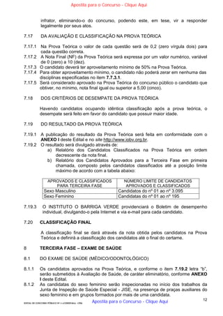 12
EDITAL DE CONCURSO PÚBLICO Nº 014/CESIEP/2015 - CFSd
infrator, eliminando-o do concurso, podendo este, em tese, vir a responder
legalmente por seus atos.
7.17 DA AVALIAÇÃO E CLASSIFICAÇÃO NA PROVA TEÓRICA
7.17.1 Na Prova Teórica o valor de cada questão será de 0,2 (zero vírgula dois) para
cada questão correta.
7.17.2 A Nota Final (NF) da Prova Teórica será expressa por um valor numérico, variável
de 0 (zero) a 10 (dez).
7.17.3 O candidato deverá ter aproveitamento mínimo de 50% na Prova Teórica.
7.17.4 Para obter aproveitamento mínimo, o candidato não poderá zerar em nenhuma das
disciplinas especificadas no item 7.7.3.1.
7.17.5 Será considerado aprovado na Prova Teórica do concurso público o candidato que
obtiver, no mínimo, nota final igual ou superior a 5,00 (cinco).
7.18 DOS CRITÉRIOS DE DESEMPATE DA PROVA TEÓRICA
Havendo candidatos ocupando idêntica classificação após a prova teórica, o
desempate será feito em favor do candidato que possuir maior idade.
7.19 DO RESULTADO DA PROVA TEÓRICA
7.19.1 A publicação do resultado da Prova Teórica será feita em conformidade com o
ANEXO I deste Edital e no site http://www.iobv.org.br.
7.19.2 O resultado será divulgado através de:
a) Relatório dos Candidatos Classificados na Prova Teórica em ordem
decrescente da nota final.
b) Relatório dos Candidatos Aprovados para a Terceira Fase em primeira
chamada, composto pelos candidatos classificados até a posição limite
máximo de acordo com a tabela abaixo:
APROVADOS E CLASSIFICADOS
PARA TERCEIRA FASE
NÚMERO LIMITE DE CANDIDATOS
APROVADOS E CLASSIFICADOS
Sexo Masculino Candidatos do nº 01 ao nº 3.095
Sexo Feminino Candidatas do nº 01 ao nº 195
7.19.3 O INSTITUTO O BARRIGA VERDE providenciará o Boletim de desempenho
individual, divulgando-o pela Internet e via e-mail para cada candidato.
7.20 CLASSIFICAÇÃO FINAL
A classificação final se dará através da nota obtida pelos candidatos na Prova
Teórica e definirá a classificação dos candidatos até o final do certame.
8 TERCEIRA FASE – EXAME DE SAÚDE
8.1 DO EXAME DE SAÚDE (MÉDICO/ODONTOLÓGICO)
8.1.1 Os candidatos aprovados na Prova Teórica, e conforme o item 7.19.2 letra “b”,
serão submetidos à Avaliação de Saúde, de caráter eliminatório, conforme ANEXO
I deste Edital.
8.1.2 As candidatas do sexo feminino serão inspecionadas no início dos trabalhos da
Junta de Inspeção de Saúde Especial - JISE, na presença de praças auxiliares do
sexo feminino e em grupos formados por mais de uma candidata.
Apostila para o Concurso - Clique Aqui
Apostila para o Concurso - Clique Aqui
 