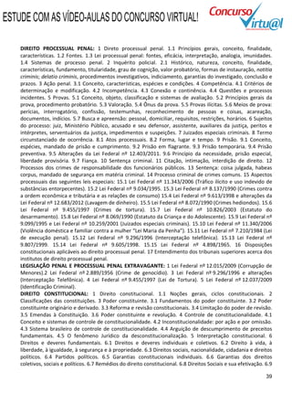 ESTUDE COM AS VÍDEO-AULAS DO CONCURSO VIRTUAL!

    DIREITO PROCESSUAL PENAL: 1 Direto processual penal. 1.1 Princípios gerais, conceito, finalidade,
    características. 1.2 Fontes. 1.3 Lei processual penal: fontes, eficácia, interpretação, analogia, imunidades.
    1.4 Sistemas de processo penal. 2 Inquérito policial. 2.1 Histórico, natureza, conceito, finalidade,
    características, fundamento, titularidade, grau de cognição, valor probatório, formas de instauração, notitia
    criminis; delatio criminis, procedimentos investigativos, indiciamento, garantias do investigado, conclusão e
    prazos. 3 Ação penal. 3.1 Conceito, características, espécies e condições. 4 Competência. 4.1 Critérios de
    determinação e modificação. 4.2 Incompetência. 4.3 Conexão e continência. 4.4 Questões e processos
    incidentes. 5 Provas. 5.1 Conceito, objeto, classificação e sistemas de avaliação. 5.2 Princípios gerais da
    prova, procedimento probatório. 5.3 Valoração. 5.4 Ônus da prova. 5.5 Provas ilícitas. 5.6 Meios de prova:
    perícias, interrogatório, confissão, testemunhas, reconhecimento de pessoas e coisas, acareação,
    documentos, indícios. 5.7 Busca e apreensão: pessoal, domiciliar, requisitos, restrições, horários. 6 Sujeitos
    do processo: juiz, Ministério Público, acusado e seu defensor, assistente, auxiliares da justiça, peritos e
    intérpretes, serventuários da justiça, impedimentos e suspeições. 7 Juizados especiais criminais. 8 Termo
    circunstanciado de ocorrência. 8.1 Atos processuais. 8.2 Forma, lugar e tempo. 9 Prisão. 9.1 Conceito,
    espécies, mandado de prisão e cumprimento. 9.2 Prisão em flagrante. 9.3 Prisão temporária. 9.4 Prisão
    preventiva. 9.5 Alterações da Lei Federal nº 12.403/2011. 9.6 Princípio da necessidade, prisão especial,
    liberdade provisória. 9.7 Fiança. 10 Sentença criminal. 11 Citação, intimação, interdição de direito. 12
    Processos dos crimes de responsabilidade dos funcionários públicos. 13 Sentença: coisa julgada, habeas
    corpus, mandado de segurança em matéria criminal. 14 Processo criminal de crimes comuns. 15 Aspectos
    processuais das seguintes leis especiais: 15.1 Lei Federal nº 11.343/2006 (Tráfico ilícito e uso indevido de
    substâncias entorpecentes). 15.2 Lei Federal nº 9.034/1995. 15.3 Lei Federal nº 8.137/1990 (Crimes contra
    a ordem econômica e tributária e as relações de consumo) 15.4 Lei Federal nº 9.613/1998 e alterações da
    Lei Federal nº 12.683/2012 (Lavagem de dinheiro). 15.5 Lei Federal nº 8.072/1990 (Crimes hediondos). 15.6
    Lei Federal nº 9.455/1997 (Crimes de tortura). 15.7 Lei Federal nº 10.826/2003 (Estatuto do
    desarmamento). 15.8 Lei Federal nº 8.069/1990 (Estatuto da Criança e do Adolescente). 15.9 Lei Federal nº
    9.099/1995 e Lei Federal nº 10.259/2001 (Juizados especiais criminais). 15.10 Lei Federal nº 11.340/2006
    (Violência doméstica e familiar contra a mulher “Lei Maria da Penha”). 15.11 Lei Federal nº 7.210/1984 (Lei
    de execução penal). 15.12 Lei Federal nº 9.296/1996 (Interceptação telefônica). 15.13 Lei Federal nº
    9.807/1999. 15.14 Lei Federal nº 9.605/1998. 15.15 Lei Federal nº 4.898/1965. 16 Disposições
    constitucionais aplicáveis ao direito processual penal. 17 Entendimento dos tribunais superiores acerca dos
    institutos de direito processual penal.
    LEGISLAÇÃO PENAL E PROCESSUAL PENAL EXTRAVAGANTE: 1 Lei Federal nº 12.015/2009 (Corrupção de
    Menores).2 Lei Federal nº 2.889/1956 (Crime de genocídio). 3 Lei Federal nº 9.296/1996 e alterações
    (Interceptação Telefônica). 4 Lei Federal nº 9.455/1997 (Lei de Tortura). 5 Lei Federal nº 12.037/2009
    (Identificação Criminal).
    DIREITO CONSTITUCIONAL: 1 Direito constitucional. 1.1 Noções gerais, ciclos constitucionais. 2
    Classificações das constituições. 3 Poder constituinte. 3.1 Fundamentos do poder constituinte. 3.2 Poder
    constituinte originário e derivado. 3.3 Reforma e revisão constitucionais. 3.4 Limitação do poder de revisão.
    3.5 Emendas à Constituição. 3.6 Poder constituinte e revolução. 4 Controle de constitucionalidade. 4.1
    Conceito e sistemas de controle de constitucionalidade. 4.2 Inconstitucionalidade: por ação e por omissão.
    4.3 Sistema brasileiro de controle de constitucionalidade. 4.4 Arguição de descumprimento de preceitos
    fundamentais. 4.5 O fenômeno Jurídico da desconstitucionalização. 5 Interpretação constitucional. 6
    Direitos e deveres fundamentais. 6.1 Direitos e deveres individuais e coletivos. 6.2 Direito à vida, à
    liberdade, à igualdade, à segurança e à propriedade. 6.3 Direitos sociais, nacionalidade, cidadania e direitos
    políticos. 6.4 Partidos políticos. 6.5 Garantias constitucionais individuais. 6.6 Garantias dos direitos
    coletivos, sociais e políticos. 6.7 Remédios do direito constitucional. 6.8 Direitos Sociais e sua efetivação. 6.9

                                                                                                                   39
 