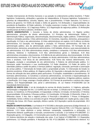 ESTUDE COM AS VÍDEO-AULAS DO CONCURSO VIRTUAL!

    Tratados Internacionais de Direitos Humanos e sua posição no ordenamento jurídico brasileiro. 7 Poder
    legislativo: fundamento, atribuições e garantias de independência. 8 Processo legislativo: fundamento e
    garantias de independência, conceito, objetos, atos e procedimentos. 9 Poder executivo. 9.1 Forma e
    sistema de governo. 9.2 Chefia de Estado e chefia de governo. 9.3 Atribuições e responsabilidades do
    presidente da República. 10 Poder judiciário. 11 Funções essenciais à Justiça. 12 Defesa do Estado e das
    instituições democráticas. 12.1 Segurança Pública. 12.2 Organização da segurança pública. 13 Atribuições
    constitucionais da Polícia Judiciária. 14 Ordem social.
    DIREITO ADMINISTRATIVO: 1 Conceito e fontes do direito administrativo. 1.1 Regime jurídico
    administrativo: princípios do direito administrativo. 1.2 Princípios da Administração Pública. 2
    Administração Pública: organização, descentralização, desconcentração, órgãos públicos. 3 Administração
    indireta e entidades paralelas. 4 Atos administrativos. 4.1 Conceitos, requisitos, elementos, pressupostos e
    classificação. 4.2 Fato e ato administrativo. 4.3 Atos administrativos em espécie. 4.4 O silêncio no direito
    administrativo. 4.5 Cassação. 4.6 Revogação e anulação. 4.7 Processo administrativo. 4.8 Fatos da
    administração pública: atos da administração pública e fatos administrativos. 4.9 Formação do ato
    administrativo: elementos, procedimento administrativo. 4.10 Validade, eficácia e auto executoriedade do
    ato administrativo. 4.11 Atos administrativos simples, complexos e compostos. 4.12 Atos administrativos
    unilaterais, bilaterais e multilaterais. 4.13 Atos administrativos gerais e individuais. 4.14 Atos
    administrativos vinculados e discricionários. 4.15 Mérito do ato administrativo, discricionariedade. 4.16 Ato
    administrativo inexistente. 4.17 Teoria das nulidades no direito administrativo. 4.18 Atos administrativos
    nulos e anuláveis. 4.19 Vícios do ato administrativo. 4.20 Teoria dos motivos determinantes. 4.21
    Revogação, anulação e convalidação do ato administrativo. 5 Poderes da administração pública. 5.1
    Hierarquia: poder hierárquico e suas manifestações. 5.2 Poder disciplinar. 5.3 Poder de polícia. 5.4
    Liberdades públicas e poder de polícia. 6 Serviços públicos: regulação, concessão, permissão e autorização
    do serviço público. 7 Intervenção do Estado sobre a propriedade privada. 7.1 Intervenção do Estado no
    domínio econômico. 8 Bens públicos. 8.1 Regime jurídico. 8.2 Aquisição e alienação dos bens públicos. 8.3
    Formas de utilização dos bens públicos pelos particulares. 9 Licitações: modalidades e procedimentos. 10
    Contratos administrativos. 11 Convênios e consórcios administrativos. 12 Controle e responsabilização da
    administração: controle administrativo, controle judicial, controle legislativo. 13 Agentes públicos: espécies
    e classificação. 13.1 Cargo, emprego e função públicos. 13.2 Formas de provimento e vacância dos cargos
    públicos. 13.3 Responsabilidade civil, penal e administrativa. 14. Lei Federal nº 8.429/1992 (Lei de
    Improbidade Administrativa).
    NOÇÕES DE DIREITO CIVIL: 1 Lei de introdução às normas do direito brasileiro. 1.1 Vigência, aplicação,
    interpretação e integração das leis. 1.2 Conflito das leis no tempo. 1.3 Eficácia da lei no espaço. 2 Pessoas
    naturais. 2.1 Existência. 2.2 Personalidade. 2.3 Capacidade. 2.4 Nome. 2.5 Estado. 2.6 Domicílio. 2.7 Direitos
    da personalidade. 2.8 Ausência. 3 Pessoas jurídicas. 3.1 Constituição. 3.2 Extinção. 3.3 Domicílio. 4 Bens. 4.1
    Diferentes classes. 5 Ato, fato e negócio jurídico. 6 Prescrição e decadência. 7 Provas. 8 Obrigações:
    modalidades, fontes e efeitos e os contratos em geral. 9 Responsabilidade civil: noções gerais, culpa e dolo.
    10 Direito das Coisas. 10.1 Posse: aquisição, efeitos e perda. 10.2 Aquisição e perda da propriedade. 10.3
    Usucapião.
    NOÇÕES DE DIREITO ELEITORAL: 1 Lei Federal nº 4.737/1965 e alterações posteriores (Código Eleitoral). 1.1
    Introdução. 1.2 Órgãos da justiça eleitoral. 1.2.1 Tribunal Superior Eleitoral (TSE). 1.2.2 Tribunais regionais
    eleitorais. 1.2.3 Juízes eleitorais e juntas eleitorais: composição, competências e atribuições. 1.3
    Alistamento eleitoral: qualificação e inscrição, cancelamento e exclusão. 2 Lei Federal nº 9.504/1997. 2.1
    Disposições gerais. 2.2 Coligações. 2.3 Convenções para escolha de candidatos. 2.4 Registro de candidatos.
    2.5 Sistema eletrônico de votação e totalização dos votos. 3 Lei Federal nº 9.096/1995. 3.1 Disposições
    preliminares. 3.2 Filiação partidária. 4 Resolução do TSE nº 21.538/2003. 4.1 Alistamento eleitoral. 4.2

                                                                                                                40
 