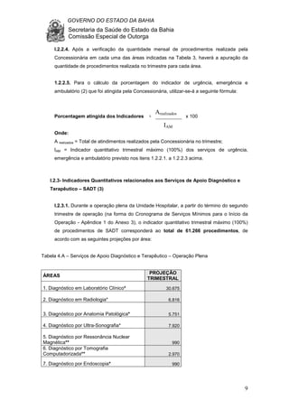 GOVERNO DO ESTADO DA BAHIA
Secretaria da Saúde do Estado da Bahia
Comissão Especial de Outorga
9
I.2.2.4. Após a verificação da quantidade mensal de procedimentos realizada pela
Concessionária em cada uma das áreas indicadas na Tabela 3, haverá a apuração da
quantidade de procedimentos realizada no trimestre para cada área.
1.2.2.5. Para o cálculo da porcentagem do indicador de urgência, emergência e
ambulatório (2) que foi atingida pela Concessionária, utilizar-se-á a seguinte fórmula:
Porcentagem atingida dos Indicadores = x 100
Onde:
A realizados = Total de atindimentos realizados pela Concessionária no trimestre;
IAM = Indicador quantitativo trimestral máximo (100%) dos serviços de urgência,
emergência e ambulatório previsto nos itens 1.2.2.1. a 1.2.2.3 acima.
I.2.3- Indicadores Quantitativos relacionados aos Serviços de Apoio Diagnóstico e
Terapêutico – SADT (3)
I.2.3.1. Durante a operação plena da Unidade Hospitalar, a partir do término do segundo
trimestre de operação (na forma do Cronograma de Serviços Mínimos para o Início da
Operação - Apêndice 1 do Anexo 3), o indicador quantitativo trimestral máximo (100%)
de procedimentos de SADT corresponderá ao total de 61.266 procedimentos, de
acordo com as seguintes projeções por área:
Tabela 4.A – Serviços de Apoio Diagnóstico e Terapêutico – Operação Plena
ÁREAS
PROJEÇÃO
TRIMESTRAL
1. Diagnóstico em Laboratório Clínico* 30.675
2. Diagnóstico em Radiologia* 6.816
3. Diagnóstico por Anatomia Patológica* 5.751
4. Diagnóstico por Ultra-Sonografia* 7.920
5. Diagnóstico por Ressonância Nuclear
Magnética** 990
6. Diagnóstico por Tomografia
Computadorizada** 2.970
7. Diagnóstico por Endoscopia* 990
_________
Arealizados
IAM
 