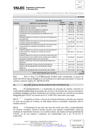 Edital nº 003/2017 - Pregão Eletrônico –SRP- Manutenção Predial
VALEC - ENGENHARIA, CONSTRUÇÕES E FERROVIAS S.A.
Superintendência de Licitações e Contratos
SAUS, Quadra 01, Bloco 'G', Lotes 3 e 5. Asa Sul Brasília - DF - CEP: 70.070-010 - Brasília – DF
Tel.: (61) 2029-6482 Site: www.valec.gov.br E-mail: cpl@valec.gov.br
Página 46 de 100
Visto da SULIC
___________________
Márcio G. de Aquino
GELIC
FLS._______
__________
Rubrica
85.393,88
Preço Referencial - Rio de Janeiro (RJ)
ITEM SERVIÇO (com descrição)
Quant.
Estimada
Valor
Unitário
Valor
Total
6
ABERTURA DE PORTAS E DE MÓVEIS 8 R$ 52,80 R$ 422,40
ABERTURA DE COFRE 1 R$ 286,40 R$ 286,40
CÓPIAS DE CHAVES MODELO COMUM 45 R$ 8,30 R$ 373,50
CÓPIA DE CHAVES MODELO TETRA 3 R$ 25,30 R$ 75,90
CONSERTO DE FECHADURA DE PORTAS E DE
MÓVEIS
3 R$ 60,20 R$ 180,60
FORNECIMENTO E INSTALAÇÃO DE FECHADURAS
DE MÓVEIS
2 R$ 93,50 R$ 187,00
FORNECIMENTO E INSTALAÇÃO DE FECHADURAS
TETRA-CHAVE DE PORTAS
1 R$ 168,55 R$ 168,55
FORNECIMENTO E INSTALAÇÃO DE FECHADURAS
PARA PORTAS, MODELO LOCKWEL, CHAVE
CENTRAL
1 R$ 181,00 R$ 181,00
FORNECIMENTO E INSTALAÇÃO DE FECHADURAS
PARA PORTAS, MODELO LAFONTE,CHAVE
CENTRAL
1 R$ 348,55 R$ 348,55
FORNECIMENTO E INSTALAÇÃO DE CONJUNTO DE
FECHADURA PARA PORTAS DE VIDRO DE CORRER
BLINDEX MODELO BICO DE PAPAGAIO
1 R$ 408,00 R$ 408,00
MODELAGEM DE CHAVES COMUM DE PORTAS E
MÓVEIS
25 R$ 35,40 R$ 885,00
MODELAGEM DE TETRA-CHAVE DE PORTAS 1 R$ 61,60 R$ 61,60
TROCA DE SEGREDO DE FECHADURA PARA
PORTAS
2 R$ 77,60 R$ 155,20
TROCA DE SEGREDO DE FECHADURA DE COFRE 1 R$ 219,00 R$ 219,00
Valor Total Estimado para 12 meses
R$
3.952,70
14.2. Para os Itens 1 e 4 (Manutenção Predial) serão considerados os preços da
tabela SINAPI do mês da licitação e só será utilizada nova tabela após decorridos 12 meses de
contrato, conforme Tópico 20 – DO REAJUSTE.
15. DA FISCALIZAÇÃO DA EXECUÇÃO CONTRATUAL
15.1. O acompanhamento e a fiscalização da execução do contrato consistem na
verificação da conformidade da prestação dos serviços e da alocação dos recursos necessários,
de forma a assegurar o perfeito cumprimento do contrato, devendo ser exercido por servidores
designados pela VALEC nos termos da Lei n.º 8.666/1993, observado o que segue:
15.1.1. Competirá ao Gestor e Fiscais do Contrato dirimirem as dúvidas que surgirem
no curso da execução do Contrato, de tudo dando ciência à autoridade competente, para as
medidas cabíveis;
15.1.2. A fiscalização de que trata este item não exclui nem reduz a responsabilidade
da Licitante vencedora, inclusive perante terceiros, por qualquer irregularidade, ainda que
resultante de imperfeições técnicas e na ocorrência destas, não implica corresponsabilidade da
VALEC, ou de seus agentes e prepostos, em conformidade com o art. 70 da Lei nº
8.666/1993;
 