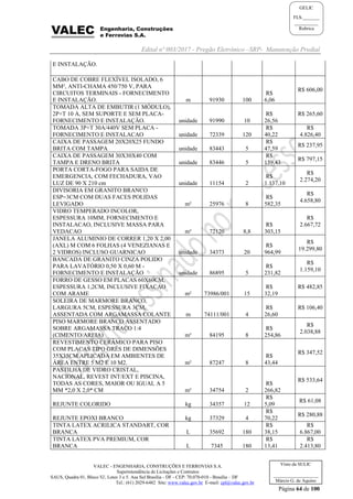 Edital nº 003/2017 - Pregão Eletrônico –SRP- Manutenção Predial
VALEC - ENGENHARIA, CONSTRUÇÕES E FERROVIAS S.A.
Superintendência de Licitações e Contratos
SAUS, Quadra 01, Bloco 'G', Lotes 3 e 5. Asa Sul Brasília - DF - CEP: 70.070-010 - Brasília – DF
Tel.: (61) 2029-6482 Site: www.valec.gov.br E-mail: cpl@valec.gov.br
Página 64 de 100
Visto da SULIC
___________________
Márcio G. de Aquino
GELIC
FLS._______
__________
Rubrica
E INSTALAÇÃO.
CABO DE COBRE FLEXÍVEL ISOLADO, 6
MM², ANTI-CHAMA 450/750 V, PARA
CIRCUITOS TERMINAIS - FORNECIMENTO
E INSTALAÇÃO. m 91930 100
R$
6,06
R$ 606,00
TOMADA ALTA DE EMBUTIR (1 MÓDULO),
2P+T 10 A, SEM SUPORTE E SEM PLACA-
FORNECIMENTO E INSTALAÇÃO. unidade 91990 10
R$
26,56
R$ 265,60
TOMADA 3P+T 30A/440V SEM PLACA -
FORNECIMENTO E INSTALACAO unidade 72339 120
R$
40,22
R$
4.826,40
CAIXA DE PASSAGEM 20X20X25 FUNDO
BRITA COM TAMPA unidade 83443 5
R$
47,59
R$ 237,95
CAIXA DE PASSAGEM 30X30X40 COM
TAMPA E DRENO BRITA unidade 83446 5
R$
159,43
R$ 797,15
PORTA CORTA-FOGO PARA SAIDA DE
EMERGENCIA, COM FECHADURA, VAO
LUZ DE 90 X 210 cm unidade 11154 2
R$
1.137,10
R$
2.274,20
DIVISORIA EM GRANITO BRANCO
ESP=3CM COM DUAS FACES POLIDAS
LEVIGADO m² 25976 8
R$
582,35
R$
4.658,80
VIDRO TEMPERADO INCOLOR,
ESPESSURA 10MM, FORNECIMENTO E
INSTALACAO, INCLUSIVE MASSA PARA
VEDACAO m² 72120 8,8
R$
303,15
R$
2.667,72
JANELA ALUMINIO DE CORRER 1,20 X 2,00
(AXL) M COM 6 FOLHAS (4 VENEZIANAS E
2 VIDROS) INCLUSO GUARNICAO unidade 34373 20
R$
964,99
R$
19.299,80
BANCADA DE GRANITO CINZA POLIDO
PARA LAVATÓRIO 0,50 X 0,60 M -
FORNECIMENTO E INSTALAÇÃO unidade 86895 5
R$
231,82
R$
1.159,10
FORRO DE GESSO EM PLACAS 60X60CM,
ESPESSURA 1,2CM, INCLUSIVE FIXACAO
COM ARAME m² 73986/001 15
R$
32,19
R$ 482,85
SOLEIRA DE MARMORE BRANCO,
LARGURA 5CM, ESPESSURA 3CM,
ASSENTADA COM ARGAMASSA COLANTE m 74111/001 4
R$
26,60
R$ 106,40
PISO MARMORE BRANCO ASSENTADO
SOBRE ARGAMASSA TRACO 1:4
(CIMENTO/AREIA) m² 84195 8
R$
254,86
R$
2.038,88
REVESTIMENTO CERÂMICO PARA PISO
COM PLACAS TIPO GRÊS DE DIMENSÕES
35X35CM APLICADA EM AMBIENTES DE
ÁREA ENTRE 5 M2 E 10 M2. m² 87247 8
R$
43,44
R$ 347,52
PASTILHA DE VIDRO CRISTAL,
NACIONAL, REVEST INT/EXT E PISCINA,
TODAS AS CORES, MAIOR OU IGUAL A 5
MM *2,0 X 2,0* CM m² 34754 2
R$
266,82
R$ 533,64
REJUNTE COLORIDO kg 34357 12
R$
5,09
R$ 61,08
REJUNTE EPOXI BRANCO kg 37329 4
R$
70,22
R$ 280,88
TINTA LATEX ACRILICA STANDART, COR
BRANCA L 35692 180
R$
38,15
R$
6.867,00
TINTA LATEX PVA PREMIUM, COR
BRANCA L 7345 180
R$
13,41
R$
2.413,80
 