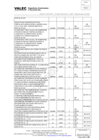 Edital nº 003/2017 - Pregão Eletrônico –SRP- Manutenção Predial
VALEC - ENGENHARIA, CONSTRUÇÕES E FERROVIAS S.A.
Superintendência de Licitações e Contratos
SAUS, Quadra 01, Bloco 'G', Lotes 3 e 5. Asa Sul Brasília - DF - CEP: 70.070-010 - Brasília – DF
Tel.: (61) 2029-6482 Site: www.valec.gov.br E-mail: cpl@valec.gov.br
Página 66 de 100
Visto da SULIC
___________________
Márcio G. de Aquino
GELIC
FLS._______
__________
Rubrica
INSTALACAO
DISJUNTOR TERMOMAGNETICO
TRIPOLAR PADRAO NEMA (AMERICANO)
125 A 150A 240V, FORNECIMENTO E
INSTALACAO unidade 74130/006 4
R$
308,48
R$
1.233,92
LUMINARIA TIPO CALHA, DE SOBREPOR,
COM REATOR DE PARTIDA RAPIDA E
LAMPADA FLUORESCENTE 2X20W,
COMPLETA, FORNECIMENTO E
INSTALACAO unidade 73953/002 5
R$
118,38
R$ 591,90
LUMINARIA TIPO CALHA, DE SOBREPOR,
COM REATOR DE PARTIDA RAPIDA E
LAMPADA FLUORESCENTE 2X40W,
COMPLETA, FORNECIMENTO E
INSTALACAO unidade 73953/006 10
R$
128,76
R$
1.287,60
LUMINARIA PROVA DE TEMPO PETERCO
Y.31/1 unidade 12267 2
R$
122,38
R$ 244,76
INTERRUPTOR INTERMEDIARIO (TECLA
DUPLA) EMBUTIR 10A/250V C/ PLACA,
TIPO SILENTOQUE PIAL OU EQUIV unidade 12127 30
R$
21,28
R$ 638,40
INTERRUPTOR SOBREPOR 2 TECLAS
SIMPLES, TIPO SILENTOQUE PIAL OU
EQUIV unidade 12129 10
R$
8,41
R$ 84,10
REATOR PARTIDA RAPIDA P/ 2 LAMPADAS
FLUORESCENTES 20W/127V unidade 1086 40
R$
37,94
R$
1.517,60
QUADRO DE DISTRIBUICAO DE ENERGIA
P/ 6 DISJUNTORES TERMOMAGNETICOS
MONOPOLARES SEM BARRAMENTO, DE
EMBUTIR, EM CHAPA METALICA -
FORNECIMENTO E INSTALACAO unidade 84402 1
R$
67,85
R$ 67,85
QUADRO DE DISTRIBUICAO DE ENERGIA
EM CHAPA DE ACO GALVANIZADO, PARA
12 DISJUNTORES TERMOMAGNETICOS
MONOPOLARES, COM BARRAMENTO
TRIFASICO E NEUTRO - FORNECIMENTO E
INSTALACAO unidade 83463 1
R$
217,59
R$ 217,59
QUADRO DE DISTRIBUICAO DE ENERGIA
DE EMBUTIR, EM CHAPA METALICA,
PARA 18 DISJUNTORES
TERMOMAGNETICOS MONOPOLARES,
COM BARRAMENTO TRIFASICO E
NEUTRO, FORNECIMENTO E INSTALACAO unidade 74131/004 1
R$
291,15
R$ 291,15
QUADRO DE DISTRIBUICAO DE ENERGIA
DE EMBUTIR, EM CHAPA METALICA,
PARA 24 DISJUNTORES
TERMOMAGNETICOS MONOPOLARES,
COM BARRAMENTO TRIFASICO E
NEUTRO, FORNECIMENTO E INSTALACAO unidade 74131/005 1
R$
340,02
R$ 340,02
ELETRODUTO METALICO FLEXIVEL TIPO
CONDUITE D = 1" m 12058 6
R$
10,83
R$ 64,98
ELETRODUTO METALICO FLEXIVEL TIPO
CONDUITE D = 1 1/4" m 12057 6
R$
14,32
R$ 85,92
ELETRODUTO METALICO FLEXIVEL TIPO
CONDUITE D = 2" m 12061 6
R$
22,45
R$ 134,70
ELETRODUTO DE PVC ROSCÁVEL DE 3/4,
SEM LUVA m 2674 6
R$
2,15
R$ 12,90
 