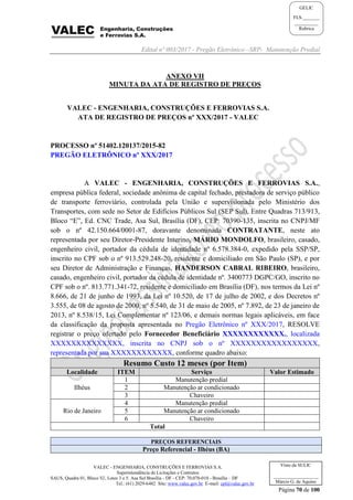 Edital nº 003/2017 - Pregão Eletrônico –SRP- Manutenção Predial
VALEC - ENGENHARIA, CONSTRUÇÕES E FERROVIAS S.A.
Superintendência de Licitações e Contratos
SAUS, Quadra 01, Bloco 'G', Lotes 3 e 5. Asa Sul Brasília - DF - CEP: 70.070-010 - Brasília – DF
Tel.: (61) 2029-6482 Site: www.valec.gov.br E-mail: cpl@valec.gov.br
Página 70 de 100
Visto da SULIC
___________________
Márcio G. de Aquino
GELIC
FLS._______
__________
Rubrica
ANEXO VII
MINUTA DA ATA DE REGISTRO DE PREÇOS
VALEC - ENGENHARIA, CONSTRUÇÕES E FERROVIAS S.A.
ATA DE REGISTRO DE PREÇOS nº XXX/2017 - VALEC
PROCESSO nº 51402.120137/2015-82
PREGÃO ELETRÔNICO nº XXX/2017
A VALEC - ENGENHARIA, CONSTRUÇÕES E FERROVIAS S.A.,
empresa pública federal, sociedade anônima de capital fechado, prestadora de serviço público
de transporte ferroviário, controlada pela União e supervisionada pelo Ministério dos
Transportes, com sede no Setor de Edifícios Públicos Sul (SEP Sul), Entre Quadras 713/913,
Bloco “E”, Ed. CNC Trade, Asa Sul, Brasília (DF), CEP: 70390-135, inscrita no CNPJ/MF
sob o nº 42.150.664/0001-87, doravante denominada CONTRATANTE, neste ato
representada por seu Diretor-Presidente Interino, MÁRIO MONDOLFO, brasileiro, casado,
engenheiro civil, portador da cédula de identidade nº 6.578.384-0, expedido pela SSP/SP,
inscrito no CPF sob o nº 913.529.248-20, residente e domiciliado em São Paulo (SP), e por
seu Diretor de Administração e Finanças, HANDERSON CABRAL RIBEIRO, brasileiro,
casado, engenheiro civil, portador da cédula de identidade nº. 3400773 DGPC/GO, inscrito no
CPF sob o nº. 813.771.341-72, residente e domiciliado em Brasília (DF), nos termos da Lei nº
8.666, de 21 de junho de 1993, da Lei nº 10.520, de 17 de julho de 2002, e dos Decretos nº
3.555, de 08 de agosto de 2000, nº 5.540, de 31 de maio de 2005, nº 7.892, de 23 de janeiro de
2013, nº 8.538/15, Lei Complementar nº 123/06, e demais normas legais aplicáveis, em face
da classificação da proposta apresentada no Pregão Eletrônico nº XXX/2017, RESOLVE
registrar o preço ofertado pelo Fornecedor Beneficiário XXXXXXXXXXXX., localizada
XXXXXXXXXXXXXX, inscrita no CNPJ sob o nº XXXXXXXXXXXXXXXXX,
representada por sua XXXXXXXXXXXX, conforme quadro abaixo:
Resumo Custo 12 meses (por Item)
Localidade ITEM Serviço Valor Estimado
Ilhéus
1 Manutenção predial
2 Manutenção ar condicionado
3 Chaveiro
Rio de Janeiro
4 Manutenção predial
5 Manutenção ar condicionado
6 Chaveiro
Total
PREÇOS REFERENCIAIS
Preço Referencial - Ilhéus (BA)
 