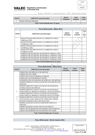 Edital nº 003/2017 - Pregão Eletrônico –SRP- Manutenção Predial
VALEC - ENGENHARIA, CONSTRUÇÕES E FERROVIAS S.A.
Superintendência de Licitações e Contratos
SAUS, Quadra 01, Bloco 'G', Lotes 3 e 5. Asa Sul Brasília - DF - CEP: 70.070-010 - Brasília – DF
Tel.: (61) 2029-6482 Site: www.valec.gov.br E-mail: cpl@valec.gov.br
Página 71 de 100
Visto da SULIC
___________________
Márcio G. de Aquino
GELIC
FLS._______
__________
Rubrica
ITEM SERVIÇO (com descrição)
Quant.
Estimada
Valor
Unitário
Valor
Total
1 MANUTENÇÃO PREDIAL - -
Valor Total Estimado para 12 meses
Preço Referencial - Ilhéus (BA)
ITEM SERVIÇO (com descrição)
Quant.
Estimada
Valor
Unitário
Valo
r
Tota
l
2
MANUTENÇÃO PREVENTIVA E CORRETIVA SPLIT
9.000 btu/s 220V
MANUTENÇÃO PREVENTIVA E CORRETIVA SPLIT
12.000 btu/s 220V
MANUTENÇÃO PREVENTIVA E CORRETIVA SPLIT
18.000 btu/s 220V
MANUTENÇÃO PREVENTIVA E CORRETIVA SPLIT
24.000 btu/s 220V
LIMPEZA DE FILTRO DE AR EM SPLIT 9.000 btu/s 220V
LIMPEZA DE FILTRO DE AR EM SPLIT 12.000 btu/s 220V
LIMPEZA DE FILTRO DE AR EM SPLIT 18.000 btu/s 220V
LIMPEZA DE FILTRO DE AR EM SPLIT 24.000 btu/s 220V
Valor Total Estimado para 12 meses
Preço Referencial - Ilhéus (BA)
ITEM SERVIÇO (com descrição)
Quant.
Estimada
Valor
Unitário
Valor
Total
3
ABERTURA DE PORTAS E DE MÓVEIS
ABERTURA DE COFRE
CÓPIAS DE CHAVES MODELO COMUM
CÓPIA DE CHAVES MODELO TETRA
CONSERTO DE FECHADURA DE PORTAS E DE MÓVEIS
FORNECIMENTO E INSTALAÇÃO DE FECHADURAS DE
MÓVEIS
FORNECIMENTO E INSTALAÇÃO DE FECHADURAS
TETRA-CHAVE DE PORTAS
FORNECIMENTO E INSTALAÇÃO DE FECHADURAS
PARA PORTAS, MODELO LOCKWEL, CHAVE CENTRAL
FORNECIMENTO E INSTALAÇÃO DE FECHADURAS
PARA PORTAS, MODELO LAFONTE,CHAVE CENTRAL
FORNECIMENTO E INSTALAÇÃO DE CONJUNTO DE
FECHADURA PARA PORTAS DE VIDRO DE CORRER
BLINDEX MODELO BICO DE PAPAGAIO
MODELAGEM DE CHAVES COMUM DE PORTAS E
MÓVEIS
MODELAGEM DE TETRA-CHAVE DE PORTAS
TROCA DE SEGREDO DE FECHADURA PARA PORTAS
TROCA DE SEGREDO DE FECHADURA DE COFRE
Valor Total Estimado para 12 meses
Preço Referencial - Rio de Janeiro (RJ)
 