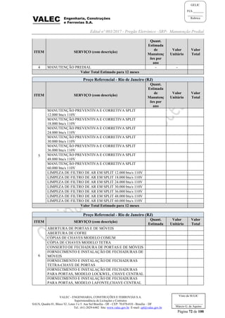 Edital nº 003/2017 - Pregão Eletrônico –SRP- Manutenção Predial
VALEC - ENGENHARIA, CONSTRUÇÕES E FERROVIAS S.A.
Superintendência de Licitações e Contratos
SAUS, Quadra 01, Bloco 'G', Lotes 3 e 5. Asa Sul Brasília - DF - CEP: 70.070-010 - Brasília – DF
Tel.: (61) 2029-6482 Site: www.valec.gov.br E-mail: cpl@valec.gov.br
Página 72 de 100
Visto da SULIC
___________________
Márcio G. de Aquino
GELIC
FLS._______
__________
Rubrica
ITEM SERVIÇO (com descrição)
Quant.
Estimada
de
Manutenç
ões por
ano
Valor
Unitário
Valor
Total
4 MANUTENÇÃO PREDIAL - -
Valor Total Estimado para 12 meses
Preço Referencial - Rio de Janeiro (RJ)
ITEM SERVIÇO (com descrição)
Quant.
Estimada
de
Manutenç
ões por
ano
Valor
Unitário
Valor
Total
5
MANUTENÇÃO PREVENTIVA E CORRETIVA SPLIT
12.000 btu/s 110V
MANUTENÇÃO PREVENTIVA E CORRETIVA SPLIT
18.000 btu/s 110V
MANUTENÇÃO PREVENTIVA E CORRETIVA SPLIT
24.000 btu/s 110V
MANUTENÇÃO PREVENTIVA E CORRETIVA SPLIT
30.000 btu/s 110V
MANUTENÇÃO PREVENTIVA E CORRETIVA SPLIT
36.000 btu/s 110V
MANUTENÇÃO PREVENTIVA E CORRETIVA SPLIT
48.000 btu/s 110V
MANUTENÇÃO PREVENTIVA E CORRETIVA SPLIT
60.000 btu/s 110V
LIMPEZA DE FILTRO DE AR EM SPLIT 12.000 btu/s 110V
LIMPEZA DE FILTRO DE AR EM SPLIT 18.000 btu/s 110V
LIMPEZA DE FILTRO DE AR EM SPLIT 24.000 btu/s 110V
LIMPEZA DE FILTRO DE AR EM SPLIT 30.000 btu/s 110V
LIMPEZA DE FILTRO DE AR EM SPLIT 36.000 btu/s 110V
LIMPEZA DE FILTRO DE AR EM SPLIT 48.000 btu/s 110V
LIMPEZA DE FILTRO DE AR EM SPLIT 60.000 btu/s 110V
Valor Total Estimado para 12 meses
Preço Referencial - Rio de Janeiro (RJ)
ITEM SERVIÇO (com descrição)
Quant.
Estimada
Valor
Unitário
Valor
Total
6
ABERTURA DE PORTAS E DE MÓVEIS
ABERTURA DE COFRE
CÓPIAS DE CHAVES MODELO COMUM
CÓPIA DE CHAVES MODELO TETRA
CONSERTO DE FECHADURA DE PORTAS E DE MÓVEIS
FORNECIMENTO E INSTALAÇÃO DE FECHADURAS DE
MÓVEIS
FORNECIMENTO E INSTALAÇÃO DE FECHADURAS
TETRA-CHAVE DE PORTAS
FORNECIMENTO E INSTALAÇÃO DE FECHADURAS
PARA PORTAS, MODELO LOCKWEL, CHAVE CENTRAL
FORNECIMENTO E INSTALAÇÃO DE FECHADURAS
PARA PORTAS, MODELO LAFONTE,CHAVE CENTRAL
 