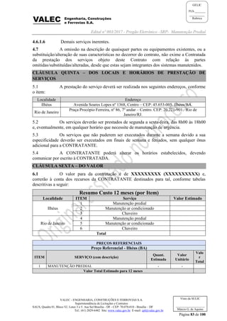 Edital nº 003/2017 - Pregão Eletrônico –SRP- Manutenção Predial
VALEC - ENGENHARIA, CONSTRUÇÕES E FERROVIAS S.A.
Superintendência de Licitações e Contratos
SAUS, Quadra 01, Bloco 'G', Lotes 3 e 5. Asa Sul Brasília - DF - CEP: 70.070-010 - Brasília – DF
Tel.: (61) 2029-6482 Site: www.valec.gov.br E-mail: cpl@valec.gov.br
Página 83 de 100
Visto da SULIC
___________________
Márcio G. de Aquino
GELIC
FLS._______
__________
Rubrica
4.6.1.6 Demais serviços inerentes.
4.7 A omissão na descrição de quaisquer partes ou equipamentos existentes, ou a
substituição/alteração de suas características no decorrer do contrato, não exime a Contratada
da prestação dos serviços objeto deste Contrato com relação às partes
omitidas/substituídas/alteradas, desde que estas sejam integrantes dos sistemas manutenidos.
CLÁUSULA QUINTA – DOS LOCAIS E HORÁRIOS DE PRESTAÇÃO DE
SERVIÇOS
5.1 A prestação do serviço deverá ser realizada nos seguintes endereços, conforme
o item:
Localidade Endereço
Ilhéus Avenida Soares Lopes nº 1368, Centro – CEP: 45.653-005. Ilhéus/BA.
Rio de Janeiro
Praça Procópio Ferreira, nº 86, 7º andar – Centro. CEP: 20.221-901. Rio de
Janeiro/RJ.
5.2 Os serviços deverão ser prestados de segunda a sexta-feira, das 8h00 às 18h00
e, eventualmente, em qualquer horário que necessite de manutenção de urgência.
5.3 Os serviços que não puderem ser executados durante a semana devido a sua
especificidade deverão ser executados em finais de semana e feriados, sem qualquer ônus
adicional para a CONTRATANTE.
5.4 A CONTRATANTE poderá alterar os horários estabelecidos, devendo
comunicar por escrito à CONTRATADA.
CLÁUSULA SEXTA – DO VALOR
6.1 O valor para da contratação é de XXXXXXXXX (XXXXXXXXXX) e,
correrão à conta dos recursos da CONTRATANTE destinados para tal, conforme tabelas
descritivas a seguir:
Resumo Custo 12 meses (por Item)
Localidade ITEM Serviço Valor Estimado
Ilhéus
1 Manutenção predial
2 Manutenção ar condicionado
3 Chaveiro
Rio de Janeiro
4 Manutenção predial
5 Manutenção ar condicionado
6 Chaveiro
Total
PREÇOS REFERENCIAIS
Preço Referencial - Ilhéus (BA)
ITEM SERVIÇO (com descrição)
Quant.
Estimada
Valor
Unitário
Valo
r
Total
1 MANUTENÇÃO PREDIAL - -
Valor Total Estimado para 12 meses
 