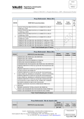 Edital nº 003/2017 - Pregão Eletrônico –SRP- Manutenção Predial
VALEC - ENGENHARIA, CONSTRUÇÕES E FERROVIAS S.A.
Superintendência de Licitações e Contratos
SAUS, Quadra 01, Bloco 'G', Lotes 3 e 5. Asa Sul Brasília - DF - CEP: 70.070-010 - Brasília – DF
Tel.: (61) 2029-6482 Site: www.valec.gov.br E-mail: cpl@valec.gov.br
Página 84 de 100
Visto da SULIC
___________________
Márcio G. de Aquino
GELIC
FLS._______
__________
Rubrica
Preço Referencial - Ilhéus (BA)
ITEM SERVIÇO (com descrição)
Quant.
Estimada
Valor
Unitário
Val
or
Tot
al
2
MANUTENÇÃO PREVENTIVA E CORRETIVA SPLIT
9.000 btu/s 220V
MANUTENÇÃO PREVENTIVA E CORRETIVA SPLIT
12.000 btu/s 220V
MANUTENÇÃO PREVENTIVA E CORRETIVA SPLIT
18.000 btu/s 220V
MANUTENÇÃO PREVENTIVA E CORRETIVA SPLIT
24.000 btu/s 220V
LIMPEZA DE FILTRO DE AR EM SPLIT 9.000 btu/s 220V
LIMPEZA DE FILTRO DE AR EM SPLIT 12.000 btu/s 220V
LIMPEZA DE FILTRO DE AR EM SPLIT 18.000 btu/s 220V
LIMPEZA DE FILTRO DE AR EM SPLIT 24.000 btu/s 220V
Valor Total Estimado para 12 meses
Preço Referencial - Ilhéus (BA)
ITEM SERVIÇO (com descrição)
Quant.
Estimada
Valor
Unitário
Valor
Total
3
ABERTURA DE PORTAS E DE MÓVEIS
ABERTURA DE COFRE
CÓPIAS DE CHAVES MODELO COMUM
CÓPIA DE CHAVES MODELO TETRA
CONSERTO DE FECHADURA DE PORTAS E DE MÓVEIS
FORNECIMENTO E INSTALAÇÃO DE FECHADURAS DE
MÓVEIS
FORNECIMENTO E INSTALAÇÃO DE FECHADURAS
TETRA-CHAVE DE PORTAS
FORNECIMENTO E INSTALAÇÃO DE FECHADURAS
PARA PORTAS, MODELO LOCKWEL, CHAVE CENTRAL
FORNECIMENTO E INSTALAÇÃO DE FECHADURAS
PARA PORTAS, MODELO LAFONTE,CHAVE CENTRAL
FORNECIMENTO E INSTALAÇÃO DE CONJUNTO DE
FECHADURA PARA PORTAS DE VIDRO DE CORRER
BLINDEX MODELO BICO DE PAPAGAIO
MODELAGEM DE CHAVES COMUM DE PORTAS E
MÓVEIS
MODELAGEM DE TETRA-CHAVE DE PORTAS
TROCA DE SEGREDO DE FECHADURA PARA PORTAS
TROCA DE SEGREDO DE FECHADURA DE COFRE
Valor Total Estimado para 12 meses
Preço Referencial - Rio de Janeiro (RJ)
ITEM SERVIÇO (com descrição)
Quant.
Estimada de
Manutenções
por ano
Valor
Unitário
Valor
Total
 