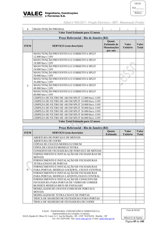Edital nº 003/2017 - Pregão Eletrônico –SRP- Manutenção Predial
VALEC - ENGENHARIA, CONSTRUÇÕES E FERROVIAS S.A.
Superintendência de Licitações e Contratos
SAUS, Quadra 01, Bloco 'G', Lotes 3 e 5. Asa Sul Brasília - DF - CEP: 70.070-010 - Brasília – DF
Tel.: (61) 2029-6482 Site: www.valec.gov.br E-mail: cpl@valec.gov.br
Página 85 de 100
Visto da SULIC
___________________
Márcio G. de Aquino
GELIC
FLS._______
__________
Rubrica
4 MANUTENÇÃO PREDIAL - -
Valor Total Estimado para 12 meses
Preço Referencial - Rio de Janeiro (RJ)
ITEM SERVIÇO (com descrição)
Quant.
Estimada de
Manutenções
por ano
Valor
Unitário
Valor
Total
5
MANUTENÇÃO PREVENTIVA E CORRETIVA SPLIT
12.000 btu/s 110V
MANUTENÇÃO PREVENTIVA E CORRETIVA SPLIT
18.000 btu/s 110V
MANUTENÇÃO PREVENTIVA E CORRETIVA SPLIT
24.000 btu/s 110V
MANUTENÇÃO PREVENTIVA E CORRETIVA SPLIT
30.000 btu/s 110V
MANUTENÇÃO PREVENTIVA E CORRETIVA SPLIT
36.000 btu/s 110V
MANUTENÇÃO PREVENTIVA E CORRETIVA SPLIT
48.000 btu/s 110V
MANUTENÇÃO PREVENTIVA E CORRETIVA SPLIT
60.000 btu/s 110V
LIMPEZA DE FILTRO DE AR EM SPLIT 12.000 btu/s 110V
LIMPEZA DE FILTRO DE AR EM SPLIT 18.000 btu/s 110V
LIMPEZA DE FILTRO DE AR EM SPLIT 24.000 btu/s 110V
LIMPEZA DE FILTRO DE AR EM SPLIT 30.000 btu/s 110V
LIMPEZA DE FILTRO DE AR EM SPLIT 36.000 btu/s 110V
LIMPEZA DE FILTRO DE AR EM SPLIT 48.000 btu/s 110V
LIMPEZA DE FILTRO DE AR EM SPLIT 60.000 btu/s 110V
Valor Total Estimado para 12 meses
Preço Referencial - Rio de Janeiro (RJ)
ITEM SERVIÇO (com descrição)
Quant.
Estimada
Valor
Unitário
Valor
Total
6
ABERTURA DE PORTAS E DE MÓVEIS
ABERTURA DE COFRE
CÓPIAS DE CHAVES MODELO COMUM
CÓPIA DE CHAVES MODELO TETRA
CONSERTO DE FECHADURA DE PORTAS E DE MÓVEIS
FORNECIMENTO E INSTALAÇÃO DE FECHADURAS DE
MÓVEIS
FORNECIMENTO E INSTALAÇÃO DE FECHADURAS
TETRA-CHAVE DE PORTAS
FORNECIMENTO E INSTALAÇÃO DE FECHADURAS
PARA PORTAS, MODELO LOCKWEL, CHAVE CENTRAL
FORNECIMENTO E INSTALAÇÃO DE FECHADURAS
PARA PORTAS, MODELO LAFONTE,CHAVE CENTRAL
FORNECIMENTO E INSTALAÇÃO DE CONJUNTO DE
FECHADURA PARA PORTAS DE VIDRO DE CORRER
BLINDEX MODELO BICO DE PAPAGAIO
MODELAGEM DE CHAVES COMUM DE PORTAS E
MÓVEIS
MODELAGEM DE TETRA-CHAVE DE PORTAS
TROCA DE SEGREDO DE FECHADURA PARA PORTAS
TROCA DE SEGREDO DE FECHADURA DE COFRE
 