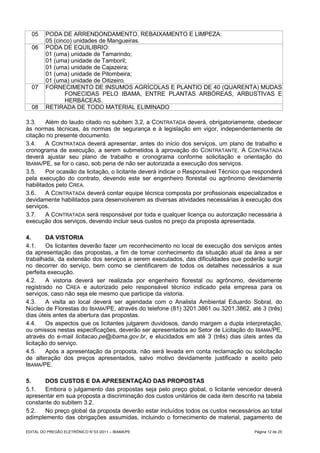 05     PODA DE ARRENDONDAMENTO, REBAIXAMENTO E LIMPEZA:
         05 (cinco) unidades de Mangueiras.
  06     PODA DE EQUILIBRIO:
         01 (uma) unidade de Tamarindo;
         01 (uma) unidade de Tamboril;
         01 (uma) unidade de Cajazeira;
         01 (uma) unidade de Pitombeira;
         01 (uma) unidade de Oitizeiro.
  07     FORNECIMENTO DE INSUMOS AGRÍCOLAS E PLANTIO DE 40 (QUARENTA) MUDAS
                FONECIDAS PELO IBAMA, ENTRE PLANTAS ARBÓREAS, ARBUSTIVAS E
                HERBÁCEAS.
  08     RETIRADA DE TODO MATERIAL ELIMINADO

3.3.    Além do laudo citado no subitem 3.2, a CONTRATADA deverá, obrigatoriamente, obedecer
às normas técnicas, às normas de segurança e à legislação em vigor, independentemente de
citação no presente documento.
3.4.    A CONTRATADA deverá apresentar, antes do início dos serviços, um plano de trabalho e
cronograma de execução, a serem submetidos à aprovação do CONTRATANTE. A CONTRATADA
deverá ajustar seu plano de trabalho e cronograma conforme solicitação e orientação do
IBAMA/PE, se for o caso, sob pena de não ser autorizada a execução dos serviços.
3.5.    Por ocasião da licitação, o licitante deverá indicar o Responsável Técnico que responderá
pela execução do contrato, devendo este ser engenheiro florestal ou agrônomo devidamente
habilitados pelo CREA.
3.6.    A CONTRATADA deverá contar equipe técnica composta por profissionais especializados e
devidamente habilitados para desenvolverem as diversas atividades necessárias à execução dos
serviços.
3.7.    A CONTRATADA será responsável por toda e qualquer licença ou autorização necessária à
execução dos serviços, devendo incluir seus custos no preço da proposta apresentada.

4.      DA VISTORIA
4.1.    Os licitantes deverão fazer um reconhecimento no local de execução dos serviços antes
da apresentação das propostas, a fim de tomar conhecimento da situação atual da área a ser
trabalhada, da extensão dos serviços a serem executados, das dificuldades que poderão surgir
no decorrer do serviço, bem como se cientificarem de todos os detalhes necessários a sua
perfeita execução.
4.2.    A vistoria deverá ser realizada por engenheiro florestal ou agrônomo, devidamente
registrado no CREA e autorizado pelo responsável técnico indicado pela empresa para os
serviços, caso não seja ele mesmo que participe da vistoria.
4.3.    A visita ao local deverá ser agendada com o Analista Ambiental Eduardo Sobral, do
Núcleo de Florestas do IBAMA/PE, através do telefone (81) 3201.3861 ou 3201.3862, até 3 (três)
dias úteis antes da abertura das propostas.
4.4.    Os aspectos que os licitantes julgarem duvidosos, dando margem a dupla interpretação,
ou omissos nestas especificações, deverão ser apresentados ao Setor de Licitação do IBAMA/PE,
através do e-mail licitacao.pe@ibama.gov.br, e elucidados em até 3 (três) dias úteis antes da
licitação do serviço.
4.5.    Após a apresentação da proposta, não será levada em conta reclamação ou solicitação
de alteração dos preços apresentados, salvo motivo devidamente justificado e aceito pelo
IBAMA/PE.

5.     DOS CUSTOS E DA APRESENTAÇÃO DAS PROPOSTAS
5.1.   Embora o julgamento das propostas seja pelo preço global, o licitante vencedor deverá
apresentar em sua proposta a discriminação dos custos unitários de cada item descrito na tabela
constante do subitem 3.2.
5.2.   No preço global da proposta deverão estar incluídos todos os custos necessários ao total
adimplemento das obrigações assumidas, incluindo o fornecimento de material, pagamento de

EDITAL DO PREGÃO ELETRÔNICO N° 03 /2011 – IBAMA/PE                                    Página 12 de 25
 