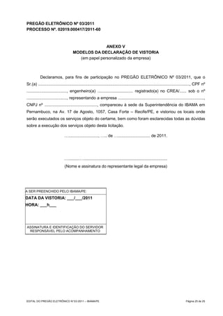 PREGÃO ELETRÔNICO Nº 03/2011
PROCESSO Nº. 02019.000417/2011-60



                                                      ANEXO V
                                      MODELOS DA DECLARAÇÃO DE VISTORIA
                                         (em papel personalizado da empresa)



           Declaramos, para fins de participação no PREGÃO ELETRÔNICO Nº 03/2011, que o
Sr.(a) ...................................................................................................................................., CPF nº
..................................., engenheiro(a) ............................... registrado(a) no CREA/...... sob o nº
..................................., representando a empresa ...........................................................................,
CNPJ nº .............................................., compareceu à sede da Superintendência do IBAMA em
Pernambuco, na Av. 17 de Agosto, 1057, Casa Forte – Recife/PE, e vistoriou os locais onde
serão executados os serviços objeto do certame, bem como foram esclarecidas todas as dúvidas
sobre a execução dos serviços objeto desta licitação.

                               ….........................., ….. de …............................ de 2011.




                              …..........….........................................................................
                               (Nome e assinatura do representante legal da empresa)




A SER PREENCHIDO PELO IBAMA/PE:

DATA DA VISTORIA: ___/___/2011
HORA: ___h___




ASSINATURA E IDENTIFICAÇÃO DO SERVIDOR
 RESPONSÁVEL PELO ACOMPANHAMENTO




EDITAL DO PREGÃO ELETRÔNICO N° 03 /2011 – IBAMA/PE                                                                                 Página 25 de 25
 