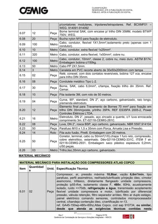 CLASSIFICAÇÃO:
RESERVADO, ATÉ A PUBLICAÇÃO DO EDITAL.
PÚBLICO, APÓS A PUBLICAÇÃO DO EDITAL.
CT:______________
Rev.f Página 57/79
Gerência de Contratação de Serviços e Soluções Integradas – MS/CS
p/contatores modulares, tripolares/tetrapolares. Ref. BCXMF01 –
WEG. 914091-914092
6.07 12 Peça
Borne terminal SAK, com encaixe p/ trilho DIN 35MM, modelo BTWP
750V, WEG.
6.08 20 Peça Bucha nylon M10 para fixação de eletroduto.
6.09 100 Metro
Cabo, condutor, flexível 1X1,5mm²,isolamento preto (apenas com 1
condutor).
6.10 10 Metro Cabo, condutor, extra flexível 1x25mm².
6.11 320 Metro Cabo, condutor, extra flexível, 1x50mm², cobre nu.
6.12 100 Metro
Cabo, condutor, 10mm², classe 2, cobre nu, meio duro. ASTM B174.
Embalagem bobina c/150kg.
6.13 50 Metro Cabo PP 2X1,5mm.
6.14 3 Metro Canaleta em PVC recorte aberto de 30x50x2000mm com tampa
6.15 02 Peça
Relé, conexel, com dois contatos reversíveis, bobina 127 vca, encaixe
para trilho DIN 35mm.
6.16 08 Peça Condulete metálico Tipo L-2.
6.17 30 Peça
Borne, SAK, cabo 6,0mm², c/tampa, fixação trilho din 35mm. Ref.
Cemar.
6.18 10 Peça Fita isolante 3M, com rolo de 50 metros.
6.19 04 Peça
Curva, 90º, standard, DN 2", aço carbono, galvanizado, raio longo,
p/emenda eletroduto.
6.20 12 Peça
Elemento final para Travamento de Bornes 70 mm² para fixação em
trilho DIN 35mm(poste, p/trilho 35PA. REF ES35PA 2005-2, Power
Controles Elétricos LTDA.
6.21 16 Metro
Eletroduto, DN 2”, pesado, aço zincado a quente, c/1 luva enroscada
comprimento 3m. ET-02118-CEMIG-281C.
6.22 08 Peça Luva, DN 2”, rosca BSP, aço carbono, galvanizado, NBR 5597.914104
6.23 50 Peça Parafuso M10 x 1,5 x 35mm com Porca, Arruela Lisa e Pressão.
6.24 14 Rolo Fita auto fusão, Pirelli. Embalagem com 20 metros.
6.25 50 Peça
Conetor, terminal, cabo cu 50mm²(1/0),chapa 1 furo reto, compressão,
cobre eletrolítico, estanhado. Dês-02118-CEMIG-331C, ITEM 7 et-
02118-CEMIG-2931. Embalagem saco plástico espessura 0,2mm,
c/50 peças.
6.26 03 Metro Trilho,liso,35mm,aço carbono, galvanizado.
MATERIAL MECÂNICO
MATERIAL MECÂNICO PARA INSTALAÇÃO DOS COMPRESSORES ATLAS COPCO
Item
Quantidad
e
Unid. Especificação Técnica
6.01 02 Peça
Compressor, ar, pressão máxima 10,8bar, vazão 6,6m³/min, tipo
parafuso, perfil assimétrico, resfriado/lubrificado p/injeção óleo, c/motor
assíncrono, trifásico, diretamente flangeado unidade compressora,
proteção ip55-tfve, isolamento classe F, 480v, 60Hz, acusticamente
isolado, ruído <=70db, refrigeração a água, transmissão acoplamento
flexível unidade compressora e motor, lubrificado por diferencial
pressão, válvula retenção, filtro separador ar/óleo, filtro ar duplo estágio,
painel eletrônico comando sensores, controlados microprocessador
central, c/bandeja contenção óleo, c/certificação nr-13.
ref. GA45-150wp-480v-60hz,Atlas Copco. cod sap 910734, ou similar,
desde que atenda as exigências técnicas contidas nesta
 