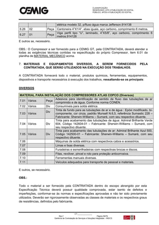 CLASSIFICAÇÃO:
RESERVADO, ATÉ A PUBLICAÇÃO DO EDITAL.
PÚBLICO, APÓS A PUBLICAÇÃO DO EDITAL.
CT:______________
Rev.f Página 59/79
Gerência de Contratação de Serviços e Soluções Integradas – MS/CS
elétrica modelo 32, p/fluxo água marca Jefferson.914138
6.26 02 Peça Cantoneira 4”X1/4”, abas iguais, aço carbono, comprimento 6 metros.
6.27 01 Peça
Viga perfil tipo “U”, laminado, 4”X5/8”, aço carbono, comprimento 6
metros.914128
E outros se, necessário.
OBS.: O Compressor a ser fornecido para a CEMIG GT, pela CONTRATADA, deverá atender a
todas as exigências técnicas contidas na especificação do próprio Compressor, item 6.01 da
planilha de MATERIAL MECÂNICO acima.
7. MATERIAIS E EQUIPAMENTOS DIVERSOS, A SEREM FORNECIDOS PELA
CONTRATADA, QUE SERÃO UTILIZADOS NA EXECUÇÃO DOS TRABALHOS.
A CONTRATADA fornecerá todo o material, produtos químicos, ferramentas, equipamentos,
dispositivos e transporte necessários à execução dos trabalhos, ressaltando-se os principais:
DIVERSOS
MATERIAL PARA INSTALAÇÃO DOS COMPRESSORES ATLAS COPCO (Diversos)
7.01 Vários Peça
Adesivos para identificação de sentido de fluxo das tubulações de ar
comprimido e de água. Conforme norma CONEN.
7.02 Vários Div Consumíveis para solda elétrica.
7.03 Vários
Div
Tinta de fundo para as tubulações de ar e de água : Epóxi modificado, bi-
componente, cor cinza, padrão Munsell N.6,5, referência Sumastic 228 –
Fabricante: Sherwin-Williams – Sumaré, com seu respectivo diluente.
7.04 Vários Div
Tinta para acabamento das tubulações de água: Admiral Brilhante Verde
604, Código 142604-01 – Fabricante: Sherwin-Williams – Sumaré, com
seu respectivo diluente.
7.05 Vários Div
Tinta para acabamento das tubulações de ar: Admiral Brilhante Azul 500,
Código 142500-01 – Fabricante: Sherwin-Williams – Sumaré, com seu
respectivo diluente.
7.06 Máquinas de solda elétrica com respectivos cabos e acessórios.
7.07 Limas e lixas diversas.
7.08 Furadeiras e esmerilhadeiras com respectivas brocas e discos.
7.09 Fitas, revólver, pincel e rolo para proteção anticorrosiva.
7.10 Ferramentas manuais diversas.
7.11 Veículos adequados para transporte de pessoal e materiais.
E outros, se necessário.
OBS.:
Todo o material a ser fornecido pela CONTRATADA dentro do escopo abrangido por esta
Especificação Técnica deverá possuir qualidade comprovada, estar isento de defeitos e
imperfeições, conformar-se às normas e especificações aprovadas e não ter sido previamente
utilizados. Deverão ser rigorosamente observadas as classes de materiais e os respectivos graus
de resistências, definidos pelo fabricante.
 