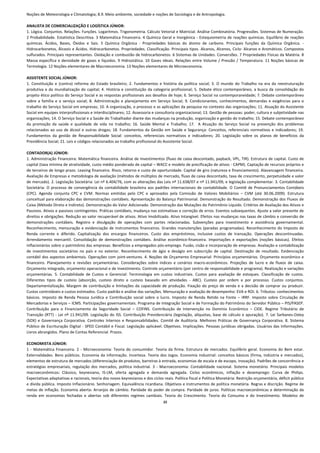 Noções de Meteorologia e Climatologia; 8.9. Meio ambiente, sociedade e noções de Sociologia e de Antropologia. 
 
ANALISTA DE COMERCIALIZAÇÃO E LOGÍSTICA JÚNIOR:  
1. Lógica. Conjuntos. Relações. Funções. Logaritmos. Trigonometria. Cálculo Vetorial e Matricial. Análise Combinatória. Progressões. Sistemas de Numeração. 
2  Probabilidade.  Estatística  Descritiva.  3  Matemática  Financeira.  4  Química  Geral  e  Inorgânica  ‐  Estequiometria  de  reações  químicas.  Equilíbrio  de  reações 
químicas.  Ácidos,  Bases,  Óxidos  e  Sais.  5  Química  Orgânica  ‐  Propriedades  básicas  do  átomo  de  carbono.  Principais  funções  da  Química  Orgânica.  ‐ 
Hidrocarbonetos, Álcoois e Ácidos. Hidrocarbonetos. Propriedades. Classificação. Principais tipos. Alcanos, Alcenos, Ciclo‐ Alcanos e Aromáticos. Compostos 
sulfurados. Principais representantes. Oxidação e combustão de hidrocarbonetos. 6 Sistemas de Unidades. Conversões. 7 Propriedades Físicas da Matéria. 8 
Massa  específica  e  densidade  de  gases  e  líquidos.  9  Hidrostática.  10  Gases  Ideais.  Relações  entre  Volume  /  Pressão  /  Temperatura.  11  Noções  básicas  de 
Termologia. 12 Noções elementares de Macroeconomia. 13 Noções elementares de Microeconomia. 
 
ASSISTENTE SOCIAL JÚNIOR:  
1.  Constituição  e  (contra)  reforma  do  Estado  brasileiro;  2.  Fundamentos  e  história  da  política  social;  3.  O  mundo  do  Trabalho  na  era  da  reestruturação 
produtiva  e  da  mundialização  do  capital;  4.  História  e  constituição  da  categoria  profissional;  5.  Debate  ético  contemporâneo,  a  busca  da  consolidação  do 
projeto ético político do Serviço Social e as respostas profissionais aos desafios de hoje; 6. Serviço Social na contemporaneidade; 7. Debate contemporâneo 
sobre  a  família  e  o  serviço  social;  8.  Administração  e  planejamento  em  Serviço  Social;  9.  Condicionantes,  conhecimentos,  demandas  e  exigências  para  o 
trabalho do Serviço Social em empresas; 10. A organização, o processo e as aplicações da pesquisa no contexto das organizações; 11. Atuação do Assistente 
Social em equipes interprofissionais e interdisciplinares; 12. Assessoria e consultoria organizacional; 13. Gestão de pessoas: poder, cultura e subjetividade nas 
organizações; 14. O Serviço Social e a Saúde do Trabalhador diante das mudanças na produção, organização e gestão do trabalho; 15. Debate contemporâneo 
da  promoção  da  saúde  e  qualidade  de  vida  no  trabalho;  16.  Saúde  Mental  e  Trabalho;  17.    A  Atuação  do  Serviço  Social  na  prevenção  dos  problemas 
relacionados  ao  uso  de  álcool  e  outras  drogas;  18.  Fundamentos  da  Gestão  em  Saúde  e  Segurança:  Conceitos,  referenciais  normativos  e  indicadores;  19. 
Fundamentos  da  gestão  de  Responsabilidade  Social:  conceitos,  referenciais  normativos  e  indicadores;  20.  Legislação  sobre  os  planos  de  benefícios  da 
Previdência Social; 21. Leis e códigos relacionados ao trabalho profissional do Assistente Social. 
 
CONTADOR(A) JÚNIOR:  
1. Administração Financeira: Matemática financeira. Análise de Investimentos (fluxo de caixa descontado, payback, VPL, TIR). Estrutura de capital. Custo de 
capital (taxa mínima de atratividade, custo médio ponderado de capital – WACC e modelo de precificação de ativos ‐ CAPM). Captação de recursos próprios e 
de terceiros de longo prazo. Leasing financeiro. Risco, retorno e custo de oportunidade. Capital de giro (natureza e financiamento). Alavancagem financeira. 
Avaliação de Empresas e metodologia de avaliação (métodos de múltiplos de mercado, fluxo de caixa descontado, taxa de crescimento, perpetuidade e valor 
de mercado). 2. Legislação Societária: Lei nº 6.404/76, com as alterações das Leis nº 11.638/07 e nº 11.941/09, e legislação complementar. 3. Contabilidade 
Societária:  O  processo  de  convergência  da  contabilidade  brasileira  aos  padrões  internacionais  de  contabilidade.  O  Comitê  de  Pronunciamentos  Contábeis 
(CPC).  Agenda  conjunta  CPC  e  CVM.  Normas  emitidas  pelo  CPC  e  aprovados  pela  Comissão  de  Valores  Mobiliários  –  CVM  (até  30.06.2009).  Estrutura 
conceitual para elaboração das demonstrações contábeis. Apresentação do Balanço Patrimonial. Demonstração do Resultado. Demonstração dos Fluxos de 
Caixa (Método Direto e Indireto). Demonstração do Valor Adicionado. Demonstração das Mutações do Patrimônio Líquido. Critérios de Avaliação dos Ativos e 
Passivos. Ativos e passivos contingentes. Práticas contábeis, mudança nas estimativas e correção de erros. Eventos subsequentes. Ajuste a valor presente de 
direitos e obrigações. Redução ao valor recuperável de ativos. Ativo Imobilizado. Ativo Intangível. Efeitos nas mudanças nas taxas de câmbio e conversão de 
demonstrações  contábeis.  Registro  e  divulgação  de  operações  com  partes  relacionadas.  Subvenções  para  investimento  e  assistência  governamental. 
Reconhecimento,  mensuração  e  evidenciação  de  instrumentos  financeiros.  Grandes  manutenções  (paradas  programadas).  Reconhecimento  do  Imposto  de 
Renda  corrente  e  diferido.  Capitalização  dos  encargos  financeiros.  Custo  dos  empréstimos,  inclusive  custos  de  transação.  Operações  descontinuadas. 
Arrendamento  mercantil.  Consolidação  de  demonstrações  contábeis.  Análise  econômico‐financeira.  Importações  e  exportações  (noções  básicas).  Efeitos 
inflacionários sobre o patrimônio das empresas. Benefícios a empregados pós‐emprego. Fusão, cisão e incorporação de empresas. Avaliação e contabilização 
de  investimentos  societários  no  país  e  no  exterior.  Reconhecimento  de  ágio  e  deságio  em  subscrição  de  capital.  Destinação  de  resultado.  Evidenciação 
contábil dos aspectos ambientais. Operações  com joint‐ventures. 4. Noções  de Orçamento Empresarial: Princípios orçamentários. Orçamento econômico e 
financeiro.  Planejamento  e  revisões  orçamentárias.  Considerações  sobre  índices  e  cenários  macro‐econômicos.  Projeções  de  lucro  e  de  fluxos  de  caixa. 
Orçamento integrado, orçamento operacional e de investimento. Controle orçamentário (por centro de responsabilidade e programa). Realização e variações 
orçamentárias.  5.  Contabilidade  de  Custos  e  Gerencial:  Terminologia  em  custos  industriais.  Custos  para  avaliação  de  estoques.  Classificação  de  custos. 
Diferentes  tipos  de  custeio  (absorção,  custeio  direto  e  custeio  baseado  em  atividades  ‐  ABC).  Custeio  por  ordem  e  por  processo.  Custos  conjuntos. 
Departamentalização.  Margem  de  contribuição  e  limitações  da  capacidade  de  produção.  Fixação  do  preço  de  venda  e  a  decisão  de  comprar  ou  produzir. 
Custos controláveis e custos estimados. Custo padrão e análise das variações. Mensuração e avaliação de desempenho: EVA e ROI. 6. Tributos: conhecimentos 
básicos.  Imposto  de  Renda  Pessoa  Jurídica  e  Contribuição  social  sobre  o  lucro.  Imposto  de  Renda  Retido  na  Fonte  –  IRRF.  Imposto  sobre  Circulação  de 
Mercadorias e Serviços – ICMS. Participações governamentais. Programa de Integração Social e de Formação do Patrimônio do Servidor Público – PIS/PASEP. 
Contribuição  para  o  Financiamento  da  Seguridade  Social  –  COFINS.  Contribuição  de  Intervenção  no  Domínio  Econômico  –  CIDE.  Regime  Tributário  de 
Transição  (RTT)  ‐  Lei  nº  11.941/09.  Legislação  do  ISS.  Contribuição  Previdenciária  (legislação,  alíquotas,  base  de  cálculo  e  apuração).  7.  Lei  Sarbanes‐Oxley 
(SOX)  e  Governança  Corporativa.  Controles  Internos  e  Responsabilidades.  Comitê  de  Auditoria.  Melhores  Práticas  de  Governança  Corporativa.  8.  Sistema 
Público  de  Escrituração  Digital  ‐  SPED  Contábil  e  Fiscal.  Legislação  aplicável.  Objetivos.  Implicações.  Pessoas  jurídicas  obrigadas.  Usuários  das  Informações. 
Livros abrangidos. Plano de Contas Referencial. Prazos. 
 
ECONOMISTA JÚNIOR: 
1  ‐  Matemática  Financeira.  2  ‐  Microeconomia:  Teoria  do  consumidor.  Teoria  da  firma.  Estrutura  de  mercados.  Equilíbrio  geral.  Economia  do  Bem  estar. 
Externalidades.  Bens  públicos.  Economia  da  informação.  Incerteza.  Teoria  dos  Jogos.  Economia  industrial:  conceitos  básicos  (firma,  indústria  e  mercados), 
elementos de estrutura de mercados (diferenciação de produtos, barreiras à entrada, economias de escala e de escopo, inovação). Padrões de concorrência e 
estratégias  empresariais,  regulação  dos  mercados,  política  industrial.  3  ‐  Macroeconomia:  Contabilidade  nacional.  Sistema  monetário.  Principais  modelos 
macroeconômicos:  Clássico,  keynesiano,  IS‐LM,  oferta  agregada  e  demanda  agregada.  Ciclos  econômicos,  inflação  e  desemprego:  Curva  de  Philips. 
Expectativas adaptativas e racionais, teoria dos novos keynesianos e dos ciclos reais. Política fiscal e Política Monetária: Restrição orçamentária, déficit público 
e dívida pública. Imposto Inflacionário. Senhoriagem. Equivalência ricardiana. Objetivos e instrumentos de política monetária. Regras e discrição. Regime de 
metas  de  inflação.  Economia  aberta:  Arranjos  de  câmbio.  Paridade  do  poder  de  compra.  Paridade  de  juros.  Políticas  macroeconômicas  e  determinação  da 
renda  em  economias  fechadas  e  abertas  sob  diferentes  regimes  cambiais.  Teoria  do  Crescimento.  Teoria  do  Consumo  e  do  Investimento.  Modelos  de 
                                                                                       23
 