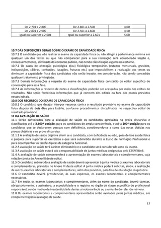13
De 2.701 a 2.800 De 2.401 a 2.500 4,00
De 2.801 a 2.900 De 2.501 a 2.600 4,50
Igual ou superior a 2.901 Igual ou superior a 2.601 5,00
10.7 DAS DISPOSIÇÕES GERAIS SOBRE O EXAME DE CAPACIDADE FÍSICA
10.7.1 O candidato que não realizar o exame de capacidade física ou não atingir a performance mínima em
qualquer um dos testes ou que não comparecer para a sua realização será considerado inapto e,
consequentemente, eliminado do concurso público, não tendo classificação alguma no certame.
10.7.2 Os casos de alteração psicológica e(ou) fisiológica temporários (estados menstruais, gravidez,
indisposições, cãibras, contusões, luxações, fraturas etc.) que impossibilitem a realização dos testes ou
diminuam a capacidade física dos candidatos não serão levados em consideração, não sendo concedido
qualquer tratamento privilegiado.
10.7.3 Demais informações a respeito do exame de capacidade física constarão de edital específico de
convocação para essa fase.
10.7.4 As informações a respeito de notas e classificações poderão ser acessadas por meio dos editais de
resultados. Não serão fornecidas informações que já constem dos editais ou fora dos prazos previstos
nesses editais.
10.8 DOS RECURSOS DO EXAME DE CAPACIDADE FÍSICA
10.8.1 O candidato que desejar interpor recursos contra o resultado provisório no exame de capacidade
física disporá de dois dias para fazê-lo, conforme procedimentos disciplinados no respectivo edital de
resultado provisório.
11 DA AVALIAÇÃO DE SAÚDE
11.1 Serão convocados para a avaliação de saúde os candidatos aprovados na prova discursiva e
classificados até a 3.800ª posição, para os candidatos de ampla concorrência, e até a 200ª posição para os
candidatos que se declararem pessoas com deficiência, considerando-se a soma das notas obtidas nas
provas objetivas e na prova discursiva.
11.1.1 A avaliação de saúde objetiva aferir se o candidato, com deficiência ou não, goza de boa saúde física
e psíquica para suportar os exercícios a que será submetido durante o Curso de Formação Profissional e
para desempenhar as tarefas típicas da categoria funcional.
11.2 A avaliação de saúde terá caráter eliminatório e o candidato será considerado apto ou inapto.
11.3 A avaliação de saúde estará sob a responsabilidade de juntas médicas designadas pelo CESPE/UnB.
11.4 A avaliação de saúde compreenderá a apresentação de exames laboratoriais e complementares, cuja
relação consta do Anexo III deste edital.
11.5 O candidato submetido à avaliação de saúde deverá apresentar à junta médica os exames laboratoriais
e complementares, previstos no Anexo III deste edital. A junta médica poderá solicitar, ainda, a realização
de outros exames laboratoriais e complementares, além dos previstos, para fins de elucidação diagnóstica.
11.6 O candidato deverá providenciar, às suas expensas, os exames laboratoriais e complementares
necessários.
11.7 Em todos os exames laboratoriais e complementares, além do nome do candidato, deverá constar,
obrigatoriamente, a assinatura, a especialidade e o registro no órgão de classe específico do profissional
responsável, sendo motivo de inautenticidade destes a inobservância ou a omissão do referido número.
11.8 Os exames laboratoriais e complementares apresentados serão avaliados pelas juntas médicas, em
complementação à avaliação de saúde.
 